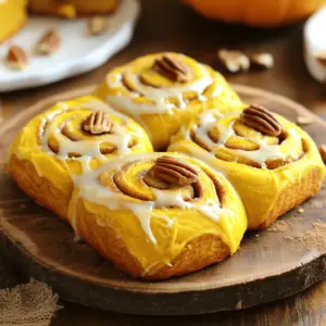 To make the dough, gather these key ingredients: - 2 ½ cups all-purpose flour - ¼ cup granulated sugar - 1 packet (2 ¼ tsp) instant yeast - 1 tsp cinnamon - ½ tsp nutmeg - ½ tsp salt - ½ cup milk (warmed) - ¼ cup unsalted butter (melted) - ½ cup pumpkin puree - 1 large egg - ¼ tsp vanilla extract These ingredients create a soft and flavorful base. The pumpkin puree adds moisture and a nice flavor. Instant yeast helps the dough rise quickly. For the filling, you will need: - ¼ cup brown sugar - 1 tbsp cinnamon - ¼ cup unsalted butter (softened) - ½ cup chopped pecans (optional) The brown sugar and cinnamon mix gives a sweet and spicy taste. If you like nuts, the pecans add a nice crunch. To make the glaze, prepare: - 1 cup powdered sugar - 2 tbsp cream cheese (softened) - 1-2 tbsp milk - ¼ tsp vanilla extract This glaze adds a creamy finish. You can adjust the milk to get the right thickness for drizzling. To start, gather your ingredients. In a large bowl, mix 2 cups of all-purpose flour, ¼ cup of granulated sugar, 1 packet of instant yeast, 1 teaspoon of cinnamon, ½ teaspoon of nutmeg, and ½ teaspoon of salt. Stir them together well. In a separate bowl, whisk ½ cup of warmed milk, ¼ cup of melted unsalted butter, ½ cup of pumpkin puree, 1 large egg, and ¼ teaspoon of vanilla extract until smooth. Slowly pour the wet mix into the dry mix, stirring as you go. Add the remaining flour gradually until you form a soft dough. Now, dust your clean surface with flour and transfer the dough onto it. Knead the dough for about 5 to 7 minutes. You want it to feel smooth and elastic. Once done, place the dough in a greased bowl. Cover it with a clean cloth and let it rise in a warm spot for about 1 hour, or until it doubles in size. After the dough has risen, punch it down gently. Roll it out into a large rectangle, about 12 by 18 inches. In a small bowl, mix together ¼ cup of brown sugar, 1 tablespoon of cinnamon, and ¼ cup of softened unsalted butter. If you like, add ½ cup of chopped pecans to this filling. Spread the filling evenly over the dough. Starting from one long edge, tightly roll the dough into a log. Cut the log into 12 equal pieces and place them in a greased baking dish. Cover again with a cloth and let the rolls rise for 30 to 40 minutes until puffy. While the rolls rise, preheat your oven to 350°F (175°C). Once risen, bake the rolls for 25 to 30 minutes. You want them to turn a lovely golden brown. While they bake, you can prepare the glaze. In a medium bowl, whisk 1 cup of powdered sugar, 2 tablespoons of softened cream cheese, 1 to 2 tablespoons of milk, and ¼ teaspoon of vanilla extract until smooth. Adjust the milk to get the right consistency. Once the rolls are out of the oven and cooled slightly, drizzle the glaze over the top. Enjoy the warm, soft goodness! To get the best rise, use warm milk. It helps wake up the yeast. Make sure your dough is soft and smooth. Knead it well for about 5-7 minutes. After that, place it in a greased bowl. Cover it with a clean cloth. Let it rise in a warm spot for one hour. The dough should double in size. If your kitchen is cold, try placing it near a warm oven. When rolling your dough, make sure your surface is floured. This stops the dough from sticking. Roll it out into a 12x18-inch rectangle. Keep it even to ensure uniform rolls. Use a light touch when rolling. This keeps the air bubbles intact. After spreading the filling, roll it tightly from the long edge. This helps form nice, even rolls. Slice them into 12 equal pieces for even baking. For the glaze, start with softened cream cheese. Whisk it with powdered sugar in a bowl. Add milk slowly to reach the right thickness. You want it smooth but not too runny. Adjust the milk to your liking. After baking, let the rolls cool a bit. Drizzle the glaze over the warm rolls. This makes them look beautiful and taste even better. Add a sprinkle of cinnamon on top for extra flair. {{image_2}} You can change the filling for these pumpkin cinnamon rolls. If you crave cream cheese, spread softened cream cheese over the dough before rolling it. Mix in some sugar for extra sweetness. For a chocolate twist, sprinkle chocolate chips over the filling. This adds a rich taste that pairs well with pumpkin. You can get creative and use fruit spreads or nut butters. Just remember to keep the flavors balanced. Toppings can add crunch and flavor to your rolls. Chopped nuts work well. I love using pecans or walnuts for this. They add a nice texture. You can also add dried fruit, like cranberries or raisins. They provide a sweet, chewy bite. For an extra touch, sprinkle some cinnamon or nutmeg on top. This will enhance the warm flavors in the rolls. If you need gluten-free rolls, use a gluten-free flour blend. Look for one designed for baking. It helps achieve the right texture. You can also check if the yeast is gluten-free. This is essential for the dough to rise correctly. Follow the same steps in the recipe, but keep an eye on the baking time. Gluten-free dough may need slight adjustments. Storing leftover pumpkin cinnamon rolls is easy. First, let them cool to room temperature. Then, place them in an airtight container. This keeps them fresh and moist. If you have a lot, you can layer them with parchment paper. This prevents them from sticking together. To freeze pumpkin cinnamon rolls, wrap each one tightly in plastic wrap. Then, place them in a freezer bag. This helps keep the rolls fresh for up to three months. When you want to eat them, take out the rolls and let them thaw in the fridge overnight. After thawing, you can reheat them in the oven. Bake at 350°F for about 10 minutes. This warms them up and helps restore their soft texture. In the fridge, these cinnamon rolls last about 4 to 5 days. Just keep them in an airtight container. If you notice any mold or strange smells, it's best to throw them away. Enjoy your tasty treats while they're still fresh! Yes, you can prepare these rolls ahead of time. Make the dough and let it rise. After the first rise, shape the rolls and place them in the baking dish. Cover tightly with plastic wrap and refrigerate overnight. The next day, let them warm up for about 30 minutes before baking. This method gives you fresh rolls in the morning with less work. If you lack pumpkin puree, you can use sweet potato puree or even butternut squash puree. Both will give a similar flavor and texture. You can also use applesauce for a different taste. Just keep in mind that the rolls may be a bit sweeter with applesauce. To make these rolls vegan, swap the egg for a flaxseed egg or a chia seed egg. Mix one tablespoon of flaxseed meal or chia seeds with three tablespoons of water and let it sit for five minutes. Use plant-based milk instead of regular milk, and replace the butter with coconut oil or vegan butter. You can serve these rolls with a warm cup of coffee or tea. A side of fruit, like sliced apples or pears, adds freshness. For extra flavor, consider a scoop of vanilla ice cream or whipped cream. You can also top them with additional chopped pecans for crunch. In this blog post, we explored how to make delicious pumpkin cinnamon rolls. We discussed the key ingredients, step-by-step instructions, tips for a perfect rise, and fun variations. Proper storage helps keep your rolls fresh for longer. You can even prepare them ahead or adjust ingredients to fit your needs. Enjoy trying these simple recipes, and don’t hesitate to experiment with your favorite flavors. The joy of baking brings warmth and taste to your kitchen.