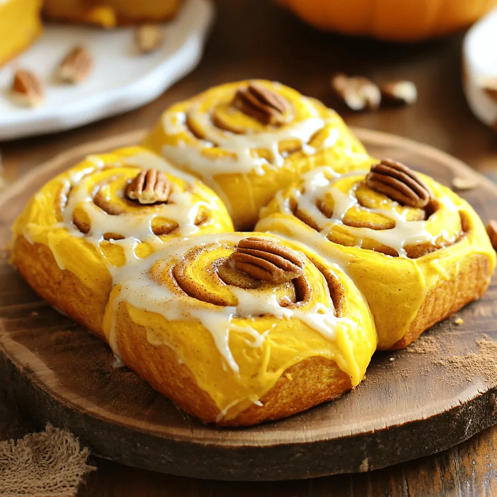 To make the dough, gather these key ingredients: - 2 ½ cups all-purpose flour - ¼ cup granulated sugar - 1 packet (2 ¼ tsp) instant yeast - 1 tsp cinnamon - ½ tsp nutmeg - ½ tsp salt - ½ cup milk (warmed) - ¼ cup unsalted butter (melted) - ½ cup pumpkin puree - 1 large egg - ¼ tsp vanilla extract These ingredients create a soft and flavorful base. The pumpkin puree adds moisture and a nice flavor. Instant yeast helps the dough rise quickly. For the filling, you will need: - ¼ cup brown sugar - 1 tbsp cinnamon - ¼ cup unsalted butter (softened) - ½ cup chopped pecans (optional) The brown sugar and cinnamon mix gives a sweet and spicy taste. If you like nuts, the pecans add a nice crunch. To make the glaze, prepare: - 1 cup powdered sugar - 2 tbsp cream cheese (softened) - 1-2 tbsp milk - ¼ tsp vanilla extract This glaze adds a creamy finish. You can adjust the milk to get the right thickness for drizzling. To start, gather your ingredients. In a large bowl, mix 2 cups of all-purpose flour, ¼ cup of granulated sugar, 1 packet of instant yeast, 1 teaspoon of cinnamon, ½ teaspoon of nutmeg, and ½ teaspoon of salt. Stir them together well. In a separate bowl, whisk ½ cup of warmed milk, ¼ cup of melted unsalted butter, ½ cup of pumpkin puree, 1 large egg, and ¼ teaspoon of vanilla extract until smooth. Slowly pour the wet mix into the dry mix, stirring as you go. Add the remaining flour gradually until you form a soft dough. Now, dust your clean surface with flour and transfer the dough onto it. Knead the dough for about 5 to 7 minutes. You want it to feel smooth and elastic. Once done, place the dough in a greased bowl. Cover it with a clean cloth and let it rise in a warm spot for about 1 hour, or until it doubles in size. After the dough has risen, punch it down gently. Roll it out into a large rectangle, about 12 by 18 inches. In a small bowl, mix together ¼ cup of brown sugar, 1 tablespoon of cinnamon, and ¼ cup of softened unsalted butter. If you like, add ½ cup of chopped pecans to this filling. Spread the filling evenly over the dough. Starting from one long edge, tightly roll the dough into a log. Cut the log into 12 equal pieces and place them in a greased baking dish. Cover again with a cloth and let the rolls rise for 30 to 40 minutes until puffy. While the rolls rise, preheat your oven to 350°F (175°C). Once risen, bake the rolls for 25 to 30 minutes. You want them to turn a lovely golden brown. While they bake, you can prepare the glaze. In a medium bowl, whisk 1 cup of powdered sugar, 2 tablespoons of softened cream cheese, 1 to 2 tablespoons of milk, and ¼ teaspoon of vanilla extract until smooth. Adjust the milk to get the right consistency. Once the rolls are out of the oven and cooled slightly, drizzle the glaze over the top. Enjoy the warm, soft goodness! To get the best rise, use warm milk. It helps wake up the yeast. Make sure your dough is soft and smooth. Knead it well for about 5-7 minutes. After that, place it in a greased bowl. Cover it with a clean cloth. Let it rise in a warm spot for one hour. The dough should double in size. If your kitchen is cold, try placing it near a warm oven. When rolling your dough, make sure your surface is floured. This stops the dough from sticking. Roll it out into a 12x18-inch rectangle. Keep it even to ensure uniform rolls. Use a light touch when rolling. This keeps the air bubbles intact. After spreading the filling, roll it tightly from the long edge. This helps form nice, even rolls. Slice them into 12 equal pieces for even baking. For the glaze, start with softened cream cheese. Whisk it with powdered sugar in a bowl. Add milk slowly to reach the right thickness. You want it smooth but not too runny. Adjust the milk to your liking. After baking, let the rolls cool a bit. Drizzle the glaze over the warm rolls. This makes them look beautiful and taste even better. Add a sprinkle of cinnamon on top for extra flair. {{image_2}} You can change the filling for these pumpkin cinnamon rolls. If you crave cream cheese, spread softened cream cheese over the dough before rolling it. Mix in some sugar for extra sweetness. For a chocolate twist, sprinkle chocolate chips over the filling. This adds a rich taste that pairs well with pumpkin. You can get creative and use fruit spreads or nut butters. Just remember to keep the flavors balanced. Toppings can add crunch and flavor to your rolls. Chopped nuts work well. I love using pecans or walnuts for this. They add a nice texture. You can also add dried fruit, like cranberries or raisins. They provide a sweet, chewy bite. For an extra touch, sprinkle some cinnamon or nutmeg on top. This will enhance the warm flavors in the rolls. If you need gluten-free rolls, use a gluten-free flour blend. Look for one designed for baking. It helps achieve the right texture. You can also check if the yeast is gluten-free. This is essential for the dough to rise correctly. Follow the same steps in the recipe, but keep an eye on the baking time. Gluten-free dough may need slight adjustments. Storing leftover pumpkin cinnamon rolls is easy. First, let them cool to room temperature. Then, place them in an airtight container. This keeps them fresh and moist. If you have a lot, you can layer them with parchment paper. This prevents them from sticking together. To freeze pumpkin cinnamon rolls, wrap each one tightly in plastic wrap. Then, place them in a freezer bag. This helps keep the rolls fresh for up to three months. When you want to eat them, take out the rolls and let them thaw in the fridge overnight. After thawing, you can reheat them in the oven. Bake at 350°F for about 10 minutes. This warms them up and helps restore their soft texture. In the fridge, these cinnamon rolls last about 4 to 5 days. Just keep them in an airtight container. If you notice any mold or strange smells, it's best to throw them away. Enjoy your tasty treats while they're still fresh! Yes, you can prepare these rolls ahead of time. Make the dough and let it rise. After the first rise, shape the rolls and place them in the baking dish. Cover tightly with plastic wrap and refrigerate overnight. The next day, let them warm up for about 30 minutes before baking. This method gives you fresh rolls in the morning with less work. If you lack pumpkin puree, you can use sweet potato puree or even butternut squash puree. Both will give a similar flavor and texture. You can also use applesauce for a different taste. Just keep in mind that the rolls may be a bit sweeter with applesauce. To make these rolls vegan, swap the egg for a flaxseed egg or a chia seed egg. Mix one tablespoon of flaxseed meal or chia seeds with three tablespoons of water and let it sit for five minutes. Use plant-based milk instead of regular milk, and replace the butter with coconut oil or vegan butter. You can serve these rolls with a warm cup of coffee or tea. A side of fruit, like sliced apples or pears, adds freshness. For extra flavor, consider a scoop of vanilla ice cream or whipped cream. You can also top them with additional chopped pecans for crunch. In this blog post, we explored how to make delicious pumpkin cinnamon rolls. We discussed the key ingredients, step-by-step instructions, tips for a perfect rise, and fun variations. Proper storage helps keep your rolls fresh for longer. You can even prepare them ahead or adjust ingredients to fit your needs. Enjoy trying these simple recipes, and don’t hesitate to experiment with your favorite flavors. The joy of baking brings warmth and taste to your kitchen.