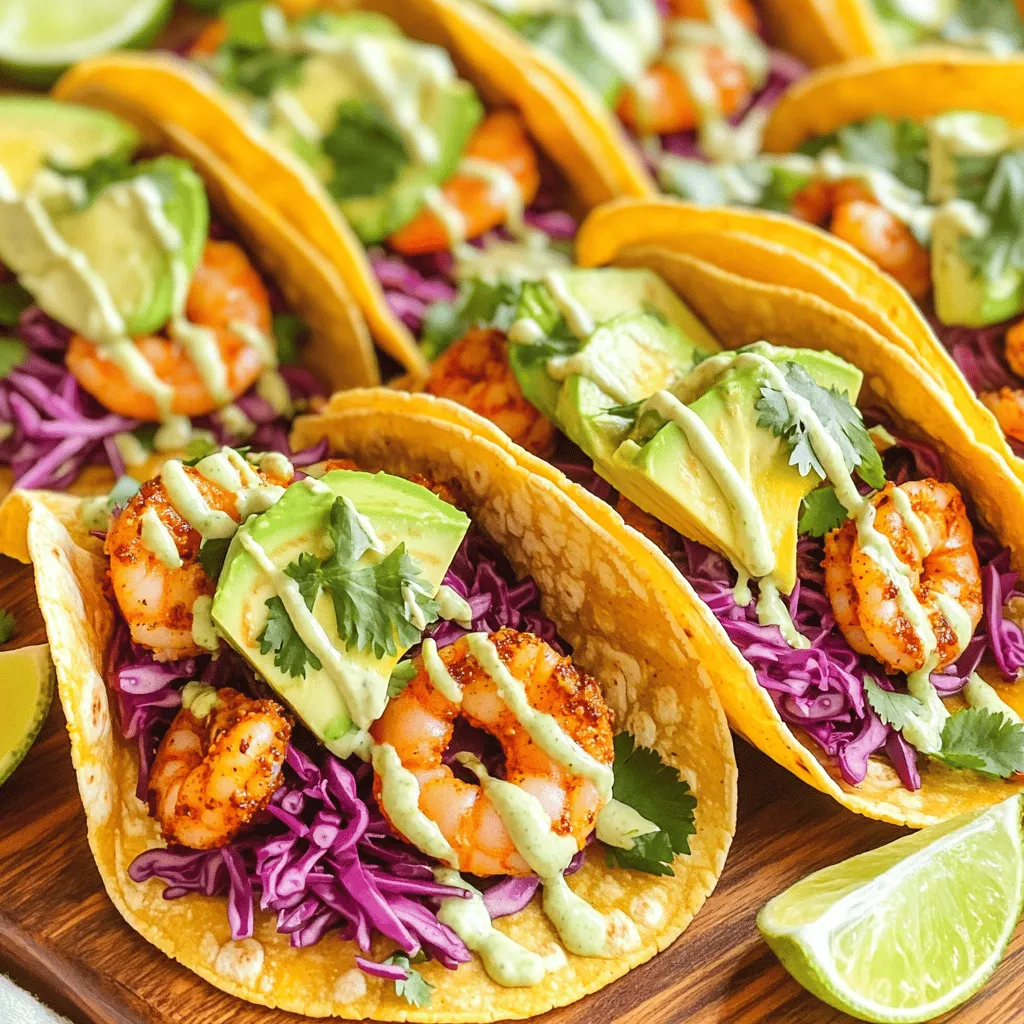To make tasty shrimp tacos, you need a few key ingredients. Here’s what you’ll need: - 1 pound shrimp, peeled and deveined - 1 tablespoon olive oil - 1 teaspoon chili powder - 1 teaspoon cumin - 1/2 teaspoon garlic powder - 1/2 teaspoon salt - 1/4 teaspoon black pepper - 8 small corn tortillas - 1 cup shredded red cabbage - 1 avocado, sliced - Fresh cilantro, for garnish These ingredients give the tacos their great flavor. The spices add warmth, while the shrimp provides a nice texture. Now, let’s talk about the lime crema. This creamy sauce brings everything together. Here’s what you need: - 1/2 cup Greek yogurt - 1 tablespoon mayonnaise - 1 tablespoon lime juice - Zest of 1 lime - Salt, to taste The Greek yogurt makes it rich and creamy, while lime juice adds a bright and fresh taste. You can make your tacos even better with some extra toppings. Here are some ideas: - Diced tomatoes - Sliced jalapeños - Crumbled queso fresco - Lime wedges on the side These toppings add crunch and extra flavor. Feel free to mix and match based on what you like! Start by gathering your shrimp and spices. You need one pound of shrimp, peeled and deveined. In a bowl, mix the shrimp with one tablespoon of olive oil. Add one teaspoon of chili powder, one teaspoon of cumin, half a teaspoon of garlic powder, half a teaspoon of salt, and a quarter teaspoon of black pepper. Toss the shrimp well to coat it evenly in the spices. This step adds a lot of flavor. Next, heat a skillet over medium heat. Once it's hot, add the shrimp. Cook them for about two to three minutes on each side. They should turn pink and opaque when done. This means they're ready! Remove the shrimp from the heat and set them aside. While the shrimp cooks, it's time to make the lime crema. In a small bowl, combine half a cup of Greek yogurt with one tablespoon of mayonnaise. Add one tablespoon of lime juice and the zest of one lime. Mix everything until it's smooth. Taste it and add a pinch of salt if needed. This creamy sauce will add a fresh kick to your tacos. Now, let's put everything together. Start by warming the corn tortillas in a dry skillet or microwave until they are soft. This makes them easier to fold. Take one tortilla and place a few shrimp in the center. Top it with some shredded red cabbage and sliced avocado. Finally, drizzle a generous amount of lime crema over the top. For the finishing touch, garnish with fresh cilantro. Repeat this process for the rest of the tortillas. Serve your shrimp tacos on a large platter, and add some lime wedges on the side for extra flavor. Enjoy your delicious creation! To cook shrimp just right, start with fresh shrimp. If using frozen shrimp, thaw it first. After that, dry the shrimp with paper towels. This helps the shrimp sear better. Mix the shrimp with olive oil and spices. I love using chili powder, cumin, garlic powder, salt, and black pepper for a great flavor. Heat a skillet over medium heat. Place the seasoned shrimp in the skillet. Cook for 2-3 minutes on each side. Look for pink, opaque shrimp. That means they are done! When assembling your tacos, warm the corn tortillas first. Use a dry skillet or microwave for this. This makes them soft and easy to fold. Place a few shrimp in the center of each tortilla. Top with shredded red cabbage for crunch. Add slices of avocado for creaminess. Drizzle the lime crema on top for a zesty kick. You can also layer your toppings in any order you like. Just make sure to balance flavors and textures. Presentation is key for any dish. I suggest serving your tacos on a large platter. Add lime wedges on the side for extra zing. For a fun touch, use upright taco holders. They keep the tacos stable and look great. Lastly, sprinkle fresh cilantro over the tacos. This adds color and a fresh taste. Enjoy the beauty of your dish before diving in! {{image_2}} You can switch shrimp for other proteins. Chicken, fish, or tofu work great. For chicken, use small, diced pieces. If you choose fish, pick a firm type like cod. Tofu is a good option for a plant-based meal. Just make sure to season them well, like with chili powder and cumin. Corn tortillas are classic but not the only choice. Flour tortillas are soft and easy to fold. You can also use lettuce wraps for a low-carb option. Experiment with different sizes too! Mini tortillas are fun for a snack, while larger ones are great for a full meal. Want more heat? Add a diced jalapeño or hot sauce to the shrimp mix. For a milder taste, skip the chili powder. You can also serve with a side of salsa to let everyone choose their spice level. This way, everyone can enjoy their tacos just the way they like! To store leftover tacos, wrap them tightly in plastic wrap or foil. This keeps them fresh. Place them in an airtight container in the fridge. They are best eaten within two days. The tortillas may get soggy over time. For lime crema, transfer it to an airtight container. Store the crema in the fridge. It lasts about three days. Stir well before using it again. The flavors may develop more as it sits. To reheat shrimp tacos, gently warm them in a skillet over low heat. This keeps the shrimp tender. You can also microwave them for about 30 seconds. If using the microwave, cover them to hold in moisture. Avoid reheating the lime crema. Enjoy tacos warm for the best flavor! Yes, you can use frozen shrimp. Just thaw them first. Place the shrimp in cold water for about 10-15 minutes. This helps them defrost evenly. Pat them dry with a towel before cooking. This step makes the shrimp cook better. You can make shrimp tacos without tortillas by using lettuce wraps. Romaine or butter lettuce works best. Just take a leaf and fill it with shrimp and toppings. This choice is low-carb and fresh. You still get all the great flavors. You can use avocado sauce or salsa. A spicy chipotle sauce mixes well with shrimp. You can also try a yogurt-based ranch dressing. Each sauce adds a unique taste to the tacos. Don’t be afraid to experiment! Shrimp tacos are easy to make and fun to enjoy. This post covered the main ingredients, easy steps, and helpful tips. I showed ways to customize your tacos and store leftovers too. Keep these ideas in mind for tasty meals. I hope these shrimp tacos inspire you to cook something new. Creating your own version can be a delightful experience. Let your taste buds explore!