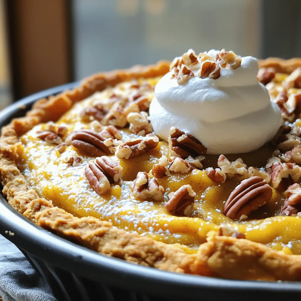 To make a tasty Pumpkin Pecan Cobbler, you need these key ingredients: - 1 can (15 oz) pure pumpkin - 1 cup brown sugar - 1 cup evaporated milk - 3 large eggs - 2 teaspoons pumpkin pie spice - 1 teaspoon vanilla extract - 1 cup all-purpose flour - 1 teaspoon baking powder - 1/2 teaspoon salt - 1 cup chopped pecans - 1/2 cup unsalted butter, melted These items create the warm, sweet flavor that makes this dessert special. The pure pumpkin gives it that classic fall taste. The brown sugar adds richness, while the eggs and evaporated milk keep it creamy. When serving your cobbler, try these fun ideas: - Add a dollop of whipped cream on top for a creamy finish. - Sprinkle extra chopped pecans for added crunch. - A drizzle of caramel sauce can add sweetness and flair. These garnishes not only enhance the taste but also make your dessert look lovely. If you need to change some ingredients, here are safe swaps: - Use fresh pumpkin instead of canned for a different flavor. - Swap brown sugar with maple syrup for a unique touch. - If you want a dairy-free option, use almond milk instead of evaporated milk. These substitutions can help fit your taste or dietary needs while keeping the deliciousness! First, gather all your ingredients. You will need: - 1 can (15 oz) pure pumpkin - 1 cup brown sugar - 1 cup evaporated milk - 3 large eggs - 2 teaspoons pumpkin pie spice - 1 teaspoon vanilla extract - 1 cup all-purpose flour - 1 teaspoon baking powder - 1/2 teaspoon salt - 1 cup chopped pecans - 1/2 cup unsalted butter, melted - Whipped cream (for serving) Start by preheating your oven to 350°F (175°C). Grease a 9x13-inch baking dish. This helps the cobbler come out easily after baking. In a large bowl, whisk together the pure pumpkin, brown sugar, and evaporated milk. Mix until it is smooth. This base is full of flavor. Next, add the eggs, pumpkin pie spice, and vanilla extract. Mix this well to blend everything together. In a separate bowl, combine the flour, baking powder, and salt. Gradually add this dry mix to the wet mixture. Stir gently until just combined. Do not overmix; lumps are okay. Finally, fold in the chopped pecans and melted butter. This gives the cobbler its crunchy texture. Now, pour the cobbler batter into your prepared baking dish. Spread it out evenly. Bake it in the oven for about 30-35 minutes. To check for doneness, insert a toothpick into the center. If it comes out clean, the cobbler is ready. Allow it to cool slightly before serving. Enjoy warm with whipped cream on top! To get a perfect texture in your Pumpkin Pecan Cobbler, use a few simple tips. First, do not overmix the batter when you combine the wet and dry ingredients. Stir just until you see no dry flour. This keeps the cobbler light and fluffy. Second, fold in the chopped pecans gently. This helps maintain a great texture and evenly distributes the nuts. Lastly, bake until a toothpick comes out clean. This means your cobbler is done but still moist. There are some common mistakes that can ruin your cobbler. One mistake is using too much flour. Measure carefully to keep it from being dry. Another error is skipping the greasing step for your baking dish. This can cause your cobbler to stick. Also, make sure your oven is preheated. If it is not hot enough, your cobbler may not rise well. Lastly, avoid cutting into the cobbler too soon. Letting it cool a bit helps it set. You can enhance the flavor of your Pumpkin Pecan Cobbler with a few easy tricks. Try adding a pinch of nutmeg or cinnamon to the batter. This will deepen those warm fall flavors. You can also swap in maple syrup for some of the brown sugar. This adds a rich, sweet note. For extra texture, sprinkle more chopped pecans on top before baking. This gives a nice crunch and makes it look pretty. Serving it warm with whipped cream elevates the whole experience. {{image_2}} To make a gluten-free version, swap the all-purpose flour. Use a 1:1 gluten-free flour blend. This blend works great and gives you a nice texture. Follow the same steps as the original recipe. The taste remains rich and delicious. You won’t miss the gluten at all! For a vegan twist, replace the eggs and evaporated milk. Use 1/4 cup of applesauce for each egg. For milk, try coconut or almond milk instead. This change keeps the cobbler moist and tasty. Your vegan guests will love this option. It’s still packed with flavor and warmth. If you want to switch up the nuts, try walnuts or almonds. Both give a nice crunch. Chop them finely and fold them into the batter. This small change adds a new flavor to your cobbler. You can also skip nuts if you prefer. The cobbler will still be delightful! To keep your Pumpkin Pecan Cobbler fresh, let it cool first. Once it’s cool, cover it tightly with plastic wrap or aluminum foil. You can also use an airtight container. Store it in the fridge for up to four days. This keeps the flavors nice and the texture right. When you want to enjoy your leftover cobbler, preheat the oven to 350°F (175°C). Place the cobbler in an oven-safe dish. Cover it with foil to keep it moist. Heat for about 15 to 20 minutes. You can also use a microwave. Just warm it for 30 seconds to a minute. Check that it’s hot all the way through. To freeze your Pumpkin Pecan Cobbler, first let it cool completely. Cut it into portions for easy serving later. Wrap each piece in plastic wrap, then place them in a freezer bag. Squeeze out as much air as possible. The cobbler can last up to three months in the freezer. When you’re ready to eat, thaw it in the fridge overnight before reheating. Yes, you can use fresh pumpkin! Start with a small pumpkin. Cook it, peel it, and mash it. You need about 2 cups of fresh pumpkin to replace one can. This fresh taste can add a new layer of flavor. Just remember to adjust the moisture level since fresh pumpkin is a bit wetter than canned. You can serve your Pumpkin Pecan Cobbler with whipped cream or vanilla ice cream. Both options offer a creamy contrast to the warm cobbler. Add a sprinkle of cinnamon on top for extra flavor. You might also enjoy it with a cup of spiced tea or coffee to enhance the fall vibes. Pumpkin Pecan Cobbler lasts about 3 to 4 days in the fridge. Store it in an airtight container for the best results. If you want to enjoy it later, you can freeze it. Just make sure it cools before you freeze. In the freezer, it can last for about 2 to 3 months. In this post, I shared how to make a tasty Pumpkin Pecan Cobbler. We talked about essential ingredients, helpful tips, and creative variations. You learned about garnishes and substitutions to fit your needs. Remember, the key to success is in the details—like texture and flavor. Don't forget to store leftovers properly. Baking can be fun and rewarding. Enjoy every bite of your creation!