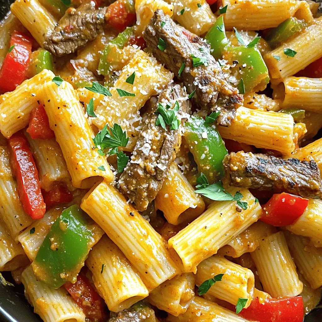 - 1 lb steak tips (sirloin or flank steak) - 2 tablespoons Cajun seasoning - 12 oz rigatoni pasta - 2 tablespoons olive oil - 1 red bell pepper, diced - 1 green bell pepper, diced - 1 medium onion, chopped - 3 cloves garlic, minced - 1 cup heavy cream - 1 cup shredded Parmesan cheese - Salt and pepper to taste - Fresh parsley, chopped (for garnish) - Large pot for boiling pasta - Large skillet for cooking - Mixing bowl for marinating steak - Measuring cups and spoons - Chopping board and knife When you set out to make Cajun Steak Tips Rigatoni, gather these key ingredients first. The steak tips are the star, so choose either sirloin or flank steak for best results. The Cajun seasoning packs a punch, adding that spicy kick we all love. You will need rigatoni pasta, which holds the sauce well. The mix of red and green bell peppers gives the dish color and crunch. Onion and garlic add a rich flavor base that is hard to beat. The heavy cream and Parmesan cheese create a creamy sauce that binds everything together. As for tools, a large pot is essential for boiling your pasta. A large skillet helps you sear the steak and cook the veggies. A mixing bowl is great for marinating the steak tips. Measuring cups and spoons help you get the right amounts. Finally, a chopping board and knife make prepping the veggies easy. Having these ingredients and tools ready will set you up for success. Now you can dive into the fun part—cooking! First, take your steak tips and place them in a bowl. Sprinkle 2 tablespoons of Cajun seasoning over the steak. Toss them well until each piece is coated. This step is crucial for flavor. Let the steak marinate for about 15 minutes. This short time lets the spices sink in, enhancing the taste. While the steak marinates, grab a large pot. Fill it with water and add a pinch of salt. Heat it until it boils. Once boiling, add 12 ounces of rigatoni pasta. Cook it according to the package instructions. To get the perfect al dente texture, taste the pasta a minute before the time is up. It should be firm but not hard. Drain the pasta and save 1 cup of the cooking water. Heat 2 tablespoons of olive oil in a large skillet over medium-high heat. Once hot, add the marinated steak tips. Sear them for about 4 to 5 minutes, turning until they are browned. Remove the steak from the pan and set it aside. In the same skillet, add 1 chopped onion, 1 diced red bell pepper, and 1 diced green bell pepper. Sauté for about 5 minutes until they soften. Then, stir in 3 minced garlic cloves and cook for 1 more minute until fragrant. Next, reduce the heat to medium-low. Pour in 1 cup of heavy cream, stirring well. Let it simmer for 2 to 3 minutes until it thickens slightly. Now, add the cooked rigatoni and the seared steak tips back into the skillet. Mix everything together. If it looks too thick, use some of the reserved pasta water to reach your desired creaminess. Finally, season with salt and pepper to taste. To sear steak tips, start with a hot skillet. Use medium-high heat and add olive oil. Place the steak tips in the pan without crowding. Sear each side for about 2-3 minutes until browned. This gives great flavor and a nice crust. For the best results, aim for an internal temperature of 130°F for medium-rare. Use a meat thermometer to check. Remember, the steak will cook a bit more after you take it off the heat. Using reserved pasta water is key for a creamy sauce. When you drain the rigatoni, save about one cup of the water. If your sauce seems too thick, add a splash of this water. Stir well to reach your desired creaminess. Taste the sauce and adjust seasoning as needed. A pinch of salt or pepper can make a big difference. You want a balanced flavor that complements the steak and spices. For serving, use a large bowl or individual plates. This makes the dish look inviting. Garnish with fresh parsley and a sprinkle of Parmesan cheese. The green and white will add color and freshness. Consider using colorful dishes to make the meal pop. Bright plates can enhance the dining experience and make your dish more appealing. Your hard work deserves to shine! {{image_2}} You can switch up the protein in this dish. Try using chicken or shrimp instead of steak. Both options add their own charm. If you want a meat-free meal, tofu or tempeh works well. They soak up the flavors nicely. Want more heat? Add extra Cajun seasoning for a spicier kick. If you prefer it milder, cut back on the seasoning. You can also add spices like paprika or cayenne for more flavor without too much heat. Rigatoni is great, but you can use other pastas. Penne or fettuccine are good choices too. If you need gluten-free options, look for gluten-free pasta brands. They work just as well in this dish. To keep your Cajun Steak Tips Rigatoni fresh, place it in a container. Let it cool first. Seal it tightly. Store in the fridge for up to three days. For longer storage, freeze it. Use a freezer-safe container. It can last for up to three months in the freezer. Best practices include labeling the container with the date. This way, you know when it was made. Avoid storing it with any garnishes, like parsley. Add those fresh when you reheat the dish. For reheating, I recommend two methods: microwave or stovetop. If you use the microwave, place a portion in a bowl. Add a splash of water or cream. Cover it and heat for about two minutes. Stir halfway through to ensure even heating. To use the stovetop, heat a skillet over medium heat. Add a little water or cream to prevent sticking. Stir often for about five to seven minutes, until hot. This method helps keep the texture nice. Enjoy your flavorful dish just like fresh! Yes, you can make Cajun Steak Tips Rigatoni in advance. Here’s how: - Cook the steak tips and pasta as directed. - Combine them without the cream and cheese. - Store in an airtight container in the fridge for up to 2 days. - When ready to eat, heat the mixture in a skillet. - Add cream and cheese just before serving for the best taste. This dish pairs well with several sides: - A fresh garden salad with light dressing. - Garlic bread for a crunchy side. - Steamed green beans for added veggies. - Roasted Brussels sprouts for a hearty touch. Cajun Steak Tips Rigatoni lasts about 3 days in the fridge. - Store it in an airtight container. - Look for signs of spoilage, like a sour smell or slimy texture. - If it seems off, it’s best to throw it away. In this blog post, we explored how to make Cajun Steak Tips Rigatoni. We discussed key ingredients like steak, pasta, and peppers. I shared tips for marinating steak and creating a rich, creamy sauce. You learned about cooking techniques for the perfect bite and smart storage tips for leftovers. Cooking this dish can be simple and fun. Feel free to explore variations with different proteins and noodles. Enjoy your delicious meal!