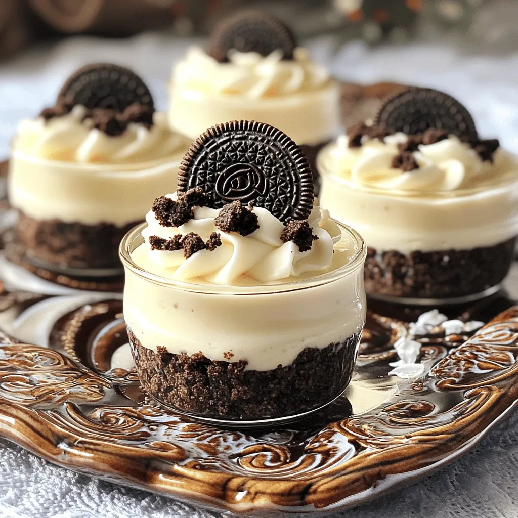 To make No Bake Oreo Cheesecake Cups, you need these simple ingredients: - 16 Oreo cookies, crushed (plus extra for garnish) - 2 tablespoons unsalted butter, melted - 1 (8 oz) package cream cheese, softened - 1/2 cup powdered sugar - 1 teaspoon vanilla extract - 1 cup heavy cream - 1/2 cup sour cream - Pinch of salt When measuring your ingredients, precision matters. Use a kitchen scale for accuracy. If you don’t have a scale, measuring cups work well too. You can swap out the sour cream for Greek yogurt if you want a tangy twist. For a lighter version, choose low-fat cream cheese and heavy cream. The taste will change a bit but still be yummy! Always pick fresh ingredients. Check the cream cheese for a smooth texture and no lumps. When choosing Oreos, look for a box that’s not damaged. Ensure the heavy cream is fresh and has not been opened for long. Fresh ingredients make a big difference in taste. When you buy butter, go for unsalted for better control over the flavor. Happy baking! To make the crust, you need 16 Oreo cookies and 2 tablespoons of melted butter. Start by crushing the Oreo cookies in a bowl. You can use a rolling pin or a food processor. Make sure they are fine crumbs. Then, mix the crumbs with the melted butter. Stir until every crumb is coated. Next, take your serving cups. Spoon about 1.5 tablespoons of the Oreo mixture into each cup. Press it down firmly. This will help the crust hold its shape later. Now, let's make the cheesecake filling. Grab an 8 oz package of softened cream cheese. In a large bowl, beat the cream cheese with a hand mixer. Mix until it is smooth and creamy. Gradually add 1/2 cup of powdered sugar, 1 teaspoon of vanilla extract, and a pinch of salt. Keep mixing until everything is well blended. In another bowl, whip 1 cup of heavy cream. Beat it until stiff peaks form. This means the cream should stand up when you lift the beaters. Gently fold this whipped cream into the cream cheese mixture. Be careful not to deflate the whipped cream. Finally, stir in 1/2 cup of sour cream until just mixed. Now it's time to assemble your cheesecake cups. Spoon the cheesecake filling over the Oreo crust in each cup. Smooth the top with a spatula or the back of a spoon. Once filled, cover the cups with plastic wrap. Refrigerate them for at least 4 hours. For the best flavor, let them chill overnight. Before serving, top each cup with crushed Oreo cookies for garnish. You can also add a whole Oreo cookie on top for a special touch. Enjoy your delightful treat! Use softened cream cheese for the best texture. You can leave it out for 30 minutes before mixing. This step makes it easier to blend. Beat it until it is smooth with no lumps. This creates a creamy filling. Gradually add the powdered sugar and vanilla. Mixing slowly helps keep it fluffy. Always remember to add a pinch of salt for balance. It makes a big difference in flavor. Chill your mixing bowl and beaters before you start. Cold tools help the cream whip better. Pour the heavy cream into the bowl and beat on medium speed. Keep whipping until stiff peaks form. This means the cream holds its shape well. Be careful not to over-whip, or it may turn grainy. Gently fold the whipped cream into the cream cheese mixture. This keeps the filling light and airy. Serve the cheesecake cups on a pretty tray. You can use mini spoons for a cute touch. For extra flair, top each cup with a whole Oreo or some fresh berries. Crushed Oreos on top add a nice crunch and look great. You can also drizzle chocolate sauce on top for more flavor. These small details make your dessert stand out and delight your guests. {{image_2}} You can change the flavor of your No Bake Oreo Cheesecake Cups. For a minty twist, use mint Oreo cookies instead of regular ones. This gives a fresh taste that pairs well with the cream cheese. You can also try peanut butter. Just mix in some creamy peanut butter into the cheesecake filling. It adds a nutty flavor that chocolate lovers will enjoy. Want a fruity touch? Add some crushed strawberries or raspberries to the filling. This gives a bright and fun flavor that balances well with the rich cheesecake. If you want a lighter version, swap out regular cream cheese for low-fat cream cheese. You can also use Greek yogurt in place of sour cream. This adds protein while keeping it creamy. Instead of heavy cream, try using whipped coconut cream for a dairy-free option. You can also use sugar substitutes like stevia or monk fruit sweetener in place of powdered sugar. These changes help make your dessert a bit healthier without losing flavor. The way you serve your cheesecake cups can change the whole vibe. Mason jars are great for a cute, rustic look. They are also easy to stack and store. Small dessert glasses add a touch of elegance when serving guests. If you want a fun twist, use clear plastic cups for parties. This makes cleanup easy. No matter what container you choose, make sure it is clear so the layers show. This adds to the visual appeal of your delicious treats. To keep your No Bake Oreo Cheesecake Cups fresh, store them in the fridge. Use an airtight container to prevent them from drying out. If you have plastic wrap, cover each cup tightly. This way, they stay moist and tasty for a longer time. Freezing these cheesecake cups is a great way to save them for later. First, make sure they are fully chilled. Then, place each cup in a freezer-safe bag. Remove as much air as you can. This helps to stop freezer burn. When you're ready to eat, let them thaw in the fridge overnight. These cheesecake cups can last up to five days in the fridge. For the best taste, enjoy them within the first three days. If frozen, plan to eat them within three months. Always check for any change in texture or smell before enjoying, just to be safe. Yes, you can make these cheesecake cups a day in advance. This treat tastes even better after chilling overnight. The flavors mix well, creating a rich taste. Just cover them tightly with plastic wrap. They will stay fresh in the fridge. These cheesecake cups last up to four days in the fridge. Keep them sealed to avoid absorbing other odors. If they look or smell off, toss them. Always trust your senses for safety. Absolutely! You can swap Oreo cookies for other cookies. Try chocolate wafers, graham crackers, or even vanilla cookies. Each type will add a unique flavor. Just crush them and follow the same steps. Get creative and have fun! You now have the tools to make No Bake Oreo Cheesecake Cups. We covered all the ingredients, tools, and steps. You learned tips to pick quality items and best practices for a creamy filling. Try the fun flavor variations for a personal touch. Store leftovers correctly, so they stay fresh. With these ideas, you can impress guests and enjoy tasty treats anytime. Now, it’s time to gather your ingredients and start making these easy, delicious cups!