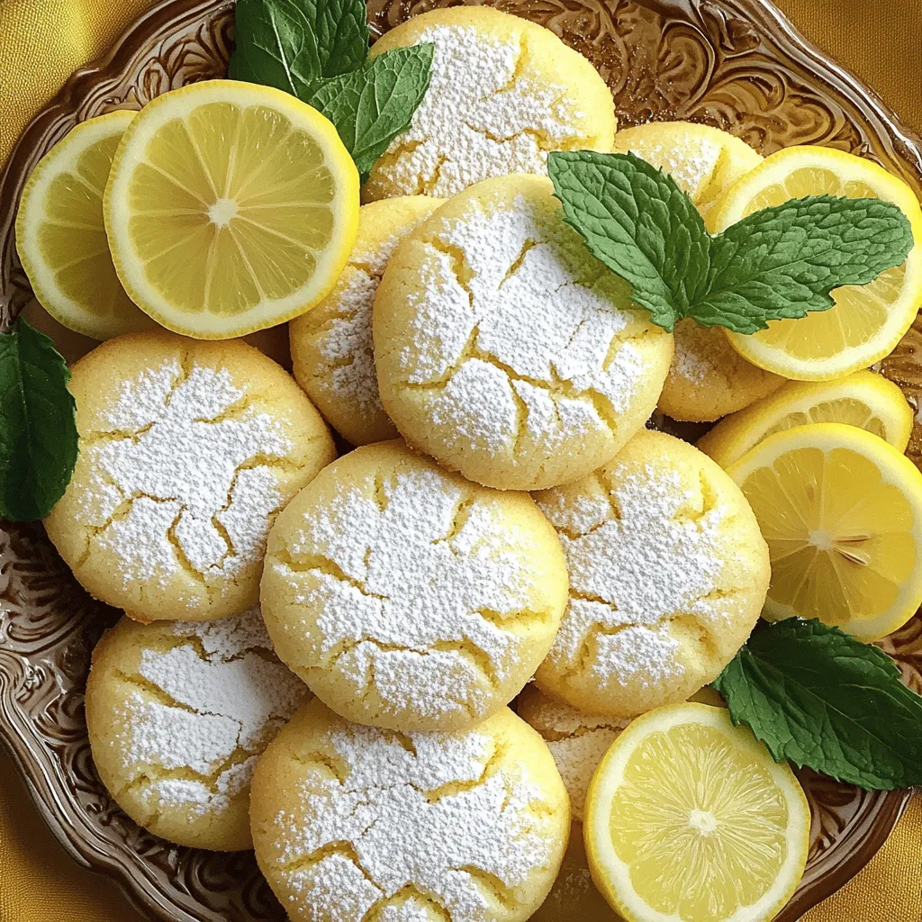 To make super soft lemon cookies, gather the following ingredients: - 2 ½ cups all-purpose flour - 1 teaspoon baking soda - ½ teaspoon baking powder - ½ teaspoon salt - ½ cup unsalted butter, softened - 1 cup granulated sugar - 1 large egg - 2 tablespoons lemon zest (freshly grated) - 1 tablespoon lemon juice (freshly squeezed) - 1 teaspoon vanilla extract - ½ cup powdered sugar (for dusting) These ingredients work together to create a soft, sweet, and tangy cookie. The lemon zest adds a bright flavor, while the butter keeps the cookies tender. Make sure your butter is softened, as this helps the cookies achieve that melt-in-your-mouth quality. Fresh lemon juice is key for the best taste. When measuring the flour, avoid packing it down. This keeps the cookies light and fluffy. Using a kitchen scale can help if you have one. Each ingredient plays a role in making sure your cookies turn out just right. Enjoy gathering these ingredients; the result will be a delightful batch of cookies! - Preheat your oven to 350°F (175°C). - Line two baking sheets with parchment paper. Start by getting your oven nice and hot. This will help your cookies bake evenly. Using parchment paper on your sheets keeps the cookies from sticking. It also makes cleanup easier. - In a medium bowl, whisk together: - 2 ½ cups all-purpose flour - 1 teaspoon baking soda - ½ teaspoon baking powder - ½ teaspoon salt Whisk these dry ingredients well. This step helps mix everything evenly. - In a large mixing bowl, cream together: - ½ cup unsalted butter, softened - 1 cup granulated sugar Beat these until light and fluffy. This will take about 3-4 minutes. - Next, add: - 1 large egg - 2 tablespoons lemon zest (freshly grated) - 1 tablespoon lemon juice (freshly squeezed) - 1 teaspoon vanilla extract Mix until everything is fully combined. - Gradually add the dry mixture to the wet mixture. Mix just until combined. Be careful not to overmix. This keeps the cookies soft. - Use a cookie scoop or two tablespoons to portion the dough onto the prepared sheets. Space them about 2 inches apart. - Gently flatten each cookie with the back of a glass or your palm. They won’t spread much during baking. - Bake in the preheated oven for 10-12 minutes. Look for lightly golden edges and set centers. After baking, cool the cookies on the sheets for 5 minutes. Then, move them to a wire rack to cool completely. Dust with powdered sugar for a lovely touch before serving. Enjoy! Softened butter is key for these cookies. It makes the dough creamy and smooth. Cold butter will not mix well, leading to tough cookies. Make sure your butter sits at room temperature for about 30 minutes before you start. Avoiding overmixing is also crucial. Once you combine the wet and dry ingredients, mix just until you see no flour. Overmixing can make cookies dense and hard. You want soft, fluffy cookies that melt in your mouth. Adding extra lemon zest brightens the flavor. I love using fresh zest from lemons. It gives a punch of citrus that makes each bite zingy and refreshing. Just be careful to avoid the bitter white pith when zesting. Dusting with powdered sugar adds a sweet touch and looks beautiful. After cooling, sprinkle the cookies lightly for a lovely finish. You can even add some lemon slices and mint leaves when serving. This makes your cookies look extra special and inviting. {{image_2}} You can switch up the taste of your lemon cookies easily. Here are two fun ideas: - Blueberry lemon cookies: Add 1 cup of fresh blueberries to your lemon cookie dough. The tart blueberries blend well with the bright lemon. They make a lovely treat. - Lemon poppy seed cookies: Mix in 2 tablespoons of poppy seeds with your dough. This adds a nice crunch and a unique flavor. It’s a fun twist on the classic. You can also adapt the recipe for different diets. Here are some options: - Gluten-free options: Use 2 ½ cups of gluten-free all-purpose flour instead of regular flour. Make sure your baking powder and soda are gluten-free too. This way, everyone can enjoy the cookies! - Vegan substitutions: Swap the egg for ¼ cup of unsweetened applesauce. Use ½ cup of coconut oil instead of butter. These swaps keep the cookies soft and tasty without any animal products. Feel free to explore these variations! You can personalize your cookies to fit your taste and dietary needs. To keep your super soft lemon cookies fresh, follow these tips: - Cool Completely: Always let cookies cool on a wire rack before storing. - Use Airtight Containers: Place cookies in an airtight container. This keeps them soft and tasty. - Layer with Parchment Paper: If stacking, use parchment paper between layers. This prevents sticking. - Store at Room Temperature: Keep them at room temperature for up to five days. Freezing is a great way to save cookies for later. Here’s how: - How to Freeze the Dough: After mixing, scoop dough onto a baking sheet. Freeze until firm. Then, transfer the balls into a freezer bag. Label and date the bag. - Thawing and Baking Instructions: When ready to bake, take out the dough. Let it thaw on the counter for about 30 minutes. Preheat your oven before baking as usual. Add a couple of minutes to the baking time if the dough is still cold. Enjoy your fresh cookies anytime! Can I use bottled lemon juice instead of fresh? Yes, you can use bottled lemon juice. However, fresh juice gives better flavor. Fresh lemons have bright taste notes that bottled juice may lack. For the best results, stick with fresh when you can. How do I prevent cookies from sticking to the baking sheet? To prevent sticking, use parchment paper or silicone mats. These create a non-stick surface that helps cookies release easily. You can also lightly grease the baking sheet with butter or cooking spray. What to do if cookies are too dry? If your cookies turn out dry, try adding a bit of milk or cream. Start with one tablespoon and mix it in. Another option is to reduce baking time slightly next time for softer cookies. How to make cookies more lemony? To boost lemon flavor, add more lemon zest or juice. Start with an extra teaspoon of zest. For a stronger taste, try adding a bit more juice too. Just be careful not to add too much, as it can affect the dough's texture. You now have all the details needed to make delightful lemon cookies. We covered ingredients, step-by-step instructions, and clever tips. Remember to not overmix and use fresh lemon juice for the best flavor. You can also try variations for added fun, like blueberry lemon cookies. Store them properly for lasting freshness and don’t forget to freeze extra dough. Baking is a joy, and these cookies will surely brighten your day. Enjoy every bite of your homemade treats!