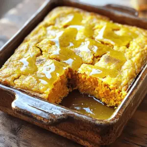 - 1 cup mashed sweet potatoes (cooked and cooled) - 1 cup buttermilk - 2 large eggs - 1/4 cup melted butter - 1/2 cup honey - 1 1/2 cups cornmeal - 1 cup all-purpose flour - 2 teaspoons baking powder - 1 teaspoon baking soda - 1 teaspoon ground cinnamon - 1/2 teaspoon salt You can use pumpkin puree instead of sweet potatoes for a different taste. For buttermilk, try almond milk mixed with lemon juice. If you want less sweetness, maple syrup works well as a honey substitute. To measure wet ingredients like buttermilk, use a liquid measuring cup. For dry ingredients, like flour and cornmeal, use a dry measuring cup. Always level off the top for accuracy. Proper measuring helps your cornbread rise and bake evenly. 1. Preheat oven and prepare the baking pan Start by preheating your oven to 400°F (200°C). This step is key for even baking. Next, grease a 9-inch square baking pan or line it with parchment paper. This makes it easy to remove the cornbread later. 2. Mixing the wet ingredients In a large mixing bowl, add 1 cup of mashed sweet potatoes, 1 cup of buttermilk, 2 large eggs, 1/4 cup of melted butter, and 1/2 cup of honey. Whisk these together until smooth. You want to ensure everything is well combined for the best flavor. 1. Steps for mixing dry ingredients In another bowl, combine 1 1/2 cups of cornmeal, 1 cup of all-purpose flour, 2 teaspoons of baking powder, 1 teaspoon of baking soda, 1 teaspoon of ground cinnamon, and 1/2 teaspoon of salt. Mix these dry ingredients well. This step adds structure to your cornbread. 2. Gradually adding dry to wet ingredients Now, slowly add the dry mix to the wet ingredients. Stir gently until just combined. It's okay if there are a few lumps. Overmixing can make the cornbread tough, and we want it soft and fluffy. 1. Pouring batter and ensuring even spread Pour your batter into the prepared pan. Use a spatula to spread the batter evenly. This helps it bake evenly, giving you a nice golden top. 2. Timing and checking for doneness Place the pan in the preheated oven. Bake for 20 to 25 minutes. Check for doneness by inserting a toothpick into the center. If it comes out clean, your cornbread is ready. Let it cool in the pan for about 10 minutes before moving it to a wire rack. Enjoy the process of making this delightful treat! You can find the Full Recipe for more detailed steps and tips. To make your cornbread fluffy, avoid overmixing. When you mix too much, the bread can get tough. Stir the batter just until the dry and wet ingredients come together. A few lumps are fine! Using room temperature ingredients helps too. Eggs and buttermilk mix better when they’re not cold. This makes the batter smooth and light. Adding spices can bring warmth to your cornbread. Besides cinnamon, consider nutmeg or ginger. They add depth and make the bread more exciting to eat. If you want to mix in sweet add-ins, try raisins or nuts. Chop the nuts small so they blend well. This gives every bite a nice crunch and sweetness. Serve your cinnamon honey butter sweet potato cornbread warm. It pairs well with soup or chili. You can spread more honey butter on top for extra flavor. For special occasions, serve slices with a sprinkle of cinnamon. You can add a thin slice of sweet potato on each slice. This makes your dish look fancy and delicious. For the full recipe, check the details earlier in the article. {{image_2}} If you want to make this cornbread gluten-free, you have good choices. You can use almond flour, coconut flour, or a gluten-free all-purpose blend. Each option gives a unique flavor. When switching flours, keep the same amount as the original recipe. This will help keep the cornbread moist and fluffy. Always check the labels for gluten-free assurance. Making this cornbread vegan is easy! For eggs, you can use flax eggs. Mix one tablespoon of ground flaxseed with three tablespoons of water. Let it sit until it thickens. For butter, try coconut oil or vegan butter. To replace buttermilk, mix almond milk or soy milk with a tablespoon of lemon juice or vinegar. This gives the same tangy flavor. Get creative with flavors! You can add fruits like cranberries or blueberries. These fruits bring sweetness and tartness. Try adding spices like nutmeg or ginger for warmth. This change can make the cornbread feel special and festive. You can mix and match to find your favorite combination. Each tweak makes the dish your own! To keep your cornbread fresh, wrap it tightly in plastic wrap. You can also place it in an airtight container. This helps prevent it from drying out. You should store it in the fridge for up to 5 days. If you want to enjoy it longer, consider freezing it. Before you freeze your cornbread, let it cool completely. This step is key to avoid ice crystals. Wrap it well in plastic wrap, then place it in a freezer bag. It will stay fresh for up to 3 months. When ready to eat, thaw it overnight in the fridge. For quick reheating, pop it in the microwave for about 30 seconds. Leftover cornbread is a treasure! You can turn it into cornbread pudding. Just mix it with eggs, milk, and spices for a tasty treat. Another fun idea is to cut it into cubes and toast them for croutons. These add crunch to salads or soups. You can get creative with your leftovers! For detailed instructions, check the Full Recipe. Yes, you can make this cornbread ahead of time. It stores well in the fridge. Let it cool, then wrap it in plastic wrap or foil. It will stay fresh for about three days. You can reheat it in the oven at 350°F for ten minutes. This makes it easy to serve at gatherings. To check if your cornbread is done, look for a golden brown top. Insert a toothpick into the center. If it comes out clean, your cornbread is ready. You can also gently press the top. If it springs back, it’s done. Absolutely! You can adjust the honey in the recipe. If you want it sweeter, add more honey. Just remember, too much honey can make it dense. You can also add other sweeteners, like brown sugar or maple syrup, for a different flavor. This blog post covered how to make sweet potato cornbread. We looked at the key ingredients and ways to modify them. You learned how to measure correctly for the best results and followed step-by-step baking instructions. I shared tips to enhance flavor and texture, as well as ways to adapt the recipe for different diets. Finally, I provided storage tips and ways to use leftovers. With this knowledge, you can create a delicious cornbread for any meal. Enjoy your baking adventure!