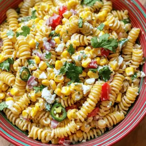 - 8 oz whole wheat pasta (fusilli or penne) - 2 cups fresh corn kernels (or frozen and thawed) - 1 red bell pepper, diced - 1/2 red onion, finely chopped - 1 jalapeño, deseeded and minced - 1/4 cup fresh cilantro, chopped - 1/2 cup Greek yogurt - 2 tablespoons lime juice - 1 teaspoon chili powder - Salt and pepper to taste - Crumbled feta cheese (optional for topping) Using whole wheat pasta adds fiber and keeps you full longer. Fresh corn brings natural sweetness and vitamins. Red bell pepper packs in vitamin C and antioxidants. Red onion adds flavor and may help reduce heart disease risk. Jalapeño gives a spicy kick while boosting metabolism. Cilantro adds freshness and may help detoxify. Greek yogurt provides protein and probiotics for gut health. Lime juice adds flavor and vitamin C. Chili powder adds warmth and may lower inflammation. Feta cheese, if used, adds creaminess and calcium. You can swap whole wheat pasta for gluten-free pasta if needed. For corn, canned corn works in a pinch, just rinse it well. Use yellow or orange bell peppers for a different flavor. Green onions can replace red onion for a milder taste. If you want less heat, skip the jalapeño or use a bell pepper instead. You can replace Greek yogurt with sour cream or a dairy-free yogurt for a vegan option. If you prefer a tangy flavor, try using apple cider vinegar instead of lime juice. To start, bring a large pot of salted water to a boil. Add 8 oz of whole wheat pasta, like fusilli or penne. Cook it according to the package directions until it is al dente. After that, drain the pasta and rinse it under cold water. This stops the cooking process and keeps the pasta firm. Next, if you are using fresh corn, grill the corn on the cob. Place it over medium heat for about 10 minutes. Turn it occasionally until it gets a nice char. Once cooked, let it cool down, then cut the kernels off the cob. If you prefer, you can also use frozen corn. Just thaw it before adding. In a large bowl, mix the cooked pasta, fresh corn, and the other ingredients. Add in 1 diced red bell pepper, 1/2 finely chopped red onion, and 1 minced jalapeño. Don’t forget to add 1/4 cup of chopped fresh cilantro. This mix adds bright flavors and textures. In a separate bowl, prepare the dressing. Combine 1/2 cup of Greek yogurt with 2 tablespoons of lime juice. Then, add 1 teaspoon of chili powder, salt, and pepper to taste. Whisk these ingredients together until smooth. This dressing will give your salad a creamy and zesty touch. Pour the dressing over the pasta mixture. Toss everything until well-coated. After mixing, taste the salad and adjust the seasoning if needed. Let it chill in the refrigerator for at least 30 minutes. This helps the flavors blend together nicely. When you are ready to serve, give the salad a good stir. You can top it with crumbled feta cheese for extra flavor. Serve it in a large bowl and garnish with extra cilantro and lime wedges on the side. This adds a fresh look to the dish. For the full recipe, check the section above! To get the best flavor from your Healthy Street Corn Pasta Salad, focus on fresh ingredients. Fresh corn adds a sweet crunch. Grilling the corn gives it a nice char. This enhances the corn's natural sweetness. Use ripe vegetables for the best taste. A ripe red bell pepper will be sweet and juicy. Fresh cilantro adds a bright note. Don't skip the lime juice; it gives a zesty kick. Mix the dressing just before serving. This keeps the salad fresh and vibrant. One common mistake is overcooking the pasta. Cook it al dente for the best texture. Rinse the pasta under cold water to stop it from cooking. This prevents it from becoming mushy. Another mistake is not seasoning enough. Taste the salad before serving. Adjust the salt and lime juice as needed. Also, avoid using too much dressing. You want a light coating, not a soggy salad. Lastly, don’t skip chilling. Let the salad sit for at least 30 minutes. This helps the flavors blend beautifully. Serve the salad in a large bowl. Garnish with extra cilantro and lime wedges. This makes it look fresh and inviting. Pair it with grilled chicken or fish for a complete meal. It also works well as a side dish for barbecues. For a fun twist, add avocado slices on top. This adds creaminess and healthy fats. Enjoy your salad with a refreshing drink like iced tea or lemonade. {{image_2}} You can easily make this salad vegetarian or vegan. To do this, simply skip the crumbled feta cheese. Instead, add extra herbs or avocado for creaminess. For a vegan dressing, use plant-based yogurt. This keeps the salad light and fresh. Want to make your salad more filling? Add proteins like grilled chicken, shrimp, or chickpeas. Cooked chicken gives a nice bite. Shrimp adds a seafood twist. Chickpeas add fiber and protein for a hearty touch. Mix and match proteins based on your taste. Use seasonal veggies to keep it exciting. In summer, add diced cucumbers or ripe tomatoes. In fall, try roasted squash or sweet potatoes. Fresh herbs like basil or mint can brighten the flavors. Seasonal ingredients bring new life to your Healthy Street Corn Pasta Salad. For the complete recipe, check the Full Recipe section. To store your Healthy Street Corn Pasta Salad, place it in an airtight container. Make sure the container seals well. This will keep the salad fresh and tasty. You can store it in the fridge for later enjoyment. This pasta salad is best enjoyed cold. If you prefer it warm, you can gently heat it. Place the salad in a microwave-safe bowl. Heat it in short bursts of 15-20 seconds. Stir between intervals to avoid overheating. Your salad will stay good for about 3 to 5 days in the fridge. Always check for signs of spoilage. If it smells off or looks slimy, it's best to throw it away. Enjoy it while it’s fresh for the best taste! Yes, you can use frozen corn. Just thaw it before adding to the salad. Frozen corn is sweet and easy to use. It saves time and still tastes great. Absolutely! You can make this salad a day in advance. Just keep it in the fridge. The flavors will blend well overnight, making it even tastier. If you don’t have Greek yogurt, use sour cream or a dairy-free option. Plain yogurt also works well. These substitutes will keep the salad creamy and delicious. To add heat, include more jalapeño or some diced serrano peppers. You can also sprinkle in some cayenne pepper. Adjust to your taste for the perfect spice level. For the full recipe, check out the complete instructions and ingredients listed earlier. This includes everything you need to create a tasty Healthy Street Corn Pasta Salad. In this blog post, we explored how to make a tasty pasta salad. We covered the key ingredients, their benefits, and some easy swaps. I shared step-by-step cooking tips to create a delicious dish. To enhance flavor, I included expert tips and avoided common mistakes. You can add your own twist with options for vegans and protein lovers. Lastly, we discussed storing leftovers and answered frequently asked questions. By following these steps, you can create a fresh, fun salad that everyone will enjoy.