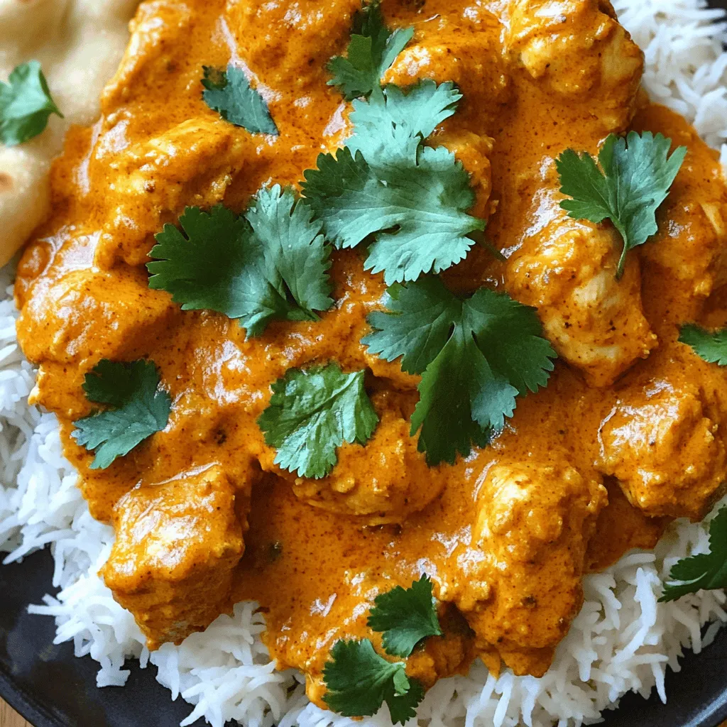 For this tasty dish, you need simple items. Here’s what you’ll need: - 1.5 lbs boneless, skinless chicken thighs, cut into bite-sized pieces - 1 cup plain yogurt - 1 large onion, finely chopped - 3 garlic cloves, minced - 1 inch ginger, grated - 1 can (14 oz) crushed tomatoes - 1 cup coconut milk - 1 tablespoon olive oil The spices add great flavor. Here are the must-haves: - 2 tablespoons garam masala - 2 teaspoons turmeric powder - 2 teaspoons cumin powder - 2 teaspoons coriander powder - 1 teaspoon paprika - 1 teaspoon salt (or to taste) To make your meal shine, try these extras: - Fresh cilantro, for garnish - Basmati rice, for serving - Naan bread, for a delicious side These ingredients work together to give you a rich and flavorful chicken tikka masala. Each item plays a role in making this dish a hit! First, grab a medium bowl. Add 1 cup of plain yogurt. Next, toss in 2 tablespoons of garam masala, 2 teaspoons of turmeric, 2 teaspoons of cumin, 2 teaspoons of coriander, 1 teaspoon of paprika, and 1 teaspoon of salt. Mix these well to form a smooth paste. Cut 1.5 lbs of boneless, skinless chicken thighs into bite-sized pieces. Add the chicken to the yogurt mix and stir until all pieces are coated. Cover the bowl and let it chill in the fridge for at least 30 minutes. If you have time, marinating overnight gives the best flavor. Set your Instant Pot to 'Sauté' mode. Once hot, pour in 1 tablespoon of olive oil. Then, add 1 finely chopped large onion. Sauté for about 3-4 minutes. You want the onions to turn translucent. After that, add 3 minced garlic cloves and 1 inch of grated ginger. Cook these for about 1 minute until you can smell the fragrant mix. This step adds a great depth of flavor to your dish. Now, pour in a 14 oz can of crushed tomatoes. Stir for about 2 minutes, helping the tomatoes break down. Next, take the marinated chicken from the fridge and add it to the pot. Include all the marinade too. Stir everything together to mix well with the onion and tomatoes. Now, pour in 1 cup of coconut milk and give it a gentle stir to blend. Close the Instant Pot lid, ensuring the valve is set to 'Sealing.' Cook on 'Manual' mode for 10 minutes. When the timer goes off, do a quick release of the pressure. Carefully open the lid and stir the chicken tikka masala. Taste it and adjust the salt if needed. Serve hot, garnished with fresh cilantro. This dish is perfect over a bed of basmati rice or with warm naan. Enjoy your meal! To get the best taste, marinate the chicken well. Use plain yogurt with spices like garam masala, turmeric, cumin, coriander, and salt. Mix these ingredients in a bowl. Add the chicken pieces and coat them well in the marinade. Cover the bowl and chill in the fridge for at least 30 minutes. For even better flavor, let it marinate overnight. This step makes the chicken tender and full of flavor. When making chicken tikka masala, avoid these common mistakes: - Skipping the Marinade: Don't skip marinating the chicken. It is key for flavor. - Overcrowding the Pot: If you add too much chicken, it won’t cook evenly. Cook in batches if needed. - Not Using Fresh Spices: Old spices lose flavor. Always use fresh spices for the best taste. - Ignoring the Quick Release: After cooking, do a quick release. This helps keep the chicken juicy. Here are some tools that can make your cooking easier: - Instant Pot: This is a must for quick cooking. It seals in flavors and moisture. - Mixing Bowl: Use this for marinating the chicken. A large bowl works best. - Wooden Spoon: This helps to stir the ingredients without scratching your pot. - Measuring Cups and Spoons: Accurate measurements give you the best results. {{image_2}} You can easily make this dish vegetarian or vegan. Replace the chicken with chickpeas or paneer. For a vegan option, use tofu instead of paneer. Make sure to press the tofu first to remove excess water. For the yogurt, use a plant-based alternative like coconut yogurt. This keeps the creamy texture without dairy. The spices and sauce remain the same, so you keep that great flavor. If you want to switch up the protein, you can use shrimp or fish. Both cook quickly in the Instant Pot. For shrimp, add them in the last few minutes of cooking to prevent overcooking. For fish, choose firm types like salmon or cod. Cut them into chunks and add them when you add the coconut milk. This will give you a different take on the classic recipe. You don’t have to use an Instant Pot for this recipe. You can make Chicken Tikka Masala on the stove or in an oven. To cook on the stove, follow the same steps for sautéing. Then, cover the pot and let it simmer on low heat for about 30 minutes. If using the oven, place everything in a baking dish. Cover it with foil and bake at 375°F for about 45 minutes. Both methods will yield tasty results. To store your chicken tikka masala, let it cool first. Place the dish in an airtight container. This keeps your meal fresh. You can store it in the fridge for up to four days. If you want to keep it longer, freezing is a great option. When it's time to eat your leftovers, you have a few options. You can reheat in the microwave. Just put the desired amount in a bowl and cover it. Heat in 30-second intervals, stirring in between. You can also reheat it on the stove. Pour the tikka masala into a pan over low heat. Stir until it's warmed through. To freeze chicken tikka masala, use a freezer-safe container. Make sure to leave some space at the top. The sauce may expand as it freezes. It can stay in the freezer for up to three months. When you're ready to eat it, thaw it in the fridge overnight before reheating. This keeps the flavor and texture nice. Yes, you can skip coconut milk. Instead, use heavy cream or regular milk. This change will give a different taste and creaminess. If you want a lighter dish, try using chicken broth. Just remember, the flavor will be less rich. Cooking chicken in the Instant Pot takes about 10 minutes. This is for bite-sized pieces. If the pieces are larger, you might need a few extra minutes. Always check that the chicken is cooked to 165°F (75°C) for safety. I love serving Chicken Tikka Masala with basmati rice or warm naan. The rice soaks up the sauce well. Naan is great for scooping up the dish. You can also add a side salad or some roasted vegetables for extra color and crunch. Chicken Tikka Masala is flavorful and simple to make. We looked at key ingredients, spices, and garnishes. You learned how to prepare the marinade, sauté aromatics, and cook the dish using your Instant Pot. I shared tips for marinating, common mistakes, and variations for different diets. Finally, I covered storage and reheating. With these steps, you can enjoy a tasty meal anytime. Dive in and impress yourself and others with this classic dish!