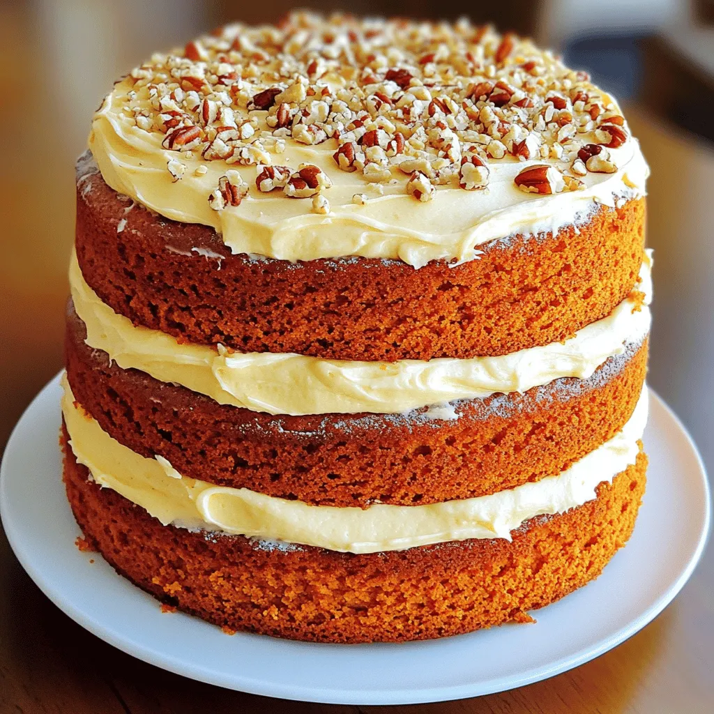 - 2 cups all-purpose flour - 2 teaspoons baking powder - 1 teaspoon baking soda - 1 teaspoon ground cinnamon - 1/2 teaspoon ground nutmeg - 1/2 teaspoon ground ginger - 1/2 teaspoon salt The dry ingredients form the base of our cake. The flour gives structure, while baking powder and baking soda help it rise. The spices—cinnamon, nutmeg, and ginger—add warmth and flavor. The salt balances the sweetness and enhances the flavors. - 1 cup granulated sugar - 1 cup packed brown sugar - 1 cup vegetable oil - 4 large eggs - 2 cups canned pumpkin puree - 1 teaspoon vanilla extract The wet ingredients bring moisture and sweetness to the cake. The sugars add flavor and create a lovely texture. Vegetable oil gives it a tender crumb. Eggs provide structure and richness. Pumpkin puree adds a delightful taste and keeps the cake moist. Vanilla extract rounds out the sweet flavors. - 8 oz cream cheese, softened - 1/2 cup unsalted butter, softened - 4 cups powdered sugar - 1 teaspoon vanilla extract - 1-2 tablespoons milk (to desired consistency) For the frosting, cream cheese and butter create a rich and creamy base. The powdered sugar sweetens and thickens the frosting. Vanilla extract adds depth, and milk adjusts the frosting's consistency. This frosting is smooth and pairs perfectly with our spiced pumpkin layers. First, set your oven to 350°F (175°C). This temperature helps the cake bake evenly. While the oven heats, grease and flour three 8-inch round cake pans. Greasing stops the cake from sticking. Dusting with flour adds an extra layer of protection. In a medium bowl, whisk together the dry ingredients. Add 2 cups of flour, 2 teaspoons of baking powder, 1 teaspoon of baking soda, and spices: 1 teaspoon of cinnamon, 1/2 teaspoon of nutmeg, 1/2 teaspoon of ginger, and 1/2 teaspoon of salt. This mix gives the cake its flavor. In a large bowl, combine 1 cup of granulated sugar, 1 cup of brown sugar, and 1 cup of vegetable oil. Mix them until well blended. Next, add 4 large eggs, one at a time, mixing well after each. After that, blend in 2 cups of canned pumpkin puree and 1 teaspoon of vanilla extract. Now, gradually mix in the dry ingredients. Stir just until combined. Be careful not to overmix; this keeps the cake light and fluffy. Pour the batter evenly into the prepared pans. Bake for 25-30 minutes. Check if they are done by inserting a toothpick into the center. If it comes out clean, the cakes are ready. Let the cakes cool in the pans for 10 minutes. Then, remove them and place them on a wire rack to cool completely. While the cakes cool, prepare the cream cheese frosting. In a medium bowl, beat 8 oz of softened cream cheese and 1/2 cup of softened butter until smooth. Gradually add in 4 cups of powdered sugar, mixing well. Then, add 1 teaspoon of vanilla extract and 1-2 tablespoons of milk to adjust the frosting's texture. Once the cakes are cool, place the first layer on a serving plate. Spread a generous amount of frosting on top. Add the second layer and repeat. Finally, place the third layer on top and frost the top and the sides of the cake. If desired, sprinkle crushed pecans or walnuts for a nice crunch. - Avoiding overmixing: Overmixing your batter can lead to a tough cake. Mix just until you see no dry flour. This keeps the cake light and airy, which is key to a moist texture. - Proper cooling techniques: Let your cakes cool in the pans for 10 minutes. Then, transfer them to a wire rack. This helps prevent soggy bottoms. Let them cool completely before frosting. - Achieving the right frosting consistency: For the cream cheese frosting, beat the cream cheese and butter until smooth. Gradually add powdered sugar. If it’s too thick, add milk one tablespoon at a time until you reach your desired texture. - Tips for spreading and decorating: Use a spatula or a knife to spread frosting between layers and on the top. For smooth edges, dip your spatula in warm water. This technique helps create a clean and polished look. - Garnishing with crushed nuts: Sprinkle crushed pecans or walnuts on top of the cake for a lovely crunch. This adds flavor and makes the cake look inviting. - Adding additional decorations for special occasions: Consider using edible gold leaves or fresh herbs for a fancy touch. You can also add seasonal fruits to brighten your presentation. {{image_2}} You can change the frosting to give the cake a new twist. Two great options are: - Maple buttercream: This frosting adds a sweet and earthy flavor. Mix butter, powdered sugar, and maple syrup for a tasty treat. - Chocolate ganache: Melt chocolate with cream to create a rich and creamy topping. This adds a decadent layer of flavor that pairs well with pumpkin. You can boost the taste of your pumpkin layer cake by adding fun ingredients. Consider trying: - Incorporating chocolate chips or raisins: These add texture and bursts of sweetness. Chocolate chips bring a rich taste, while raisins add a chewy surprise. - Adding a layer of caramel sauce: Drizzle caramel between the layers or on top for a sweet contrast. It makes each bite a delight. You can adapt this cake to fit different diets. Here are two ideas: - Gluten-free options: Substitute regular flour with gluten-free flour. Make sure to use a blend that works well for baking. - Vegan adaptations: Replace eggs with flax eggs and use plant-based butter. You can also swap the cream cheese with a vegan alternative for the frosting. Feel free to explore these variations to make the cake your own! To store leftovers, place the cake in the fridge. Use an airtight container or cover it with plastic wrap. This keeps the cake moist and fresh. The cream cheese frosting also needs refrigeration. Store it in a separate container if possible. If you have extra frosting, you can keep it in the fridge for up to five days. To freeze the cake layers, wrap each layer tightly in plastic wrap. Then, place them in a freezer bag or container. Label the bags with the date. You can freeze the cake for up to three months. When it's time to enjoy, remove the layers from the freezer. Thaw them in the fridge overnight. This helps maintain the cake's moisture and flavor. The cake stays fresh in the fridge for about five days. If stored properly, it can last longer in the freezer. Just remember, the longer it sits, the more it may lose flavor. To enjoy the best taste, eat the cake within a week of baking. To cut a layered cake, use a sharp knife. Heat the knife in warm water, then dry it. This helps to make clean cuts. Start from the center and slice outward. Make sure to wipe the knife between cuts for neat slices. This avoids crumbs and keeps the layers pretty. Yes, you can make this cake ahead of time. Bake the layers and let them cool completely. Wrap each layer in plastic wrap and store them in the fridge. You can keep them for up to three days. Just frost when you're ready to serve. This saves time on the big day. To boost the pumpkin flavor, add more spices. Try extra cinnamon or nutmeg. You can also mix in a bit of pumpkin pie spice. For a twist, add a touch of maple syrup. This gives a deeper flavor and brings out the pumpkin's sweetness. If you want to swap out cream cheese, use mascarpone cheese. It has a similar texture and taste. Another option is Greek yogurt mixed with butter. This gives a creamy feel with less tang. You can also try using whipped buttercream for a lighter frosting. Yes, you can use fresh pumpkin instead of canned. Just cook and puree the pumpkin first. Cut the pumpkin in half, remove the seeds, and bake until soft. After that, blend it until smooth. This will give your cake a fresh taste, but ensure it’s not too watery. This blog post covered how to make a delicious pumpkin cake, from the right ingredients to the steps needed for success. I shared baking tips, frosting methods, and fun variations to try. Remember, whether you are a baking pro or just starting out, the joy of making this cake is what matters. Don't be afraid to experiment with flavors and decorations. Your pumpkin cake can be as unique as you! Enjoy every bite of your creation.