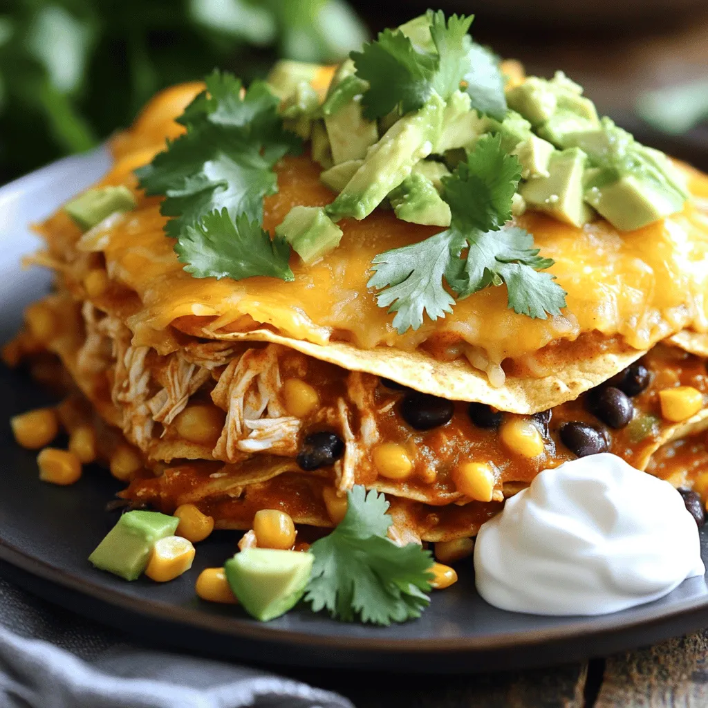 - 2 cups cooked chicken, shredded - 1 can (15 oz) black beans, drained and rinsed - 1 can (15 oz) corn, drained - 1 can (10 oz) enchilada sauce - 1 can (14.5 oz) diced tomatoes with green chilies - Spices: cumin and chili powder - Cheese and Tortillas: 2 cups shredded cheese, 8 small corn tortillas - 1/2 cup chopped fresh cilantro - 1 avocado, diced - Sour cream (optional) To make a Hearty Chicken Enchilada Crockpot Casserole, you need a few key ingredients. First, start with cooked chicken. Shred it to make it easier to mix. Black beans add protein and fiber. Rinse and drain them to keep the dish light. Corn brings a sweet crunch. You can use canned corn, but fresh or frozen works too. Next, grab some enchilada sauce. This sauce gives the dish a bold flavor. Diced tomatoes with green chilies add some heat and texture. For spices, cumin and chili powder are a must. They add depth and warmth to your casserole. Now, let’s talk about cheese and tortillas. Use a blend of shredded cheese like cheddar and Monterey Jack. It melts beautifully and adds creaminess. Cut small corn tortillas into strips. These create layers in your casserole. For garnishing, fresh cilantro brightens the dish. Diced avocado adds creaminess and flavor. Sour cream is optional, but it makes a great topping. With these ingredients, you can create a warm, filling meal that everyone will love. - In a large bowl, combine: - 2 cups cooked chicken, shredded - 1 can (15 oz) black beans, drained and rinsed - 1 can (15 oz) corn, drained - 1 can (10 oz) enchilada sauce - 1 can (14.5 oz) diced tomatoes with green chilies - 1 teaspoon cumin - 1 teaspoon chili powder Mix these well until they blend into a colorful mixture. - Next, prepare your crockpot. Lightly spray the inside with cooking spray. This step helps prevent sticking. - Begin layering. Place half of the tortilla strips at the bottom of the crockpot. - Pour half of the chicken mixture over the strips. Then, add half of the shredded cheese. - Repeat this process with the remaining tortilla strips, chicken mixture, and top with the last portion of cheese. - Now, it’s time to cook. Set the crockpot to LOW for 4-5 hours or HIGH for 2-3 hours. - Check the casserole. It’s done when the cheese is melted and bubbly. After cooking, turn off the crockpot and let it sit for 10 minutes before serving. This resting time helps the flavors settle. - Choose the right tortillas: I prefer small corn tortillas for a great texture. They hold up well in the sauce and add flavor. You can also use flour tortillas if you like a softer bite. Just cut them into strips for easy layering. - Adjust spice levels to taste: If you love heat, add more chili powder or a dash of hot sauce. For milder flavor, cut back on the spices. Always taste as you mix! - Ideal sides or beverages to accompany: This casserole pairs well with a fresh salad or Mexican rice. For drinks, try a light beer or agua fresca. They balance the richness of the dish. - Alternative garnishing ideas: Besides cilantro and avocado, try sliced jalapeños or green onions. A sprinkle of lime juice adds a zesty kick! - How to avoid sticking and burning: Spray the crockpot with cooking spray before adding ingredients. Layer your tortillas and filling carefully, and avoid overcooking. - Importance of resting time before serving: Let the casserole rest for about 10 minutes after cooking. This helps it set and makes serving easier. Enjoy the delicious layers! {{image_2}} You can change the protein in this casserole to suit your taste. If you want beef, use ground beef instead of chicken. For turkey lovers, swap in ground turkey. For a vegetarian twist, replace the chicken with extra beans or mixed veggies. This keeps the dish hearty and filling. You can make your own enchilada sauce for a fresher taste. Simply blend tomatoes, spices, and broth. If you want a quick option, try different salsas. Salsa verde adds a nice zing, while a chipotle salsa gives a smoky flavor. Both can change the dish's vibe. For a lighter version, you can use low-fat cheese. This will still melt well and taste great. If you need a gluten-free option, choose corn tortillas. Whole wheat tortillas are another healthy choice. They add fiber and nutrients, making your casserole even better. To store leftovers, let the casserole cool. Place it in an airtight container. This keeps it fresh. In the fridge, it lasts about 3 to 4 days. For freezing, cut the casserole into portions. Wrap each piece in plastic wrap. Then, put them in a freezer bag or container. This way, they stay safe from freezer burn. To reheat, thaw overnight in the fridge. Heat in the oven or microwave until hot. You can prepare this casserole in advance. Just layer all the ingredients in the crockpot. Cover it and store it in the fridge overnight. In the morning, set it to cook. Each serving is about one-sixth of the casserole. This makes meal prep easy and tasty! Yes, you can use frozen chicken. Just remember to cook it longer. If you start with frozen chicken, cook on HIGH for about 3-4 hours. If you use cooked chicken, follow the normal cooking times. Always check the chicken's temperature to ensure it reaches 165°F. To add more spice, you can do a few things: - Add extra chili powder or cumin. - Use hot enchilada sauce instead of mild. - Toss in some diced jalapeños or serrano peppers. - Serve with a spicy salsa or hot sauce on the side. If you want to swap black beans, there are great options: - Use pinto beans for a different taste. - Kidney beans offer a nice color and flavor. - Chickpeas can add a unique twist. - You could also skip the beans for a lighter dish. You can create a tasty chicken casserole using simple ingredients. We discussed the main ingredients, cooking steps, and some fun tips to make it even better. Remember to layer your ingredients well in the crockpot and let it cook properly for best results. With options for variations, storage, and meal prep, you can enjoy this dish your way. Be bold and try new flavors! Enjoy your cooking adventure!