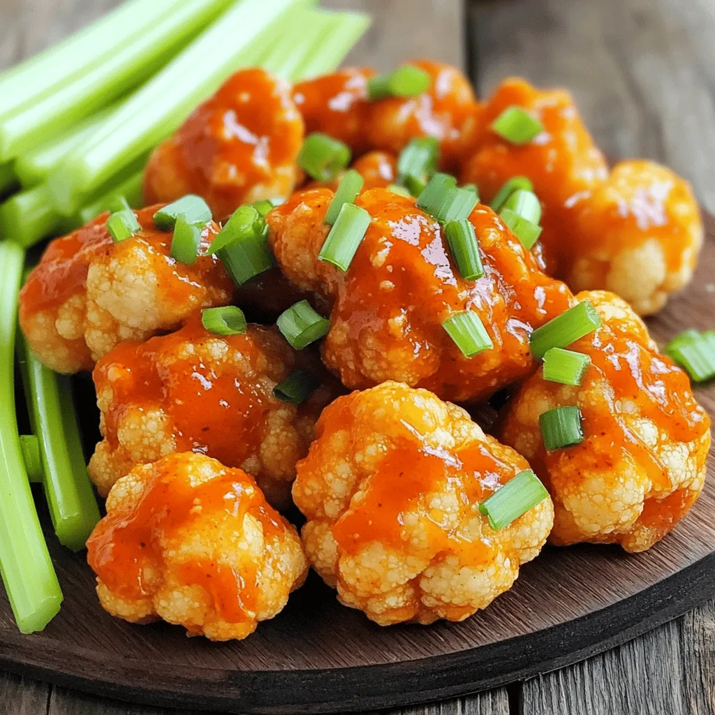 To make Air Fryer Buffalo Cauliflower Bites, you need a few key items: - 1 large head of cauliflower, cut into bite-sized florets - 1 cup all-purpose flour - 1 cup water - 1 cup buffalo sauce (store-bought or homemade) These ingredients work together to create a tasty and crispy snack. The cauliflower is the star, bringing great texture. The flour and water make a batter that coats the florets well. Seasonings add flavor to the bites. Here are the ones you will use: - 1 teaspoon garlic powder - 1 teaspoon onion powder - 1/2 teaspoon smoked paprika - 1/2 teaspoon salt - 2 tablespoons olive oil Garlic and onion powders give depth. Smoked paprika adds a nice touch of warmth. Salt enhances all the flavors, making each bite delicious. For a full experience, consider these options: - Chopped green onions - Celery sticks These add freshness and crunch. They are perfect to serve alongside the spicy cauliflower bites. The coolness of celery balances the heat, making it a great pairing. Start by washing the cauliflower. Cut it into bite-sized florets. Uniform sizes help them cook evenly. You want each piece to be crisp and tender. In a large bowl, mix 1 cup of flour with 1 cup of water. Add 1 teaspoon of garlic powder, 1 teaspoon of onion powder, 1/2 teaspoon of smoked paprika, and 1/2 teaspoon of salt. Whisk until smooth. The batter should be thick enough to coat the florets well. Preheat your air fryer to 375°F (190°C). Arrange the cauliflower bites in a single layer in the basket. Do not overcrowd them. Air fry for 12 to 15 minutes. Shake the basket halfway to ensure even cooking. The bites should be golden brown and crispy. Once the cauliflower is done, take it out of the air fryer. Place the bites in a large bowl and drizzle 1 cup of buffalo sauce over them. Toss gently so each piece gets coated evenly in the sauce. For extra crunch, you can air fry the cauliflower again. Return the coated bites to the air fryer. Cook for an additional 3 to 5 minutes at the same temperature. This step enhances the crispiness of the bites. Take the buffalo cauliflower out of the air fryer and let it cool for a minute. Serve warm. I like to add chopped green onions and celery sticks on the side. They add a nice crunch and freshness to the dish. Enjoy your flavorful delight! To get crispy cauliflower, make sure to cut the florets evenly. This helps them cook at the same speed. After coating them with batter, shake off any extra. Too much batter can make them soggy. Air fry them in a single layer. Overcrowding leads to steaming rather than crisping. If they look golden, they’re probably ready! You can make your buffalo cauliflower as spicy as you want. If you like it mild, use less buffalo sauce. You can mix in a bit of honey or butter to cool it down. If you love heat, add some cayenne pepper to the batter. Always taste the sauce before you toss it. This way, you can adjust it to your liking. Creating your own buffalo sauce is easy and fun! Combine hot sauce with melted butter. You can add garlic powder and a bit of vinegar for extra flavor. If you want a tangy twist, mix in some lemon juice. Taste it as you go to find the right balance. Homemade sauce can take your cauliflower bites to a new level! {{image_2}} You can easily make this recipe vegan. Just replace the all-purpose flour with chickpea flour. Chickpea flour gives a nice taste and is also gluten-free. Use plant-based buffalo sauce. This option ensures everyone can enjoy the dish. To create a gluten-free version, swap the all-purpose flour for a gluten-free flour blend. You can find these blends at most grocery stores. Make sure the buffalo sauce is gluten-free as well. This way, you keep the crunch and flavor without the gluten. Want to switch things up? Try different flavors! For BBQ bites, use BBQ sauce instead of buffalo sauce. For Garlic Parmesan, mix garlic powder with some grated Parmesan cheese in the batter. These variations keep your meals fun and exciting, so you never get bored. You can keep leftover buffalo cauliflower bites in the fridge. Place them in an airtight container. They will stay fresh for about 3 to 4 days. When you want to eat them again, just pull them out and reheat! If you have extra bites, freezing is a great option. First, let them cool completely. Then, arrange them in a single layer on a baking sheet. Freeze for about 1 to 2 hours. Once frozen, transfer the bites to a freezer-safe bag. They can last up to 2 months in the freezer. To reheat, you can use the air fryer or an oven. For the air fryer, set it to 375°F (190°C) and cook for about 5 to 7 minutes. If using an oven, preheat it to 400°F (200°C). Bake for 10 to 15 minutes, or until they are hot and crispy again. Enjoy them just like fresh! Use a large head of fresh cauliflower. Look for firm, tight florets with no brown spots. Organic cauliflower often has better flavor and texture. Choose cauliflower that feels heavy for its size. This ensures a juicy bite. Yes, you can bake these cauliflower bites. Preheat the oven to 450°F (232°C). Arrange the coated florets on a lined baking sheet. Bake for 20-25 minutes or until crispy. Flip them halfway for even browning. Store any leftovers in an airtight container. Place them in the fridge for up to three days. For longer storage, freeze them. They will keep well for about a month. Reheat in the air fryer for best results. These bites pair well with celery sticks and blue cheese dressing. You can also serve them with ranch dressing for a creamy dip. Add some carrot sticks for extra crunch. They make a great snack or appetizer. To serve more people, simply double the ingredients. Use two large heads of cauliflower. You may need to cook in batches to avoid overcrowding the air fryer. This keeps each piece crispy and delicious. In this post, we explored how to make delicious Air Fryer Buffalo Cauliflower Bites. We covered the main ingredients, perfect seasonings, and optional ways to serve. You learned step-by-step how to prepare, batter, and air fry the cauliflower. I shared tips for ensuring they stay crispy and adjusting the spice. We also discussed variations and how to store leftovers. These bites are tasty and easy to adapt. Enjoy experimenting with flavors and sharing them with friends.