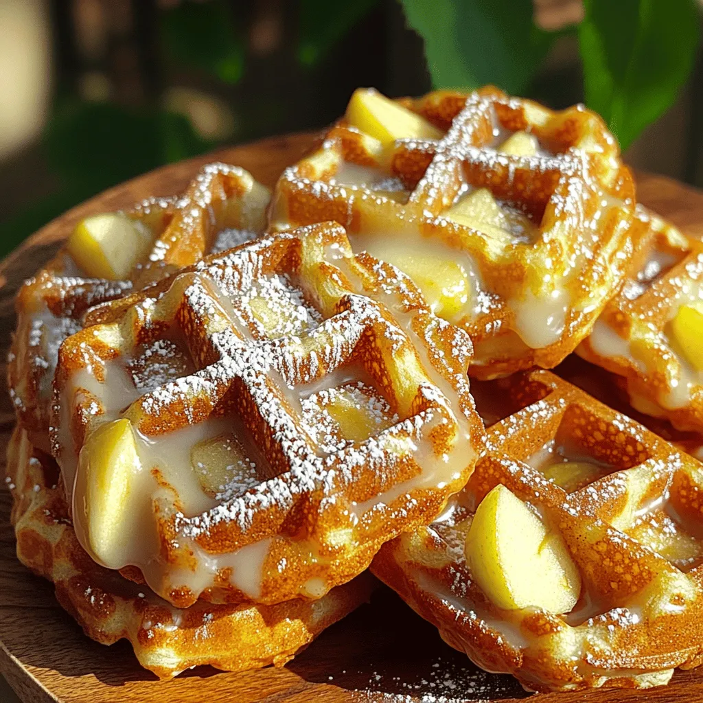 To make tasty apple fritter waffle donuts, gather these ingredients: - 2 medium apples, peeled, cored, and diced (preferably Granny Smith) - 1 cup all-purpose flour - 1/2 cup granulated sugar - 1 teaspoon baking powder - 1/2 teaspoon baking soda - 1 teaspoon cinnamon - 1/4 teaspoon nutmeg - 1/4 teaspoon salt - 1/2 cup buttermilk - 1 large egg - 1 teaspoon vanilla extract - 1/4 cup melted butter - Oil for frying (for the donut part) - 1 cup powdered sugar (for glaze) - 2-3 tablespoons milk or water (for glaze consistency) Choosing the right apples is key for flavor. I suggest using Granny Smith apples. They are tart and firm. Their crunch adds great texture to the donuts. If you want something sweeter, try Honeycrisp or Fuji. Always pick apples that are fresh and firm. Avoid any that feel soft or have bruises. If you have dietary needs, there are good substitutes. For gluten-free options, use a gluten-free all-purpose flour blend. You can replace buttermilk with almond milk or soy milk mixed with a bit of vinegar. If you're vegan, use a flax egg instead of a large egg. Simply mix 1 tablespoon of ground flaxseed with 2.5 tablespoons of water. Let it sit for a few minutes. This will help bind the batter well. To start, peel and core your apples. I prefer Granny Smith for their tartness. Dice them into small pieces. In a medium bowl, mix the diced apples with 1 tablespoon of sugar and 1 teaspoon of cinnamon. This helps draw out the juices and adds flavor. Let this sit while you prepare the batter. In a large bowl, whisk together the flour, sugar, baking powder, baking soda, cinnamon, nutmeg, and salt. This mix creates a nice base for your waffle donuts. In another bowl, combine buttermilk, egg, vanilla extract, and melted butter. Whisk until smooth. Pour the wet mix into the dry mix. Fold gently to combine but don’t overmix. Finally, add the apple mixture. Fold until the apples are evenly spread in the batter. Preheat your waffle iron according to the manufacturer’s instructions. Lightly grease it with cooking spray or melted butter. Pour about half a cup of batter into the center of the iron. Close the lid and cook for 4 to 5 minutes or until golden brown. Repeat this with the remaining batter. For the donuts, heat oil in a deep skillet to about 350°F. Use a donut cutter or circular cookie cutter to cut out shapes from the leftover batter. Fry the donuts in batches for 1 to 2 minutes on each side until golden brown. Drain them on paper towels to remove excess oil. For the glaze, mix 1 cup of powdered sugar with 2 to 3 tablespoons of milk or water in a small bowl. Stir until you reach a smooth, pourable consistency. Drizzle or dip your warm waffle donuts in this glaze. It adds a sweet, tasty finish. For an extra touch, arrange the glazed donuts on a plate and dust with more powdered sugar or a sprinkle of cinnamon. Enjoy your delightful creation! To get the best waffle texture, follow a few simple steps. First, do not overmix the batter. Gently fold the wet and dry ingredients until just combined. This keeps the waffles light. Second, preheat your waffle iron well. A hot iron helps create a crispy outer layer. Lastly, grease the waffle iron lightly. This prevents sticking and ensures a smooth release. When frying donuts, maintain the right oil temperature. Aim for around 350°F. Use a cooking thermometer for accuracy. Fry in small batches to avoid cooling the oil. Cook each donut for about 1-2 minutes on each side until golden brown. After frying, drain them on paper towels to remove excess oil. This keeps your donuts light and crispy. For a lovely presentation, arrange the waffle donuts on a decorative plate. Dust them with extra powdered sugar for a sweet touch. A sprinkle of cinnamon on top adds visual appeal and flavor. Consider adding fresh apple slices next to the donuts for color. This creates a beautiful and inviting dish that looks as good as it tastes. {{image_2}} You can change up the flavor of your Apple Fritter Waffle Donuts easily. Here are some fun ideas: - Caramel: Add caramel sauce to the batter for a sweet twist. - Nuts: Fold in chopped pecans or walnuts for a crunchy bite. - Dried Fruits: Mix in raisins or cranberries for added sweetness. - Spices: Try a bit of ginger or allspice for extra warmth. These additions make each bite special and full of flavor. Toppings can change the whole vibe of your donuts. Here are some tasty choices: - Cinnamon Sugar: Mix cinnamon and sugar, then sprinkle on warm donuts. - Chocolate Glaze: Melt dark chocolate and dip the tops of the donuts. - Fruit: Top with fresh slices of apple or berries for a fresh taste. - Whipped Cream: Add a dollop of whipped cream for a fun treat. These toppings can make your waffles and donuts look and taste amazing. Want to make your Apple Fritter Waffle Donuts a bit healthier? Try these swaps: - Whole Wheat Flour: Use whole wheat flour instead of all-purpose for fiber. - Less Sugar: Cut back on sugar by using a sugar substitute. - Unsweetened Applesauce: Replace butter with unsweetened applesauce for moisture. - Baked Instead of Fried: Bake the donuts in a donut pan instead of frying. These changes keep the flavor while making the treat better for you. To store leftover Apple Fritter Waffle Donuts, let them cool first. Place them in an airtight container. This keeps them fresh and prevents drying out. You can store them at room temperature for one day. For longer storage, keep them in the fridge for up to three days. Always check for signs of spoilage before eating. Reheat your donuts for the best taste. The oven works great for this. Preheat your oven to 350°F. Place the donuts on a baking sheet and cover them with foil. Heat them for about 5-10 minutes. This keeps them warm and crispy. You can also use a microwave, but the texture may be softer. Heat for 10-15 seconds, checking often to avoid overheating. Freezing is a smart way to save your Apple Fritter Waffle Donuts. Start by letting them cool completely. Wrap each donut in plastic wrap. Then place them in a freezer bag or airtight container. They can stay in the freezer for up to three months. When you want to enjoy them, thaw in the fridge overnight, then reheat as mentioned above. To stop your waffle donuts from sticking, grease the waffle iron well. Use cooking spray or melted butter before pouring in the batter. Make sure your iron is hot enough, as this helps create a non-stick surface. If you find they still stick, try letting them cook a little longer before opening the iron. This often helps them release better. Yes, you can use a regular donut pan for these. Just pour the batter into the donut molds and bake them in the oven. Follow your pan's instructions for baking time. Usually, it takes about 10-12 minutes at 350°F. The result will be a baked version, which is lighter but still tasty. These waffle donuts pair well with many sides. You can serve them with fresh fruit, like berries or sliced bananas. A scoop of vanilla ice cream also makes a great dessert. For a fun twist, try drizzling some caramel sauce on top. You can also enjoy them with a hot cup of coffee or tea. You now know how to make delicious apple fritter waffle donuts. We covered the best ingredients, tips for picking apples, and how to get the right texture. You can also explore fun variations and tips for storage. Whether you want a quick treat or a fun dessert, these donuts satisfy. Experiment with flavors and toppings to make them your own. Enjoy every bite, and share them with friends and family for smiles all around. Happy cooking!