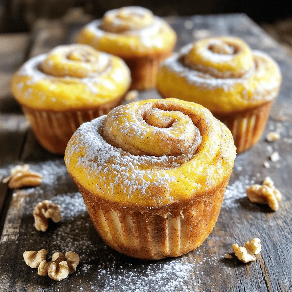 - 1 cup all-purpose flour - 1 cup whole wheat flour - 1 tablespoon baking powder - 1 teaspoon baking soda - 1 teaspoon ground cinnamon - 1/2 teaspoon ground nutmeg - 1/2 teaspoon salt I start with my dry ingredients. They form the base of our muffins. I use both all-purpose and whole wheat flour for texture and taste. Baking powder and baking soda help the muffins rise. Ground cinnamon and nutmeg add warmth and spice. Salt balances the flavors and makes everything pop. - 1 cup canned pumpkin puree - 2/3 cup brown sugar, packed - 1/3 cup granulated sugar - 1/2 cup milk (or non-dairy alternative) - 1/4 cup vegetable oil - 1 teaspoon vanilla extract Next, I move to the wet ingredients. Canned pumpkin puree gives moisture and a rich flavor. The brown sugar adds a deep, caramel-like sweetness. Granulated sugar adds a light sweetness to the mix. I use milk for creaminess, but feel free to use a non-dairy option. Vegetable oil keeps the muffins moist, and vanilla extract enhances the overall flavor. - 1/2 cup walnuts or pecans, chopped (optional) - 1/4 cup sugar for cinnamon swirl (for filling) - 1 tablespoon ground cinnamon (for filling) For a fun twist, I often add chopped walnuts or pecans. They add crunch and flavor. The sugar and ground cinnamon make a sweet filling that swirls through the muffins. This step is optional, but I highly recommend it for extra yumminess. - Preheat your oven to 350°F (175°C). - Line your muffin tin with paper liners or grease it lightly. - In a medium bowl, whisk together: - 1 cup all-purpose flour - 1 cup whole wheat flour - 1 tablespoon baking powder - 1 teaspoon baking soda - 1 teaspoon ground cinnamon - 1/2 teaspoon ground nutmeg - 1/2 teaspoon salt - Make sure to measure each ingredient carefully for best results. - In a large bowl, combine: - 1 cup canned pumpkin puree - 2/3 cup brown sugar - 1/3 cup granulated sugar - 1/2 cup milk (or a non-dairy alternative) - 1/4 cup vegetable oil - 1 teaspoon vanilla extract - Mix until the mixture is smooth and creamy. - Gradually add the dry ingredients to the wet mixture. - Stir gently until just combined; a few lumps are okay. - If you want, fold in 1/2 cup chopped walnuts or pecans. - Avoid overmixing to keep your muffins light. - Fill each muffin cup halfway with batter. - Sprinkle a teaspoon of the cinnamon sugar filling on top. - Cover with the remaining batter until cups are two-thirds full. - Bake for 18-20 minutes. - Test for doneness by inserting a toothpick into the center. It should come out clean. - Let the muffins cool in the pan for 5 minutes. - Transfer them to a wire rack to cool completely. To make your muffins soft and fluffy, mix dry and wet ingredients separately first. This helps avoid dense muffins. When you combine them, stir gently. A few lumps are okay. Overmixing can lead to tough muffins. Always use room temperature ingredients. Cold ingredients can disrupt the fluffiness. To keep your muffins fresh, store them in an airtight container. They stay good for about three days at room temperature. You can also freeze them. Wrap each muffin in plastic wrap and place them in a freezer bag. They will last for up to three months in the freezer. Dust the tops of your muffins with powdered sugar for a lovely finish. It adds a sweet touch. For extra flavor, drizzle a simple glaze on top. Mix powdered sugar with a splash of milk until smooth. This little addition makes your muffins look bakery-fresh and taste even better! {{image_2}} You can easily change the taste of your pumpkin cinnamon roll muffins. Adding chocolate chips makes a sweet treat. Just mix in about 1/2 cup of chocolate chips when making the batter. You can also use different spices. Ginger and cloves give a warm, cozy flavor. Try adding 1/2 teaspoon of each for a fun twist. If you need gluten-free muffins, swap the flours. Use 1 cup of gluten-free flour instead of regular flour. For vegan muffins, replace the milk with almond or oat milk. You can also use applesauce instead of vegetable oil. This keeps the muffins moist and adds sweetness. These muffins pair well with many drinks. A cup of warm apple cider or coffee is perfect. For a special touch, serve them with cream cheese or butter. You can spread a bit on each muffin for extra flavor. Dusting with powdered sugar adds a nice finish, making them look great too! Each muffin contains about 180 calories. This is a great snack or breakfast option. - Protein: 3 grams - Fats: 7 grams - Carbohydrates: 27 grams Pumpkin is not just tasty; it has many health benefits. It is rich in vitamin A. This vitamin helps with good vision and skin health. Pumpkin is also high in fiber, which aids digestion. Whole wheat flour is another star ingredient. It provides more fiber than white flour. Fiber helps keep you full and supports heart health. Whole grains can lower the risk of heart disease. These muffins contain common allergens like wheat and nuts. If you have allergies, you can make swaps. Use gluten-free flour for a gluten-free version. You can lower the sugar by using less brown and granulated sugar. You can also use a sugar substitute. Applesauce can replace some sugar too, adding moisture and flavor. These muffins can last about 3 to 4 days at room temperature. Store them in an airtight container to keep them fresh. If you want them to last longer, place them in the fridge for up to a week. Just remember to let them warm up before you enjoy them! Yes, you can use fresh pumpkin! First, peel and chop a small pumpkin. Then, steam or roast the pieces until they are tender. Once cooked, mash the pumpkin until smooth. Measure out 1 cup of this fresh puree to use in your recipe. If your muffins are dry, there are a few things to check. Ensure you measure your flour correctly. Too much flour can make them dense. Also, try adding an extra tablespoon of oil or milk to the batter. This helps keep them moist. Lastly, avoid overbaking; check them a little earlier! Absolutely! You can prepare the batter a day in advance. Store it in the fridge overnight. When you're ready, spoon the batter into muffin cups and bake. If you have baked muffins, you can keep them in an airtight container for up to 3 days. Yes, these muffins freeze well! After they cool, wrap each muffin in plastic wrap. Place them in a freezer-safe bag or container. To thaw, leave them out at room temperature or microwave them for a few seconds. Enjoy them warm! This blog post shared a detailed guide on making delicious pumpkin muffins. We covered the key ingredients, the step-by-step instructions, and helpful tips to get the best results. You learned about variations for different tastes and dietary needs, plus valuable storage tips. These muffins are fun to make and taste amazing. Enjoy your baking journey and treat others to your tasty results. You have everything you need to create a yummy batch!