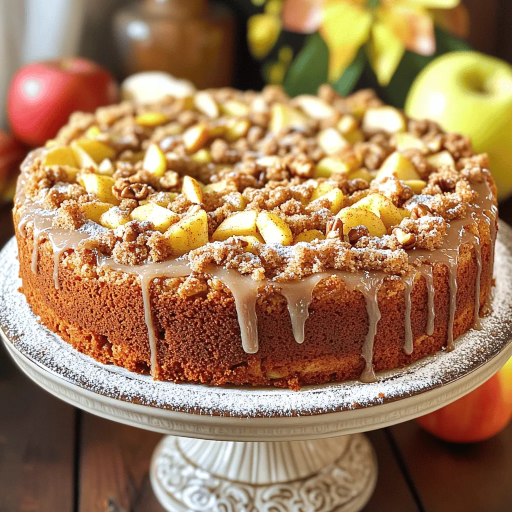 - 2 cups all-purpose flour - 1/2 cup granulated sugar - 1/2 cup brown sugar, packed - 1 tsp baking powder - 1/2 tsp baking soda - 1/2 tsp salt - 1 tsp ground cinnamon - 1/2 cup unsalted butter, softened - 2 large eggs - 1 cup buttermilk - 2 cups apples, peeled and diced (about 2 medium apples) - 1/2 cup chopped walnuts or pecans (optional) - 1 cup all-purpose flour - 1/2 cup brown sugar, packed - 1/2 tsp ground cinnamon - 1/4 cup unsalted butter, melted - 1/2 cup powdered sugar - 1 tbsp milk - 1/2 tsp ground cinnamon The ingredients for the Apple Crumb Cake with Cinnamon Drizzle are key to its flavor and texture. You start with two cups of all-purpose flour. This gives the cake its base. You will also need a mix of sugars: half a cup each of granulated and packed brown sugar. These add sweetness and moisture. Next, you need baking powder and baking soda. These leaven the cake, making it rise. Don’t forget the salt to enhance all the flavors. One teaspoon of ground cinnamon adds warmth and spice. For the wet ingredients, you will use half a cup of softened unsalted butter. This keeps the cake moist. Two large eggs help bind everything together. You will also need one cup of buttermilk, which adds tanginess and richness. The stars of the show are the two cups of apples. Peel and dice them to mix into the batter. If you like, you can add half a cup of chopped walnuts or pecans for crunch. For the crumb topping, mix one cup of flour, half a cup of packed brown sugar, and half a teaspoon of cinnamon with a quarter cup of melted butter. This will create a wonderful, crumbly layer on top. Finally, for the cinnamon drizzle, whisk together half a cup of powdered sugar, one tablespoon of milk, and half a teaspoon of cinnamon. This drizzle adds a sweet finish to your cake. Gather all these ingredients, and you are ready to bake a delightful apple crumb cake! - Preheat the oven to 350°F (175°C). - Grease a 9x13 inch baking pan with butter or non-stick spray. - In a large bowl, combine 2 cups all-purpose flour, 1/2 cup granulated sugar, 1/2 cup brown sugar, 1 tsp baking powder, 1/2 tsp baking soda, 1/2 tsp salt, and 1 tsp ground cinnamon. Mix well with a whisk. - In another bowl, cream 1/2 cup softened butter until light and fluffy. Add 2 large eggs, one at a time, mixing well after each. - Pour in 1 cup of buttermilk and mix until smooth. Gradually stir in the dry ingredients until just combined. Avoid overmixing. - Gently fold in 2 cups of peeled and diced apples. If you like, add 1/2 cup chopped walnuts or pecans for crunch. - In a small bowl, mix together 1 cup all-purpose flour, 1/2 cup brown sugar, 1/2 tsp ground cinnamon, and 1/4 cup melted butter. Stir until the mixture is crumbly. - Pour the batter into the prepared pan, spreading it out evenly. Sprinkle the crumb topping over the batter. - Bake in the preheated oven for 40-45 minutes. Check doneness by inserting a toothpick. It should come out clean. - While the cake bakes, whisk together 1/2 cup powdered sugar, 1 tbsp milk, and 1/2 tsp ground cinnamon in a bowl. Adjust the thickness with more milk if needed. - Avoid overmixing batter for a light texture. This helps keep your cake fluffy. - Use room temperature ingredients for best results. It mixes better and bakes evenly. - Experiment with different apple varieties for varied flavors. Try tart apples like Granny Smith or sweet ones like Fuji. - Add vanilla extract for extra sweetness. Just a teaspoon can make a big difference. - Serve on a cake stand with a sprinkle of powdered sugar. This adds a nice touch to your dessert. - Garnish with apple slices for visual appeal. Fresh slices look great and taste good too! {{image_2}} You can make this cake gluten-free. Just swap all-purpose flour for a gluten-free flour blend. This change keeps the cake light and tasty. Always check the blend for the best results. To make the cake vegan, use plant-based butter and non-dairy milk. For eggs, applesauce or flaxseed meal works well. Just mix one tablespoon of flaxseed with three tablespoons of water to replace one egg. This keeps the cake moist and fluffy. Mix things up with different toppings. You can add a crunchy streusel topping or drizzle some caramel on top. Both options add flavor and fun to the cake. Try them out to see which you like best! Store your apple crumb cake in an airtight container at room temperature. This keeps it fresh for up to 3 days. Make sure the cake is completely cool before sealing it. This helps avoid sogginess. For longer storage, refrigerate the cake. It stays good for up to a week. You can also freeze it for up to 3 months. Wrap slices tightly in plastic wrap and use a freezer bag for best results. To enjoy your cake warm, reheat slices in the microwave. Heat for about 15-20 seconds. If you prefer the oven, set it to 350°F (175°C) and warm the cake for about 10 minutes. This helps the flavors shine again. Yes! You can swap apples for pears or berries. Both fruits work great in this cake. They add a nice flavor and moisture. To check if the cake is done, use a toothpick. Insert it into the center of the cake. If it comes out clean, your cake is ready. If not, give it a few more minutes. This cake pairs well with whipped cream or ice cream. A drizzle of caramel also makes it special. You can even serve it with a hot cup of coffee. Enjoy! In this post, we explored how to make a delicious apple crumb cake. You learned about the main ingredients, crumb topping, and cinnamon drizzle. I also shared step-by-step instructions and helpful tips for the best results. Remember, you can adjust flavors or try variations to suit your taste. This dessert is perfect for family gatherings or a cozy night in. Enjoy baking and sharing it with others!