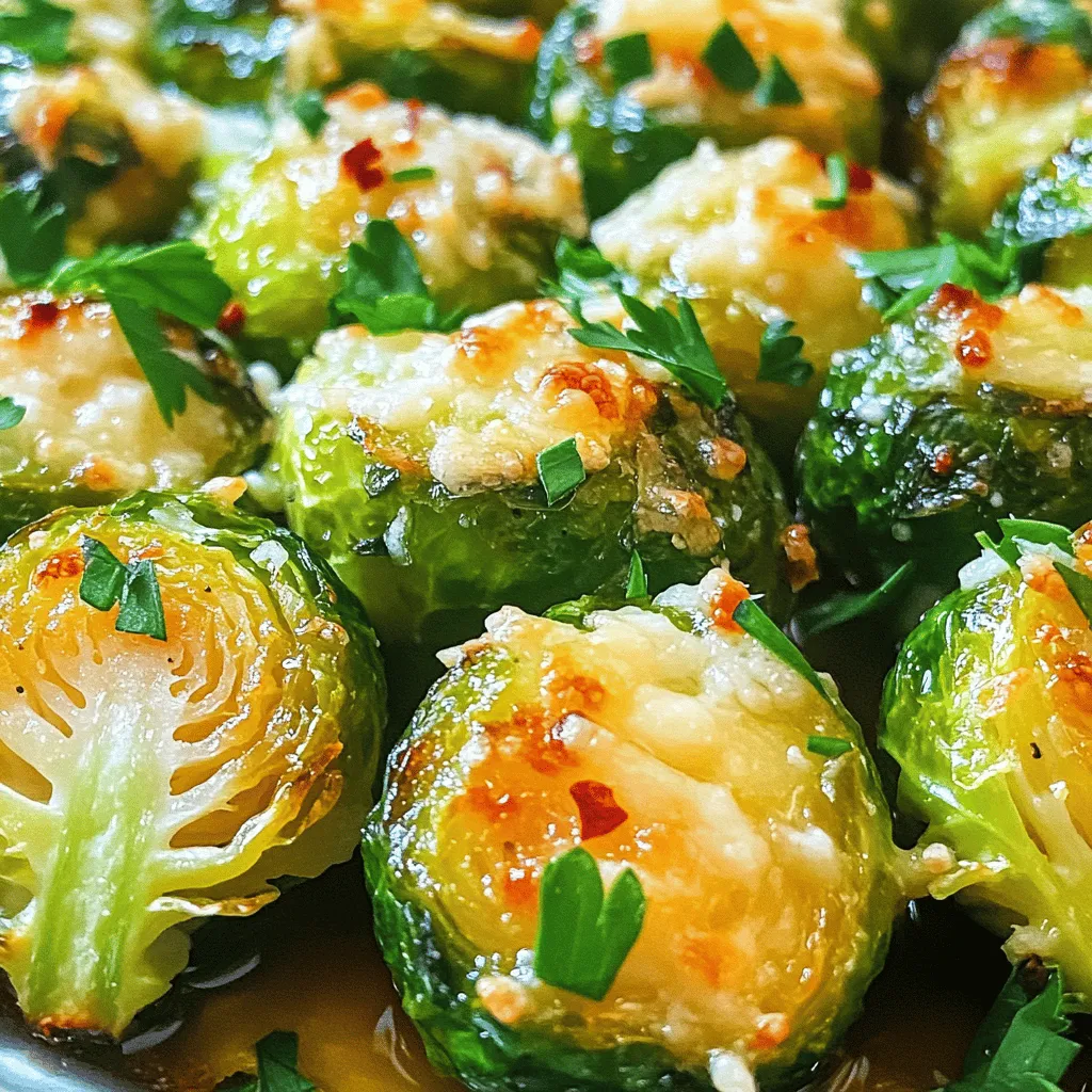 To make Garlic Parmesan Roasted Brussels Sprouts, gather these items: - 1 lb Brussels sprouts, trimmed and halved - 4 tablespoons olive oil - 4 cloves garlic, minced - 1/2 cup grated Parmesan cheese - 1 teaspoon salt - 1/2 teaspoon black pepper - 1/4 teaspoon crushed red pepper flakes (optional) - Fresh parsley, chopped (for garnish) These ingredients form the base of this tasty dish. The Brussels sprouts offer a unique crunch, while the garlic and Parmesan give a rich flavor. You can add a few optional ingredients to boost the taste: - Balsamic vinegar for a tangy twist - Lemon zest for brightness - Bacon bits for a savory touch - Chopped nuts like almonds or walnuts for crunch These additions can make your dish even more exciting and flavorful. Feel free to mix and match based on your taste. Each serving of Garlic Parmesan Roasted Brussels Sprouts provides: - Calories: About 200 - Protein: 6g - Fat: 15g - Carbohydrates: 12g - Fiber: 4g This dish is not only tasty but also nutritious. The Brussels sprouts provide fiber and vitamins, while olive oil adds healthy fats. Enjoy this dish guilt-free! Start by washing the Brussels sprouts well under cool water. Trim off the tough ends. Then, cut each sprout in half. This helps them cook evenly. You can remove any loose outer leaves if they look yellow or wilted. Place the halved sprouts in a large bowl. In the same bowl, drizzle in the olive oil. Add the minced garlic, salt, black pepper, and crushed red pepper flakes. Toss everything well. Make sure each sprout is coated with the tasty mix. This step adds flavor to every bite. Preheat your oven to 400°F (200°C). Line a large baking sheet with parchment paper. Spread the sprouts in a single layer, cut side down. This helps them caramelize nicely. Roast for 20 minutes. Then, sprinkle the grated Parmesan cheese on top. Return the baking sheet to the oven. Roast for another 10-15 minutes. Look for a golden brown color and bubbly cheese. Let them cool for a few minutes before serving. Garnish with fresh parsley for a pop of color. Enjoy your delicious Garlic Parmesan Roasted Brussels Sprouts! To get crispy Brussels sprouts, use a high heat. Preheat your oven to 400°F (200°C). Cut the sprouts in half and place them cut side down. This helps brown them better. Spread them out on your baking sheet. Don’t crowd them; give them space to breathe. For extra crispiness, try using a bit more olive oil. You can make these sprouts even tastier. Add a splash of lemon juice before serving. It brightens the flavors. Try adding balsamic vinegar for a sweet touch. You can also mix in some bacon bits or nuts for a crunch. For a spicy kick, increase the crushed red pepper flakes. One mistake is not trimming the sprouts well. Always trim the ends and remove any yellow leaves. Another error is using too little oil; this can make them dry. Be careful not to overcook them, or they will become mushy. Lastly, remember to let them cool a bit before serving. This helps keep them from steaming and losing crispiness. {{image_2}} You can switch up the cheese in this recipe. While Parmesan is classic, try using Pecorino Romano for a sharper bite. Goat cheese adds creaminess and tang. For a rich flavor, use aged cheddar. Each cheese brings its own taste, making your Brussels sprouts unique. Mixing in other veggies makes this dish even better. Carrots, bell peppers, or sweet potatoes roast nicely alongside Brussels sprouts. Just cut them into similar sizes for even cooking. This adds color and nutrition to your meal. Plus, it makes it look beautiful on your plate. If you love heat, increase the crushed red pepper flakes. Start with one teaspoon for a good kick. You can also add cayenne pepper for more spice. For a milder taste, leave out the red pepper flakes. Adjusting spice lets you make this dish your own. To keep your Garlic Parmesan Roasted Brussels Sprouts fresh, store them in an airtight container. Let them cool to room temperature before sealing. They can last in the fridge for about three to four days. Avoid stacking them too high to prevent squishing. If you want to keep them crispy, store them without the cheese on top. When you’re ready to enjoy leftovers, preheat your oven to 350°F (175°C). Spread the Brussels sprouts on a baking sheet. Heat them for about 10-15 minutes. This method keeps them crispy. If you’re short on time, you can also use a microwave. Heat in short bursts, stirring between each. This way, you prevent them from getting soggy. You can freeze these sprouts if you have too many leftovers. First, let them cool completely. Then, place them on a baking sheet in a single layer. Freeze them for about an hour until firm. Once frozen, transfer them to a freezer bag. They can stay good for up to three months. To eat, just reheat them from frozen, following the same oven method for best results. Yes, you can prepare the Brussels sprouts in advance. Trim and halve them, then mix with olive oil, garlic, salt, and pepper. Store this mixture in the fridge for up to a day. When you are ready to cook, spread them on a baking sheet and roast. This helps save time on busy days. These sprouts pair well with many dishes. You can serve them with roasted chicken or grilled fish. They also go great with pasta or a fresh salad. For a fun twist, try them with a creamy risotto. Their flavors add a nice crunch and zest to your meal. Brussels sprouts are done when they turn golden brown. They should be tender when you poke them with a fork. The cheese should be melted and bubbly on top. If you want extra crispiness, roast them a bit longer. Just keep an eye on them to avoid burning. In this post, we covered everything needed to make Garlic Parmesan Roasted Brussels Sprouts. We explored key ingredients, a simple step-by-step guide, helpful tips, delicious variations, and storage info. These sprouts can be a perfect side dish or snack. Remember to experiment with flavors and textures. Enjoy crisp, tasty Brussels sprouts anytime. Follow the steps to impress yourself and others!