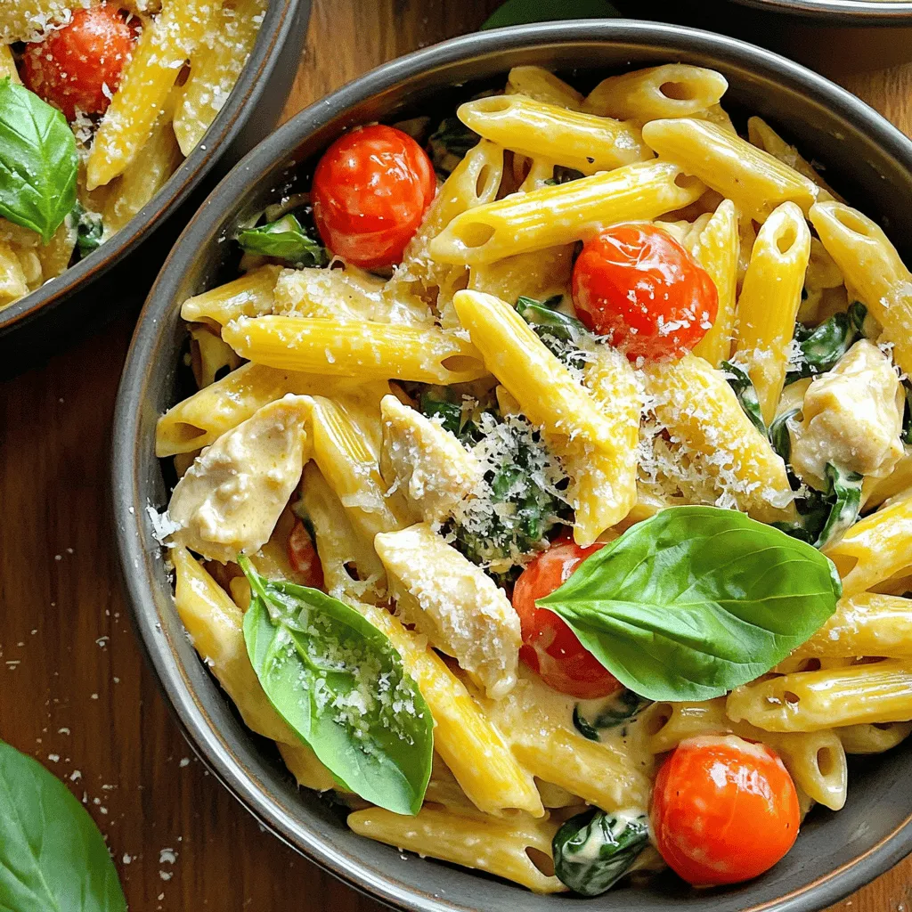 - 2 boneless, skinless chicken breasts, diced - 8 ounces pasta (penne or fettuccine work well) - 1 cup cherry tomatoes, halved - 1 cup baby spinach To make this dish, start with chicken. I like to use boneless, skinless chicken breasts because they cook well and stay tender. Dicing them into small pieces helps them cook evenly. Next, choose your pasta. Penne or fettuccine both work perfectly. They hold the sauce well and add a nice texture. Finally, include fresh vegetables. Cherry tomatoes add sweetness and color, while baby spinach brings nutrients and a pop of green. - 1 cup heavy cream - 1/2 cup grated Parmesan cheese - 1 teaspoon Italian seasoning - Salt and pepper to taste Now, let’s talk about the creamy part. Heavy cream gives this dish its rich texture. It makes the sauce smooth and luscious. Add in grated Parmesan cheese for a savory flavor. Italian seasoning brings warmth and depth. Don’t forget to adjust with salt and pepper to make the flavors shine. - Fresh basil for garnish - Additional seasonings For a lovely finish, consider fresh basil. It adds a burst of flavor and makes your dish look beautiful. You can also mix in more seasonings if you like. Try adding crushed red pepper for heat or fresh herbs for extra freshness. Each choice can personalize your creamy Tuscan chicken pasta delight! Start by dicing the chicken into small pieces. This helps it cook evenly. Season the chicken with salt, pepper, and Italian seasoning. Heat olive oil in a large pot over medium heat. Add the chicken and cook for about 5 to 7 minutes. You want it browned and no longer pink inside. Once done, remove the chicken from the pot and set it aside. In the same pot, add minced garlic. Cook it for about 30 seconds until it smells great. Timing is key here. If you cook it too long, it can burn and taste bitter. Next, add the halved cherry tomatoes. Cook them for 2 to 3 minutes until they soften. This step adds flavor to the dish. Now it’s time to make it creamy. Pour in the heavy cream and stir well. Bring it to a gentle simmer. Add the cooked chicken back into the pot. Toss in the baby spinach and the cooked pasta. Mix everything until well coated. Gradually add the grated Parmesan cheese until it melts into the sauce. Taste it and adjust with more salt or pepper if needed. Remove from heat and let it sit for a few minutes to thicken. Enjoy your delicious one-pot meal! - To keep chicken tender, don't overcook it. Cook until it’s just done. This usually takes about 5-7 minutes. - For a creamy sauce, add the heavy cream slowly. Stir well to mix. This helps it become smooth and rich. - Serve the pasta in deep bowls for a nice look. - Top with fresh basil and extra Parmesan. This adds color and taste. - A side of garlic bread or a crisp salad works great too. - To spice things up, try adding red pepper flakes. They bring a nice kick. - You can also add more veggies, like bell peppers or mushrooms. This makes the dish even more colorful and tasty. - Customize your dish by using different herbs, like oregano or thyme. Each adds its own twist. {{image_2}} You can swap chicken for shrimp or turkey. Both options bring great flavor. Shrimp cooks fast and adds a nice touch. Just add it when you sauté the garlic. Turkey offers a leaner choice. Cook it until it’s no longer pink. If you want a vegetarian option, try chickpeas or tofu. These add protein while keeping it plant-based. For gluten-free pasta, choose rice or quinoa pasta. These work well and cook quickly. You can also experiment with different pasta shapes. Bowtie, fusilli, or even spaghetti can fit. The key is to match the pasta with the sauce. Pick a shape that holds the creamy sauce well for better bites. If you like spice, add red pepper flakes. This will give your dish a nice kick. Start with a small amount, then taste and adjust. You can also enhance flavors with fresh herbs. Try adding thyme or oregano for a different taste. Fresh basil can brighten your dish, too. Just sprinkle it on before serving for the best flavor. To store leftovers safely, let the pasta cool first. Place it in an airtight container. This keeps the flavors fresh. The dish lasts in the fridge for about 3-4 days. Always check for any off smells before eating. Freezing portions makes quick meals easy. Use freezer-safe containers or bags. Make sure to leave space for expansion. The pasta can stay in the freezer for up to 2 months. When ready to eat, thaw it in the fridge overnight for best results. Reheat gently to keep the creaminess. Use a microwave or a stovetop. If using the microwave, heat in 30-second bursts. Stir in between to ensure even warming. On the stovetop, add a splash of cream to avoid drying out. Heat on low for about 5-10 minutes. Enjoy your creamy pasta again! For this dish, I suggest using penne or fettuccine. - Penne holds the sauce well in its tubes. - Fettuccine's flat shape catches the creamy sauce nicely. - You can also try farfalle for a fun twist. - Choose whole wheat or gluten-free pasta if you prefer. Yes, you can prepare this dish in advance! - Cook the chicken and pasta, then mix them with the sauce. - Store it in an airtight container in the fridge. - To keep it fresh, add spinach just before serving. - Reheat gently on the stove to maintain creaminess. If your sauce is too thick, don’t worry! - Add a splash of chicken broth or water. - Stir well to combine and heat it gently. - You can also add more cream for richness. - Adjust seasoning after adding liquid to keep flavors balanced. This blog covered key aspects of a delicious pasta dish. You learned about main ingredients like chicken, pasta, and veggies. I also shared tips on cooking and serving, plus variations and storage methods. To wrap up, remember to experiment with flavors. Make this recipe your own, and enjoy every bite. Happy cooking!