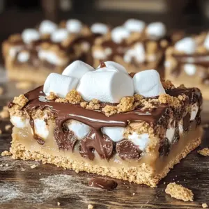 To make S'more Cookie Bars, gather these tasty ingredients: - 1 cup unsalted butter, softened - 1 cup brown sugar, packed - 1/2 cup granulated sugar - 2 large eggs - 1 teaspoon vanilla extract - 2 1/2 cups all-purpose flour - 1 teaspoon baking powder - 1/2 teaspoon baking soda - 1/4 teaspoon salt - 1 cup chocolate chips (milk or dark) - 1 cup mini marshmallows - 1/2 cup graham cracker crumbs (plus extra for topping) These ingredients work together to create a chewy, sweet treat. Each one plays a key role. The butter adds richness, while sugars bring sweetness and moisture. The eggs bind everything together. Chocolate and marshmallows create that classic s'more flavor. You can swap some ingredients for different flavors. Here are a few ideas: - Use coconut oil instead of butter for a dairy-free option. - Try brown rice syrup in place of granulated sugar for a unique taste. - Use white chocolate chips for a sweeter twist. - Add peanut butter chips for extra richness. These alternatives can change the bars' flavor while keeping them delicious. If you have dietary needs, these substitutions can help: - For gluten-free bars, use a gluten-free flour blend. - Replace eggs with flaxseed meal mixed with water. Use 1 tablespoon of flaxseed and 2.5 tablespoons of water per egg. - Use dairy-free chocolate chips for a vegan treat. - For a low-sugar option, try using a sugar substitute like stevia or monk fruit. These substitutions ensure that everyone can enjoy these tasty bars! For the full recipe, check the earlier section. To make these tasty S'more Cookie Bars, follow these easy steps: 1. Preheat your oven to 350°F (175°C). Grease a 9x13 inch baking pan or line it with parchment paper. This helps with easy removal. 2. Cream together 1 cup of softened butter, 1 cup of brown sugar, and 1/2 cup of granulated sugar. Mix until it’s light and fluffy, about 2-3 minutes. 3. Add 2 large eggs one at a time. Mix in 1 teaspoon of vanilla extract until combined. 4. In a separate bowl, whisk together 2 1/2 cups of all-purpose flour, 1 teaspoon of baking powder, 1/2 teaspoon of baking soda, and 1/4 teaspoon of salt. 5. Gradually mix the dry ingredients into the wet mixture. Stir until just combined. 6. Fold in 1 cup of chocolate chips, 1 cup of mini marshmallows, and 1/2 cup of graham cracker crumbs. Make sure they are evenly spread throughout the dough. 7. Spread half of the mixture into the baking pan. Press it down to create an even layer. 8. Sprinkle a layer of mini marshmallows and chocolate chips over this dough. Then, crumble the remaining cookie dough on top, covering everything. 9. Optional: Add more graham cracker crumbs on top for extra crunch. 10. Bake for 25-35 minutes. Look for golden brown edges and a set center. 11. Cool in the pan on a wire rack for about 20 minutes. Then, cut into bars. - Don’t skip greasing the pan. This helps prevent sticking. - Mix well but don’t overmix the dough. This keeps your bars chewy. - Check your bars at the lower end of the baking time. Ovens vary. - Let them cool before cutting. This helps them hold their shape. - Creaming Butter: It should look pale and fluffy. - Adding Dry Ingredients: Mix until just combined. You may still see some flour. - Layering: Make sure to press down the first layer firmly for a good base. - Baking: The edges should be golden, and the center should look set, not jiggly. Follow these steps, and you’ll have chewy, gooey S'more Cookie Bars that everyone will love. For the full recipe, check out the complete instructions above. Enjoy your baking adventure! One common mistake is overmixing the dough. This can make your bars tough. Mix until just combined for a softer bite. Another mistake is not measuring ingredients accurately. Use dry measuring cups for flour and graham crumbs. Too much flour can lead to dry bars. Also, watch the baking time closely. If you bake too long, the edges can burn. Check for a golden edge and a set center. Letting the bars cool too long in the pan can make them stick. Move them to a wire rack after 20 minutes. For the best results, preheat your oven properly. This helps your bars bake evenly. Use a timer to avoid overbaking. Start checking at 25 minutes. The bars should be golden and slightly soft in the middle. If you want gooier bars, you can underbake them a bit. They will firm up as they cool. If you like a crisp edge, bake until the edges are dark brown. Serve these bars warm for a gooey treat. Top them with more mini marshmallows and a drizzle of chocolate. A dollop of whipped cream adds a nice touch. For a campfire vibe, sprinkle graham cracker crumbs on top. Cut them into large squares for a fun treat. You can also serve them with ice cream for an extra special dessert. Try pairing with a glass of milk or hot cocoa. These ideas will make your s'more cookie bars a hit! For the full recipe, check the Full Recipe section above. {{image_2}} You can play with flavors in your S'more Cookie Bars. For a twist, try adding peanut butter chips. They blend well with chocolate and give a nutty taste. You might enjoy caramel bits too. They bring a rich, gooey texture. Mix in some coconut flakes for a tropical feel. Each change gives a unique spin to the classic treat. Making vegan S'more Cookie Bars is easy. Use coconut oil instead of butter. Replace eggs with flaxseed meal or applesauce. You can find egg substitutes at your local store. For a gluten-free version, swap all-purpose flour with almond flour or a gluten-free blend. Check if your chocolate chips are gluten-free. These tweaks keep the bars tasty and suitable for different diets. Seasonal changes can inspire new flavors. In fall, add pumpkin spice for a warm, cozy taste. You can fold in chopped apples or pear slices for a fruity kick. Winter is perfect for peppermint. Crush candy canes and mix them in for a fresh burst. In summer, fresh berries can replace some chocolate chips. Strawberries or raspberries add a nice tartness. Let the seasons guide your creativity. For the complete recipe, check out the [Full Recipe]. To keep your S'more Cookie Bars fresh, place them in an airtight container. This prevents air from drying them out. You can also wrap them in plastic wrap before putting them in the container. Store them at room temperature for up to five days. If you want them to last longer, consider refrigerating them. Just remember to bring them back to room temperature before serving for the best taste. When you have leftover S'more Cookie Bars, you might want to warm them up. To do this, preheat your oven to 350°F (175°C). Place the bars on a baking sheet and cover them with foil. Heat for about 10 minutes to keep them chewy. You can also use a microwave. Heat one bar at a time for about 15-20 seconds. This helps to melt the chocolate and marshmallows, making them gooey and delicious. If you want to save S'more Cookie Bars for later, freezing is a great option. First, let the bars cool completely. Then, cut them into squares. Wrap each square tightly in plastic wrap. After wrapping, place them all in a freezer-safe bag or container. They can last in the freezer for up to three months. When you’re ready to eat them, simply take them out and thaw at room temperature. You can also reheat them as mentioned earlier for that fresh-baked taste. If you don't have chocolate chips, don't worry! You can use chopped chocolate bars or even chocolate chunks. You can also try white chocolate or peanut butter chips for a fun twist. The key is to keep that sweet, melty goodness. Just make sure to use a similar amount, about one cup. Yes, you can make S'more Cookie Bars ahead of time! You can prepare the dough and store it in the fridge for up to three days. You can also bake the bars and keep them in an airtight container. They taste great for a few days after baking. Just warm them up a bit before serving for that fresh-baked taste. S'more Cookie Bars stay fresh for about five days at room temperature. After that, they may start to lose their chewy texture. You can also freeze them for up to three months. Just wrap them tightly in plastic wrap and then in foil. This way, you can enjoy these tasty bars later! S'more cookie bars bring fun and flavor to any gathering. We explored the best ingredients and steps to make them. You learned alternative suggestions for different diets. We also shared tips to avoid common mistakes and how to customize your bars. Remember, proper storage keeps them tasty for longer. Enjoy every bite and feel free to experiment with flavors! Your perfect treat is just a recipe away.