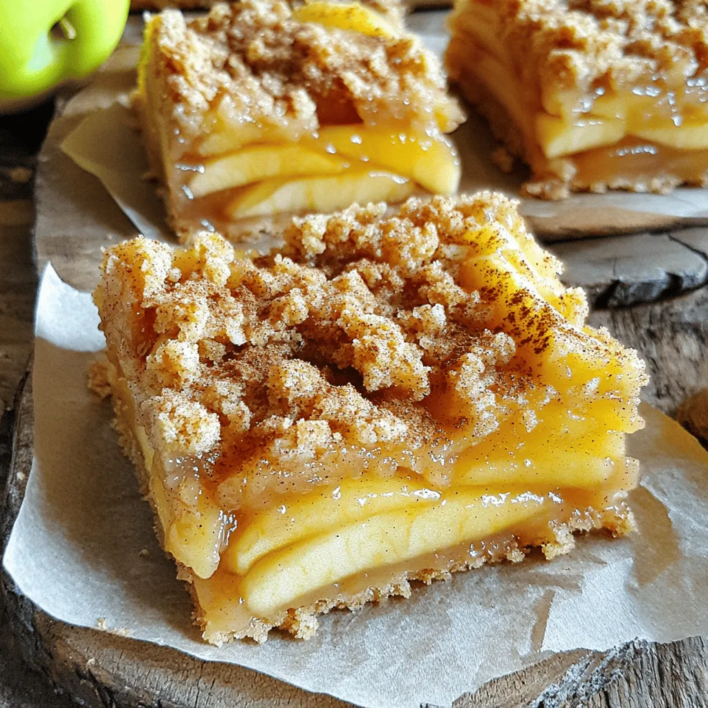 To make apple crisp bars, you need simple but key ingredients. Here’s what you need: - 2 cups all-purpose flour - 1 cup rolled oats - 1 cup brown sugar, packed - 1 teaspoon cinnamon - 1/2 teaspoon nutmeg - 1/2 teaspoon salt - 1 cup unsalted butter, melted - 4 medium apples, peeled, cored, and thinly sliced - 1 tablespoon lemon juice - 1/4 cup granulated sugar - 1 tablespoon cornstarch - 1/2 teaspoon vanilla extract These ingredients come together to create a delightful treat. For the best flavor, use crisp apples. I recommend Granny Smith or Honeycrisp apples. Their natural tartness balances the sweetness of the sugar. Peel, core, and thinly slice the apples. This step helps them cook evenly. Remember to toss them with lemon juice, granulated sugar, cornstarch, and vanilla extract. This mixture adds flavor and helps thicken the filling. Accurate measurements are key in baking. Too much or too little can change the texture and taste. - Flour: Too much flour can make the bars dry. - Sugar: Correct sugar levels ensure sweet, gooey filling. - Butter: The right amount keeps the crust moist and crumbly. Stick to the recipe for the best results. Enjoy your baking! To start, preheat your oven to 350°F (175°C). This step helps the bars bake evenly. Next, take a 9x13 inch baking pan and line it with parchment paper. Leave some paper hanging over the edges. This makes it easy to lift the bars out later. Make sure the paper covers the bottom and sides well. In a large mixing bowl, combine 2 cups of all-purpose flour, 1 cup of rolled oats, 1 cup of brown sugar, 1 teaspoon of cinnamon, 1/2 teaspoon of nutmeg, and 1/2 teaspoon of salt. Stir these well until mixed. Then, pour in 1 cup of melted unsalted butter. Mix until it looks like coarse crumbs. Set aside 1 cup of this mixture for the topping. Press the remaining mixture firmly into the bottom of the baking pan. Bake this crust for about 15 minutes, or until it gets a light golden color. While the crust bakes, prepare the apple filling. Take 4 medium apples and peel, core, and slice them thinly. In a separate bowl, toss the apple slices with 1 tablespoon of lemon juice, 1/4 cup of granulated sugar, 1 tablespoon of cornstarch, and 1/2 teaspoon of vanilla extract. Mix well to coat the apples evenly. Once the crust is done, spread the apple mixture over it. Finally, sprinkle the reserved crumb mixture over the apples. This will create a delicious, crisp topping. To get the best texture for your apple crisp bars, focus on your crust. You want it to be crumbly and firm. Mix the dry ingredients well before adding the melted butter. This helps everything blend nicely. Press the crust into the pan firmly, but don't squish it too much. This keeps it light and flaky. One common mistake is not measuring ingredients correctly. Too much flour can make the bars dry. Use a kitchen scale for precise measurements. Another mistake is not letting the bars cool completely before cutting. If you rush this, they might fall apart. Lastly, don't skip the parchment paper. It makes removing the bars much easier. To boost the flavor, try using different apples. Granny Smith apples give a tart kick, while Honeycrisp adds sweetness. You can also add a pinch of nutmeg along with cinnamon. This gives a warm depth to your bars. Don't hesitate to add a splash of vanilla extract in the apple mix for extra flavor. {{image_2}} You can switch up the apples in this recipe. Try pears for a sweet twist. They add a nice texture and flavor. You can also use peaches or plums. These fruits mix well with the spices. If you like berries, raspberries or blueberries work too. Just keep the fruit's moisture in mind. You may need to adjust the sugar based on sweetness. Want to make this dish gluten-free? Use gluten-free flour instead of all-purpose flour. Many brands offer blends that work well. Check the label to ensure it has a good texture. You can also use gluten-free oats. Make sure they say gluten-free on the package. This way, you can enjoy these bars without worry. Adding nuts can enhance the flavor and crunch. Chopped walnuts or pecans are great choices. Stir in about half a cup into the mixture. For a sweet touch, try dried fruits. Raisins or dried cranberries work well. You can mix them in with the apple filling. They add chewiness and extra flavor to your bars. To keep your apple crisp bars fresh, store them in an airtight container. This helps to prevent them from drying out. You can leave them at room temperature for a couple of days. If you want to keep them longer, the fridge is a good option. Just be sure to wrap them well in plastic wrap for extra protection. If you want to freeze your apple crisp bars, let them cool completely first. Then, cut them into squares. Wrap each square tightly in plastic wrap. After that, place them in a freezer-safe bag or container. They can last in the freezer for about three months. When you’re ready to enjoy, just thaw them in the fridge overnight. When stored at room temperature, apple crisp bars last for about 2-3 days. In the fridge, they can stay fresh for about a week. If frozen, they can be good for up to three months. Just remember, the sooner you eat them, the better they will taste! Yes, you can use different sugars. Brown sugar adds a rich flavor. You can swap half for white sugar if you like. Coconut sugar works too. It gives a nice caramel taste. Just remember, each sugar changes the taste slightly. The bars are done when the top is golden brown. The apples should be soft but not mushy. You can check by poking a fork in the apples. If it goes in easily, they are ready. Watch for bubbling around the edges too. Yes, you can make these bars vegan. Use coconut oil instead of butter. You can also use flaxseed meal mixed with water as an egg substitute. Replace brown sugar with maple syrup or agave nectar for sweetness. These swaps keep the taste yummy and plant-based. To sum up, we explored how to make apple crisp bars with fresh apples. I explained the key ingredients and the need for exact measurements. We walked through each step, from prepping the pan to baking your bars. I shared tips to avoid common mistakes and ideas for variations and storage. Remember, these bars are versatile and easy to enjoy. Whether you use different fruits or add nuts, each bite can be a new delight. Now you’re ready to impress with your homemade apple crisp bars!