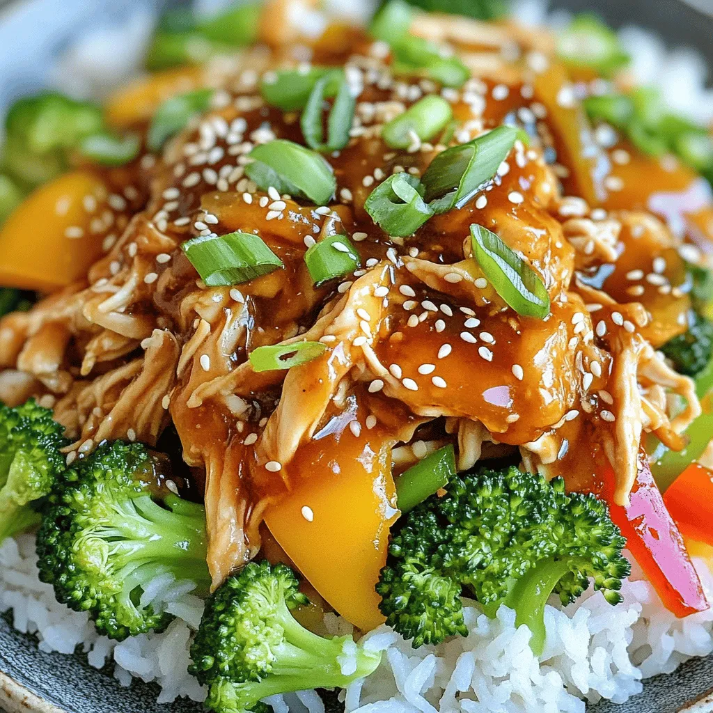 - 4 boneless, skinless chicken thighs - 1/2 cup honey - 1/4 cup soy sauce (or tamari for gluten-free) - 4 cloves garlic, minced - 1 tablespoon fresh ginger, grated - 1 tablespoon sesame oil - 1/2 teaspoon crushed red pepper flakes (optional) - 1 cup broccoli florets - 1 cup bell peppers, sliced - 3 green onions, sliced (for garnish) - Sesame seeds (for garnish) - Salt and pepper to taste You can swap chicken thighs for chicken breasts. Chicken breasts give a leaner meat. For honey, maple syrup works well. It adds a unique flavor. If you prefer a lighter sauce, use less honey. You can also replace soy sauce with coconut aminos. This swap makes the dish soy-free. To make this dish gluten-free, use tamari instead of soy sauce. Tamari has a similar taste and is safe for a gluten-free diet. Check labels on all packaged ingredients. Some brands may use gluten in sauces. To start, grab a bowl. In this bowl, whisk together 1/2 cup honey, 1/4 cup soy sauce, 4 cloves minced garlic, 1 tablespoon grated ginger, and 1 tablespoon sesame oil. If you like some heat, add 1/2 teaspoon crushed red pepper flakes. This sauce is the star of your dish. It will coat the chicken and add flavor. Make sure all the ingredients blend well. Once mixed, set the bowl aside. Now, it’s time to season the chicken. Take 4 boneless, skinless chicken thighs and sprinkle them with salt and pepper. This simple step adds flavor to the meat. Place the seasoned chicken in the slow cooker. Pour the honey garlic sauce over the chicken. Make sure each piece is well coated. Cover the slow cooker with its lid. Cook on low for 4 to 6 hours or on high for 2 to 3 hours. The chicken is done when it is tender and fully cooked. About 30 minutes before serving, add 1 cup broccoli florets and 1 cup sliced bell peppers to the slow cooker. Stir gently to mix the vegetables with the chicken and sauce. This step adds color and nutrition. Once the chicken is cooked, use two forks to shred the meat in the slow cooker. Mix everything together well. This dish is now ready to serve. Enjoy it over rice or quinoa, and don't forget to garnish with sliced green onions and sesame seeds. To get tender chicken, choose boneless, skinless chicken thighs. They stay juicy during cooking. Always season the chicken with salt and pepper before cooking. This adds flavor and helps keep moisture in. Pour the honey garlic sauce over the chicken. Make sure it is well coated. This sauce not only adds taste but also helps keep the chicken tender. Set your slow cooker to low heat for 4 to 6 hours. If you’re in a hurry, you can cook on high for 2 to 3 hours. Check the chicken after the minimum time. Use a fork to test the meat. If it shreds easily, it’s done. Adding vegetables like broccoli and bell peppers 30 minutes before the end helps prevent overcooking. Serve the honey garlic chicken over rice or quinoa for a full meal. Add cooked broccoli and bell peppers on top for color and nutrition. Garnish with sliced green onions and sesame seeds. This adds a nice crunch and fresh taste. You can also pair it with a side salad for extra freshness. Enjoy your flavorful and healthy dinner! {{image_2}} You can switch up the veggies in this dish. Try adding carrots, snap peas, or zucchini. Each choice adds a new taste and texture. You can even use frozen vegetables if fresh ones are not available. Just toss them in the slow cooker around the last 30 minutes. While chicken thighs are great, you can use other proteins too. Chicken breasts work well, but they may dry out if cooked too long. You can also try pork tenderloin or even tofu for a plant-based option. Adjust your cooking time based on the protein you choose. If you want a different taste, change up the sauce. Try adding orange juice for a citrus twist. You could also add hoisin sauce or even teriyaki for a new flavor. Experiment with spices like five-spice powder or even curry powder. This keeps the dish fresh and exciting every time you make it. To keep your Slow Cooker Honey Garlic Chicken fresh, place leftovers in an airtight container. Make sure to cool the chicken first. Store it in the fridge for up to three days. If you want to keep it longer, consider freezing it. When it's time to enjoy your leftovers, reheat the chicken in the microwave or on the stove. If using the microwave, warm it in short bursts. Stir the chicken often to heat it evenly. On the stove, add a splash of water to keep it moist. Heat on low until it's hot. For freezing, pack the chicken in freezer-safe bags or containers. Remove as much air as possible. Label the bags with the date. You can freeze it for up to three months. When ready to eat, thaw it overnight in the fridge. Reheat it as mentioned above for the best taste. You should cook the chicken for 4 to 6 hours on low or 2 to 3 hours on high. This time frame helps the chicken become tender. I recommend checking it near the end to ensure it’s fully cooked. Yes, you can use frozen chicken. Just remember to cook it longer. If using frozen thighs, add about an hour more to the cooking time. This ensures they cook through and remain juicy. This dish pairs well with rice or quinoa. You can also serve it with steamed vegetables or a fresh salad. For extra flavor, top it with sliced green onions and sesame seeds before serving. This recipe combines simple ingredients for a tasty Honey Garlic Chicken dish. You learned about the step-by-step process, from making the sauce to adding veggies. Tips like avoiding overcooking help ensure great results every time. Feel free to swap out ingredients for your taste. This dish creates endless possibilities for variations. You can also store and reheat leftovers with ease. Enjoy making this meal for yourself or your loved ones!