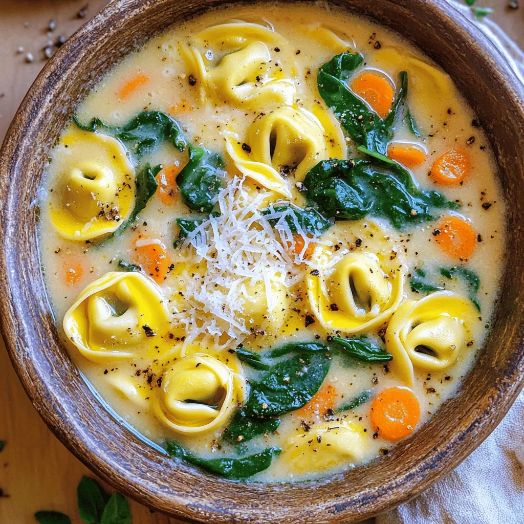 For this soup, you need a few key items. Here's what you'll need: - 1 package (9 oz) refrigerated cheese tortellini - 4 cups vegetable broth - 1 cup heavy cream - 1 cup fresh spinach, chopped - 1 medium carrot, diced - 1 small onion, diced - 2 garlic cloves, minced - 1 teaspoon dried Italian herbs - Salt and pepper to taste - 2 tablespoons olive oil - Grated Parmesan cheese for garnish These ingredients come together to create a rich and creamy soup. The cheese tortellini gives it a hearty feel. The broth adds flavor, while the cream adds smoothness. Each serving of this soup is packed with nutrition. Here’s a quick breakdown: - Calories: 350 - Protein: 12g - Carbohydrates: 30g - Fat: 20g - Fiber: 2g This soup provides a good balance of nutrients. You get carbs from the tortellini and healthy fats from the cream. The spinach adds vitamins and minerals. If you don’t have some ingredients, don’t worry! Here are some good swaps: - Use chicken broth instead of vegetable broth for a richer taste. - Swap heavy cream for half-and-half or milk for a lighter soup. - Fresh kale can replace spinach if you like a different green. - Any small pasta can work instead of tortellini. These substitutes will help you make the soup work with what you have. Adjust based on your tastes and needs. Start by gathering all your ingredients. You need: - 1 package (9 oz) refrigerated cheese tortellini - 4 cups vegetable broth - 1 cup heavy cream - 1 cup fresh spinach, chopped - 1 medium carrot, diced - 1 small onion, diced - 2 garlic cloves, minced - 1 teaspoon dried Italian herbs - Salt and pepper to taste - 2 tablespoons olive oil - Grated Parmesan cheese for garnish Dice the onion and carrot. Chop the spinach. Mince the garlic. This makes cooking easier. In a large pot, heat the olive oil over medium heat. Add the diced onion and carrot. Cook until the onion looks clear, about 3-4 minutes. Then, add the minced garlic and dried Italian herbs. Cook for one more minute. This step fills your kitchen with a lovely smell! Next, pour in the vegetable broth. Bring it to a simmer. Add the cheese tortellini and cook as per the package, usually around 4-5 minutes. Once the tortellini is cooked, lower the heat. Slowly stir in the heavy cream. The soup should now look creamy and inviting. Now, add the fresh spinach. Season with salt and pepper to taste. Stir gently and let the spinach wilt in the hot soup. Serve the soup hot. Don’t forget to sprinkle grated Parmesan cheese on top. This adds a nice touch! Enjoy your warm, creamy bowl of goodness. To make the soup even creamier, try these tips. Use full-fat cream instead of half-and-half. You can also add cream cheese. Simply mix in a few ounces when you add the heavy cream. This will boost the texture and flavor. You can blend part of the soup to make it thicker. Just scoop out some, blend it, and stir it back in. Having the right tools helps you cook better. Here are my top picks for this soup: - A large pot for cooking the soup. - A wooden spoon for stirring. - A sharp knife for chopping the vegetables. - A cutting board for safe prep. - A measuring cup for liquids. These simple tools make cooking smooth and fun. If you want to change the soup, adjust the cooking time. For added protein like chicken or sausage, cook it first. This usually takes about 5-7 minutes. If you use frozen tortellini, add an extra minute or two. For more veggies, chop them small and add them early. This way, they cook well. Cooking time may vary, so keep an eye on it! {{image_2}} You can add proteins to your Minute Creamy Tortellini Soup for more flavor and nutrition. Cooked chicken or sausage works great. Simply chop the cooked chicken into bite-sized pieces. For sausage, slice it and cook it in the pot with the onions and carrots. Both options will make the soup heartier and more filling. If you prefer a vegetarian or vegan version, you can easily adapt the recipe. Use vegetable broth and swap out the heavy cream for coconut milk or cashew cream. These alternatives keep the soup creamy without the dairy. Make sure to use vegan tortellini, which is now available in many stores. You can add seasonal vegetables to enhance flavor and nutrition. In spring, try adding peas or asparagus. In autumn, consider adding diced butternut squash or sweet potatoes. Just chop the veggies into small pieces and cook them with the onions and carrots. This will give your soup a fresh twist while keeping it delicious. To store leftover Minute Creamy Tortellini Soup, let it cool first. Place the soup in an airtight container. Seal it tight to keep out air. You can store it in the fridge for up to three days. Label the container with the date. This helps you track freshness. When reheating, pour the soup into a pot. Heat it on low to medium heat. Stir it often to prevent burning. You might need to add a splash of broth or cream. This keeps the soup creamy. Heat until it’s warm, but don’t boil it. Boiling can change the texture. To freeze the soup, use freezer-safe bags or containers. Leave space at the top for expansion. It can freeze well for up to three months. When you’re ready to eat, thaw it overnight in the fridge. Reheat it on the stove, just like before. Enjoy your tasty soup later! It takes about 20 minutes to make this soup. You spend 10 minutes prepping and 10 minutes cooking. This quick time makes it perfect for busy days. You can have a warm meal ready fast. Yes, you can use frozen tortellini. Just add a few extra minutes to the cooking time. Follow the package instructions for the best results. Frozen tortellini tastes great in this soup too! You can serve the soup with crusty bread or a fresh salad. A simple green salad pairs well with it. You can also add garlic bread for extra flavor. These sides make your meal more filling and fun! Minute Creamy Tortellini Soup is quick and easy to make. We covered key ingredients, nutritional info, and substitutes to suit your needs. The step-by-step guide ensures you master the cooking process with simple tips for creaminess. Feel free to explore variations by adding proteins or seasonal veggies. Lastly, proper storage keeps your leftovers tasty. Enjoy this delicious soup any day of the week! Remember, cooking can be fun and flexible, so make it your own.