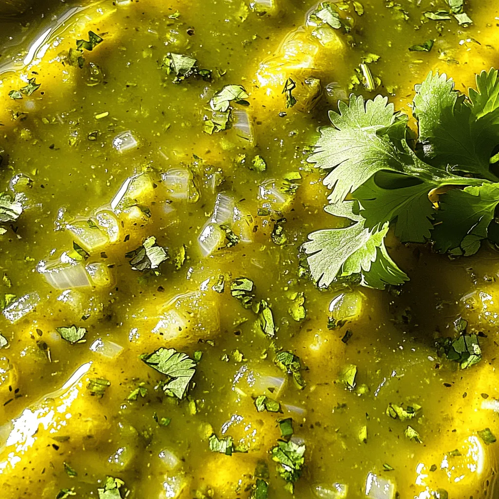 - 5-6 fresh Hatch chiles, roasted and peeled - 2 tablespoons olive oil - 1 medium onion, finely chopped - 3 cloves garlic, minced - 1 teaspoon ground cumin - 1 teaspoon smoked paprika - 2 cups vegetable broth - 1 tablespoon lime juice - Salt and pepper to taste - 1 teaspoon sugar (optional) When picking fresh Hatch chiles, look for bright green color and firm skin. Avoid any that feel soft or have brown spots. If you can’t find Hatch chiles, try using poblano or Anaheim chiles for a similar taste. Each ingredient plays a key role in creating flavor. The Hatch chiles bring heat and depth. Olive oil adds richness, while onion and garlic deliver sweetness. Ground cumin and smoked paprika add warmth and earthiness. The vegetable broth provides a base, and lime juice brightens the sauce. Sugar can balance the sauce’s acidity, making it more rounded. For the full recipe, check out the details shared earlier. First, we need to roast the Hatch chiles. Preheat your oven to 400°F (200°C). Place the chiles on a baking sheet. Roast them for about 15-20 minutes. Turn them occasionally. You want the skins to blister and char. Once done, take them out and put them in a bowl. Cover the bowl with plastic wrap. This helps them steam for about 10 minutes. After steaming, peel off the skins. Remove the seeds and chop the chiles finely. Next, grab a medium saucepan. Heat the olive oil over medium heat. Add the chopped onion and sauté it for about 5 minutes. You want the onion to become translucent. Then, add the minced garlic. Cook for another minute until it smells nice. Now, stir in the chopped Hatch chiles, ground cumin, and smoked paprika. Cook this mix for 2-3 minutes. This helps all those flavors blend well. Pour in the vegetable broth and bring it to a simmer. Cook for about 10-15 minutes. This allows the sauce to thicken a bit. Once the sauce is done cooking, take it off the heat. Stir in the lime juice for a fresh kick. Now, it’s time to adjust the seasoning. Add salt and pepper to taste. If you want to balance the acidity, you can add sugar. Finally, blend the sauce. Use an immersion blender for a smooth texture or leave it chunky, based on your taste. For the full recipe, refer to the original source. To make the best enchilada sauce, avoid a few common mistakes. First, don’t skip roasting the chiles. This step adds rich flavor. Second, be sure to sauté the onion and garlic until they are soft and fragrant. This helps build a strong base. Also, don’t rush the simmering process. Allowing the sauce to simmer helps deepen the flavors. If your sauce is too thin, you can thicken it easily. One way is to simmer it longer to reduce the liquid. Another trick is to blend in a bit of cornstarch mixed with cold water. This adds thickness without changing the flavor. You can boost flavor with extra spices and herbs. Try adding oregano or coriander for an earthy touch. A pinch of cayenne can add heat, while a dash of cinnamon brings warmth. These add complexity to your sauce. Balancing acidity with sugar is key. If your sauce tastes too sharp, add a teaspoon of sugar. This helps mellow the flavors. Adjust this according to your taste. There are many ways to use enchilada sauce. Pour it over enchiladas to bake a delicious meal. You can also use it as a dip for tortilla chips or drizzle it over tacos. For ultimate flavor, pair your sauce with fresh cilantro and sliced avocado. A dollop of sour cream can add creaminess. Serve with a side of rice or beans for a complete meal. Check out the Full Recipe for more ideas! {{image_2}} To change the spice level, you can add or remove chiles. For a milder sauce, use fewer Hatch chiles. You can also add a little sugar to cut the heat. If you want it spicier, add more chiles or a pinch of cayenne pepper. Some great alternatives to Hatch chiles include Anaheim chiles or poblanos. They offer different heat levels and flavors. You can mix these with Hatch chiles for a unique taste. If you prefer a vegetarian option, stick with vegetable broth in the sauce. For a vegan swap, ensure you use vegetable broth and skip any dairy-based toppings. You can also explore using chicken broth for a richer flavor. Some people like to add a splash of apple cider vinegar for a tangy kick. This can brighten the sauce and enhance the flavor. You can use enchilada sauce in many fun ways. Try it as a base for a chicken or veggie casserole. It also works well as a dip for tortilla chips. Drizzle it over eggs for a tasty breakfast twist. You can even mix it into soups for extra depth. The sauce adds flavor to rice or quinoa-based dishes too. Don’t hesitate to get creative and experiment with your favorite meals. You can find the full recipe online for more tips! Store your homemade Hatch chile enchilada sauce in an airtight container. This keeps it fresh. The sauce can last about a week in the fridge. Before storing, let it cool to room temperature. This helps avoid condensation inside the container. Always use a clean spoon to scoop out the sauce. This prevents bacteria from getting in. You can freeze this sauce for up to three months. Start by letting it cool completely. Then, pour it into freezer-safe containers or bags. Leave some space at the top for expansion. When you want to use it, thaw it overnight in the fridge. You can also put it in cold water for a quick thaw. Reheat on the stove over low heat, stirring often. If it’s too thick, add a little vegetable broth. Homemade Hatch chile enchilada sauce lasts about a week in the fridge. If frozen, it can stay good for three months. To check for spoilage, look for changes in color or smell. If it smells off or shows mold, throw it away. It’s always best to trust your senses when it comes to food safety. For the full recipe, check out the Quick & Easy Hatch Chile Enchilada Sauce section above. Hatch chiles are a type of green pepper from New Mexico. They have a sweet, smoky flavor with a mild to medium heat. The taste can vary based on how they are grown. These chiles are great for many dishes, especially enchiladas. Their unique flavor really shines in sauces. Yes, you can use canned chiles if fresh ones are hard to find. Canned chiles are often less spicy and can lack that fresh taste. Fresh chiles give a richer flavor and better texture. However, canned chiles are convenient and save time. They are also ready to use, which can make cooking faster. Pros of Canned Chiles: - Easy to find in stores - No prep work needed - Longer shelf life Cons of Canned Chiles: - May taste less fresh - Can be higher in sodium - Texture may not be as appealing Yes, this sauce can be gluten-free. To ensure this, check all ingredient labels. Some broth and sauces may have gluten. Use vegetable broth that is labeled gluten-free. Also, avoid adding any flour-based thickeners. This way, you can enjoy the sauce worry-free. In this blog post, we explored how to make a delicious enchilada sauce using fresh Hatch chiles. I shared tips on ingredients, preparation, and cooking techniques to enhance flavor. You learned how to adjust spice levels and storage methods. Remember, using fresh ingredients makes a big difference in taste. I hope you feel inspired to create your own sauce and enjoy it in various dishes. Happy cooking!