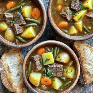 To make Easy Steak & Potato Soup, you need: - 1 lb sirloin steak, diced - 4 medium potatoes, diced - 1 medium onion, chopped - 3 cloves garlic, minced - 3 carrots, sliced - 4 cups beef broth - 1 cup fresh green beans, chopped - 2 tablespoons olive oil - 1 teaspoon dried thyme - 1 teaspoon paprika - Salt and pepper to taste - Fresh parsley for garnish These ingredients create a rich and savory soup. Each adds flavor and texture. You can change some ingredients if needed. Use flank steak instead of sirloin for a leaner option. If you have Yukon Gold potatoes, they work well too. Instead of green beans, you can use peas or corn. For a vegetarian version, swap the beef broth for vegetable broth. Replace the steak with mushrooms or lentils for protein. Fresh ingredients give the best taste. Fresh potatoes and carrots hold their shape better. They also have more nutrients. Frozen vegetables can work in a pinch. They save time and reduce waste. Just make sure to thaw them before adding to the soup. This helps them cook evenly. When possible, choose fresh for the best flavor in your Easy Steak & Potato Soup. For the full recipe, check out the recipe section above. To start, gather all your ingredients. This makes cooking easier. You will need: - 1 lb sirloin steak, diced - 4 medium potatoes, diced - 1 medium onion, chopped - 3 cloves garlic, minced - 3 carrots, sliced - 4 cups beef broth - 1 cup fresh green beans, chopped - 2 tablespoons olive oil - 1 teaspoon dried thyme - 1 teaspoon paprika - Salt and pepper to taste - Fresh parsley for garnish Next, chop the vegetables. Dice the potatoes and carrots. Chop the onion and garlic. Dicing makes them cook evenly. Now, heat the olive oil in a large pot over medium heat. Once hot, add the diced steak. Season it with salt and pepper. Sauté the steak until it is browned, about 5-7 minutes. This step adds flavor to the soup. After browning, take the steak out and set it aside. In the same pot, add the chopped onion, garlic, and sliced carrots. Cook them for about 3-4 minutes. The onions should become translucent. Then, stir in the diced potatoes, beef broth, thyme, and paprika. Bring the mixture to a boil. Once boiling, reduce the heat and let it simmer. You want to simmer for about 15 minutes, or until the potatoes are tender. After the potatoes are soft, add the chopped green beans and the cooked steak back into the pot. Let it simmer for an additional 5 minutes. Taste the soup and adjust the seasoning if needed. Once the soup is ready, remove it from heat. Let it stand for about 5 minutes before serving. This helps the flavors meld together. Serve the soup in bowls and garnish with freshly chopped parsley. The green color brightens up the dish. Pair it with crusty bread for a complete meal. For the full recipe, check the details above. Enjoy your hearty steak and potato soup! To make your steak and potato soup taste great, use fresh herbs. Fresh thyme adds a nice touch. You can also use a bit of garlic for depth. Adding paprika gives it warmth. Adjust salt and pepper to your liking. Taste as you go. This ensures a balanced flavor. Start with good-quality sirloin steak. Cut it into small, even pieces. This helps it cook evenly. Sear the steak in olive oil until brown. Don't overcrowd the pot. If you do, the meat will steam instead of brown. Brown it in batches if needed. This way, you keep the flavor. If you want a thicker soup, there are easy ways to do this. You can mash some potatoes in the pot. This will add body without extra work. Another method is to mix a tablespoon of cornstarch with cold water. Stir it in during the last 5 minutes of cooking. This helps achieve the right consistency. {{image_2}} You can make this soup even better by adding more veggies. Try spinach, peas, or corn for color and taste. You can add these veggies in step four. Just stir them in with the green beans. They cook fast and keep the soup fresh. You can also use seasonal vegetables. This keeps your soup fun and tasty. While sirloin works well, you can swap for other cuts. Use ribeye for a richer flavor. Flank steak adds a nice chew. Just remember to cut it thin. With each cut, the soup will taste different. Each bite offers a new experience. Experiment with what you like. Want a kick? Add some heat with jalapeños or cayenne pepper. These spices can be mixed in while cooking. For a Southwestern flavor, try adding corn and black beans. A bit of cumin and chili powder will spice things up. You can even top the soup with avocado or cilantro. This way, you create a fun twist on the classic recipe. To store your Easy Steak & Potato Soup, let it cool first. Pour the soup into an airtight container. This keeps it fresh and tasty. You can store it in the fridge for up to three days. If you want it to last longer, consider freezing it. When you're ready to enjoy your leftovers, reheating is easy. Pour the soup into a pot. Heat it over medium heat. Stir often to warm it evenly. You can also use a microwave. Place the soup in a bowl, cover it loosely, and heat for a few minutes. Check if it's hot enough before eating. Freezing your soup is a smart way to save it for later. Use freezer-safe containers or bags. Leave some space at the top for expansion. To thaw, move it to the fridge overnight. You can also use the microwave on low. Remember, for best taste, use it within three months. For the full recipe, check the original post. To thicken your soup, you have a few options. You can mash some of the potatoes in the pot. This adds creaminess and makes it heartier. Another method is to mix a little cornstarch with cold water. Add this mix to the soup while stirring. Let it cook for a few minutes until it thickens. You can also add a splash of heavy cream for extra richness. Yes, you can use different meats in this soup. Ground beef is a great choice. It cooks fast and adds a nice flavor. You can also try chuck roast or even chicken. Just remember to adjust the cooking time based on the meat you choose. Each meat brings its own taste, so feel free to experiment! This soup can last about three to four days in the fridge. Make sure to store it in a sealed container. If you want it to last longer, consider freezing it. It can stay good in the freezer for about three months. Just thaw it overnight in the fridge before reheating. For the full recipe, check out the earlier sections! You learned about the key steps for a delicious soup. We covered the ingredients, cooking methods, and storage tips. I shared ideas for tasty variations and how to make your soup thick. Use fresh or frozen ingredients to save time. Don't be afraid to try new flavors or cuts of meat. Remember, cooking is all about finding what you love. Enjoy your cooking adventures and serve up warm meals with joy!