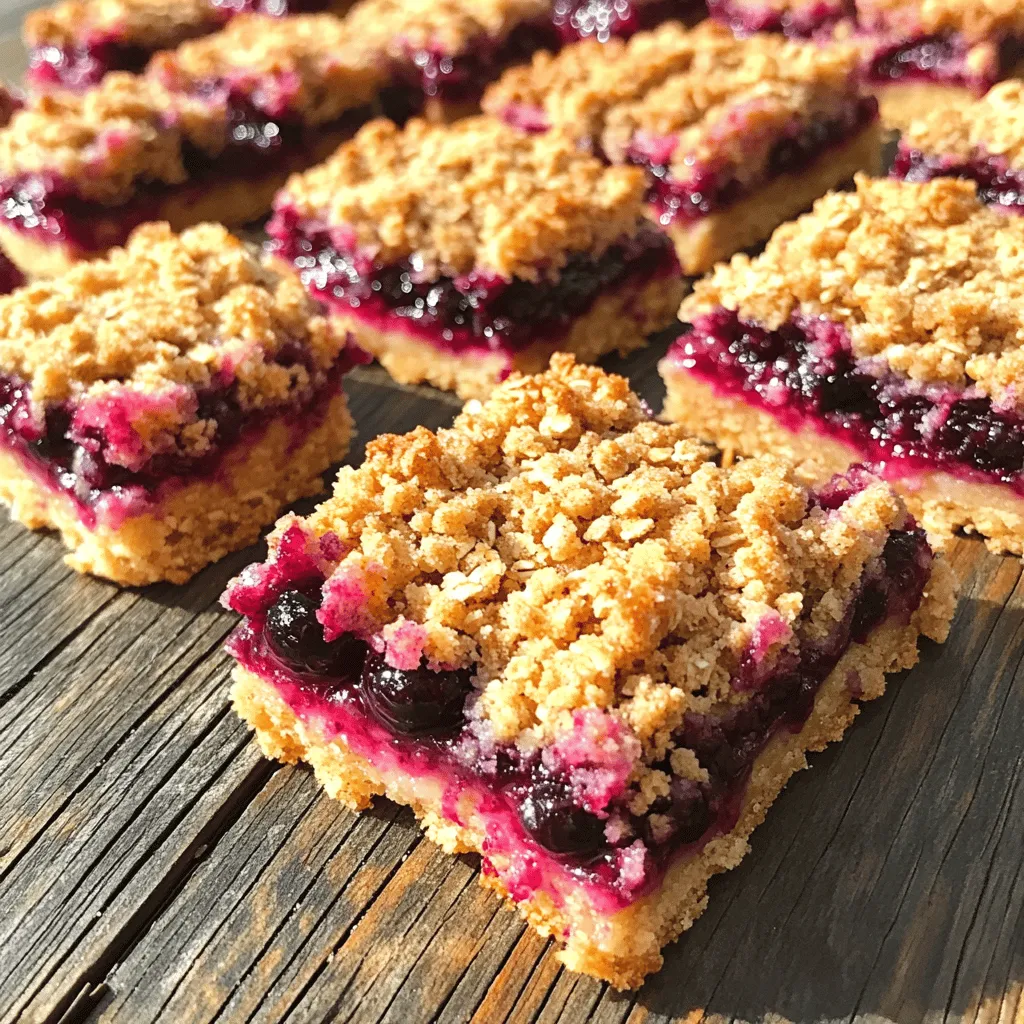 You can use fresh or frozen huckleberries for this recipe. Fresh huckleberries taste bright and sweet. If you use frozen, they still work well. Just let them thaw before using. You need 2 cups for the bars. This berry is key to the flavor. I like to use granulated sugar in the recipe. You need 1/2 cup of sugar, plus a bit more for the huckleberries. Mixing in extra sugar helps bring out their natural sweetness. A tablespoon of lemon juice adds a nice zing. Vanilla extract also brings warmth and depth. You just need 1 teaspoon of it for this recipe. The dry mix holds everything together. You’ll need 1 cup of all-purpose flour and 1 cup of rolled oats. These give the bars structure and texture. Add 1/2 teaspoon of baking powder for some lift and 1/4 teaspoon of salt to enhance the flavors. Don't forget the 1/2 teaspoon of ground cinnamon. It adds warmth and makes your kitchen smell amazing! Finally, you’ll need 1/2 cup of melted unsalted butter. It helps bind the dry ingredients and adds richness. For the full recipe, check out the details above. First, gather your ingredients. You will need fresh or frozen huckleberries, sugar, lemon juice, and vanilla. Next, grab flour, oats, baking powder, salt, cinnamon, and melted butter. Preheat your oven to 350°F (175°C). Grease a 9x9 inch baking pan or line it with parchment paper. In a bowl, mix the huckleberries with 1/4 cup of sugar, lemon juice, and vanilla. Toss gently to coat the berries. Let them sit for a few minutes to soak in the flavors. In another bowl, whisk together the flour, oats, baking powder, salt, and cinnamon. Pour in the melted butter and mix until crumbly. Reserve about 1 cup of this crumb mixture for later. Now it's time to build your bars! Press the remaining crumb mixture into the bottom of your prepared pan. Make sure it forms an even layer. Next, spread the huckleberry mixture evenly over the crumb base. Take the reserved crumb mixture and sprinkle it on top of the huckleberries. This will create a nice, crunchy topping. Place the pan in the preheated oven. Bake for 30 to 35 minutes. You want the top to turn a light golden brown. When done, remove the pan from the oven and let it cool for at least 10 minutes. After that, transfer it to a wire rack to cool completely. Once cooled, you can cut it into squares and enjoy your tasty treat! For the full recipe, refer to the earlier section. To make the best huckleberry crumb bars, use ripe, fresh huckleberries. They add a sweet and tart flavor. If you use frozen huckleberries, let them thaw and drain excess liquid. This keeps your bars from getting soggy. Mixing huckleberries with a bit of sugar helps enhance their taste. Letting the mixture sit allows the flavors to blend. One common mistake is over-mixing the crumb mixture. A gentle touch keeps it light and crumbly. Another mistake is not letting the bars cool enough before cutting. This can cause them to fall apart. Also, be careful not to skip the lemon juice. It brightens the flavors and balances the sweetness. For serving, cut the bars into neat squares for a tidy look. You can dust them with powdered sugar for a nice touch. A scoop of vanilla ice cream pairs wonderfully with these bars. Serve them warm or at room temperature. For a fun twist, add a drizzle of chocolate over the top. Enjoy your delicious huckleberry crumb bars alone or share them with friends! {{image_2}} If you can’t find huckleberries, don't worry! You can use other berries. Blueberries, raspberries, or blackberries work well. Each berry brings its own taste. For a twist, try mixed berries. They add vibrant colors and flavors. Just remember to adjust the sugar based on the berry's sweetness. You can make these bars gluten-free easily. Use a gluten-free flour mix instead of all-purpose flour. Look for a blend that works well in baking. Oats can also be gluten-free; just check the label. This way, everyone can enjoy these tasty treats without worry. To make the bars vegan, swap out the butter. Use coconut oil or a vegan butter alternative. Replace the egg with a flax egg or applesauce. This keeps the bars moist and delicious. With these changes, you keep the same great taste while being kind to animals. To keep your huckleberry crumb bars fresh, store them in an airtight container. Place parchment paper between layers to avoid sticking. Keep the container in a cool, dry place. These bars stay tasty for up to a week. If you want to enjoy them longer, consider freezing. Freezing is a great option for huckleberry crumb bars. First, let the bars cool completely. Then, cut them into squares. Wrap each square tightly in plastic wrap. Place the wrapped bars in a freezer-safe bag. Label the bag with the date. You can freeze them for up to three months. When you're ready to enjoy your frozen bars, take them out of the freezer. Unwrap the bars and let them thaw in the fridge overnight. For a warm treat, you can reheat them in an oven at 350°F. Bake for about 10 minutes until warm. You can also use a microwave for quick heating. Just heat for 15-20 seconds at a time. Enjoy your huckleberry crumb bars fresh and tasty! Yes, you can use frozen huckleberries. Just thaw them and drain any extra juice. This will keep your bars from getting too soggy. Check the top of the bars. It should be lightly golden brown. You can also insert a toothpick in the center. If it comes out clean, they are done. If your crumb top is dry, try adding a splash of melted butter. Mix it in gently, but don’t overwork the crumbs. This will help them stick together better. Huckleberries grow wild in North America. They thrive in forests and mountains, often in shady spots. They are small, round, and can be blue or red, similar to blueberries. Yes, you can make these bars ahead of time. Bake them, let them cool, and store in an airtight container. They taste great for several days. For the full recipe, check out the Huckleberry Heaven Crumb Bars section. It has all the details you need to create this tasty treat! In this post, we covered how to make huckleberry crumb bars. We discussed key ingredients, including fresh or frozen huckleberries, sweeteners, and dry ingredients. You learned the step-by-step process for preparation, assembly, baking, and cooling. Tips for perfecting your bars showed common mistakes to avoid. Variations offered options for different berries and dietary needs. Finally, storage information ensures your bars stay fresh. Enjoy making these delicious treats. You can share them with friends or save them for later.