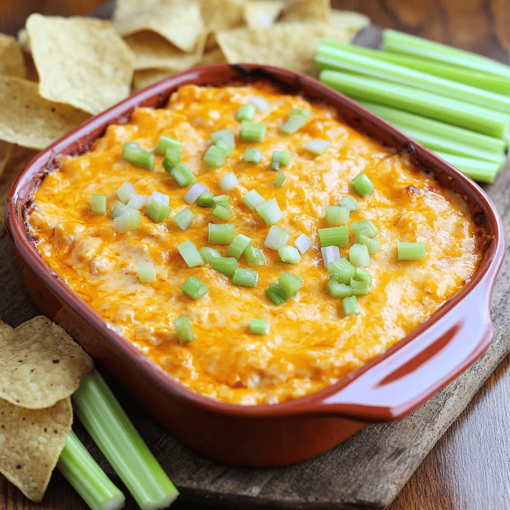 - 2 cups cooked shredded chicken - 1 (8 oz) package cream cheese, softened - 1/2 cup Greek yogurt - 1/2 cup buffalo sauce - 1 cup shredded cheddar cheese - 1/2 cup blue cheese crumbles (optional) - 1/4 cup green onions, chopped - Salt and pepper to taste - Tortilla chips or celery sticks for serving If you want to change things up, here are some great swaps. - Alternative for cream cheese: You can use mascarpone or a dairy-free cream cheese. Both options will still keep your dip creamy and tasty. - Low-fat yogurt options: Swap Greek yogurt for low-fat sour cream or a plant-based yogurt for a lighter version. - Other cheese varieties: Try pepper jack for some heat or mozzarella for a milder flavor. This can add a fun twist to your dip. Remember, each change will give your dip a unique spin. Have fun with these swaps! 1. Preheating the oven First, set your oven to 350°F (175°C). This step heats the oven so the dip cooks evenly. 2. Mixing the cream cheese and Greek yogurt In a large bowl, add 8 ounces of softened cream cheese and 1/2 cup of Greek yogurt. Use a fork or spatula to mix them together until the mixture is smooth and creamy. This mix creates a rich base for your dip. 1. Adding chicken and buffalo sauce Next, add 2 cups of cooked shredded chicken to the bowl. Pour in 1/2 cup of buffalo sauce, adjusting the amount based on your spice preference. Stir well to coat the chicken in the sauce. 2. Stirring in cheeses and seasonings Now, add 1 cup of shredded cheddar cheese, 1/2 cup of blue cheese crumbles (if you like), and 1/4 cup of chopped green onions. Season with salt and pepper to taste. Mix everything until fully combined. 1. Preparing the baking dish Spread the buffalo chicken mixture evenly in a baking dish. For extra cheesy goodness, sprinkle a bit more cheddar cheese on top. 2. Baking time and temperature Place the dish in your preheated oven. Bake for about 20-25 minutes, or until the dip is bubbly around the edges. When it’s done, take it out and let it cool slightly before serving. Enjoy! To make your buffalo chicken dip truly creamy, I suggest using Greek yogurt. It adds a nice tang and smoothness. You can also use sour cream if you prefer a richer taste. When mixing, start with the softened cream cheese. Blend it well with the yogurt until it's smooth. Use a hand mixer for a fluffier texture. This helps avoid lumps and ensures every bite is creamy. If you want to adjust the spice level, you can modify the buffalo sauce. Start with half a cup, then taste. If you like it hotter, add more sauce a tablespoon at a time. For a milder dip, mix in more yogurt or cream cheese. This softens the heat without losing flavor. Remember, the heat scale varies by brand, so taste as you go. For a beautiful presentation, garnish your dip with fresh green onions. Chop them finely and sprinkle them on top just before serving. You can also add extra cheddar cheese for a nice look. Serve the dip hot in a bowl surrounded by tortilla chips or celery sticks. This setup makes it easy for guests to dive in. Adding a colorful platter makes it more inviting too! {{image_2}} You can mix up the cheese in your buffalo chicken dip. Spicy cheese blends add a kick. Try mixing pepper jack cheese for a fun twist. Cheddar cheese is classic, but mozzarella works too. You can even go wild with gouda or smoked cheese. Each cheese brings its own flavor and texture. If you want a lighter dip, swap cream cheese with low-fat options. You can also use cottage cheese for a protein boost. Greek yogurt is great for creaminess and lower calories. For a vegetarian twist, replace chicken with chickpeas or lentils. These options keep the dip tasty and filling. Add ranch seasoning to boost flavor. It gives a nice herby touch. You can mix in different hot sauces too. Try garlic sauce for a rich taste. For extra tang, add some lime juice. These small changes can make a big difference in flavor. Buffalo chicken dip lasts about 3 to 4 days in the fridge. Store it in an airtight container. This keeps it fresh and safe to eat. Before serving, check for any off smells or changes in texture. You can freeze buffalo chicken dip before or after baking. If you freeze it before baking, use a freezer-safe container. When you’re ready to bake, let it thaw in the fridge overnight. Bake it straight from the fridge. If frozen after baking, cool it first. Wrap it tightly and store it. When reheating, place it in the oven at 350°F (175°C) until warmed through. This usually takes about 20 minutes. Stir it halfway for even heating. You can also microwave it in short bursts, stirring in between. Enjoy your dip hot! Yes, you can make buffalo chicken dip ahead of time. Here’s how: - Prep the dip: Mix all your ingredients as usual, but do not bake it yet. - Storage: Place the unbaked dip in an airtight container. Seal it well. - Refrigerate: Store it in the fridge for up to 24 hours before baking. When you're ready to bake, just take it out and pop it in the oven. You may need to add a few extra minutes to the bake time since it starts cold. This makes it easy for parties! Buffalo chicken dip pairs well with many snacks. Here are my favorites: - Tortilla chips: Crunchy and perfect for scooping. - Celery sticks: A fresh and crisp option that adds a nice crunch. - Carrot sticks: Sweet and crunchy, these add a bit of color. - Crackers: Choose your favorite type for a nice bite. You can also serve it with sliced baguette or pita chips for a twist. Yes, you can make buffalo chicken dip gluten-free. Here are some options: - Gluten-free tortilla chips: Many brands offer these now. - Vegetable sticks: Use celery, carrot, or bell pepper for dipping. - Rice crackers: These can be a great crunchy option too. These alternatives ensure everyone can enjoy this tasty dip! This blog post shared a tasty buffalo chicken dip recipe and useful tips. You learned about the ingredients, alternatives, and step-by-step instructions for easy prep. We covered how to make it creamy, adjust spice levels, and present it well. Plus, I offered variations for health-conscious options and storage guidelines. Buffalo chicken dip is simple and fun to make. This snack will impress friends at any gathering. Try it out, and enjoy every bite!