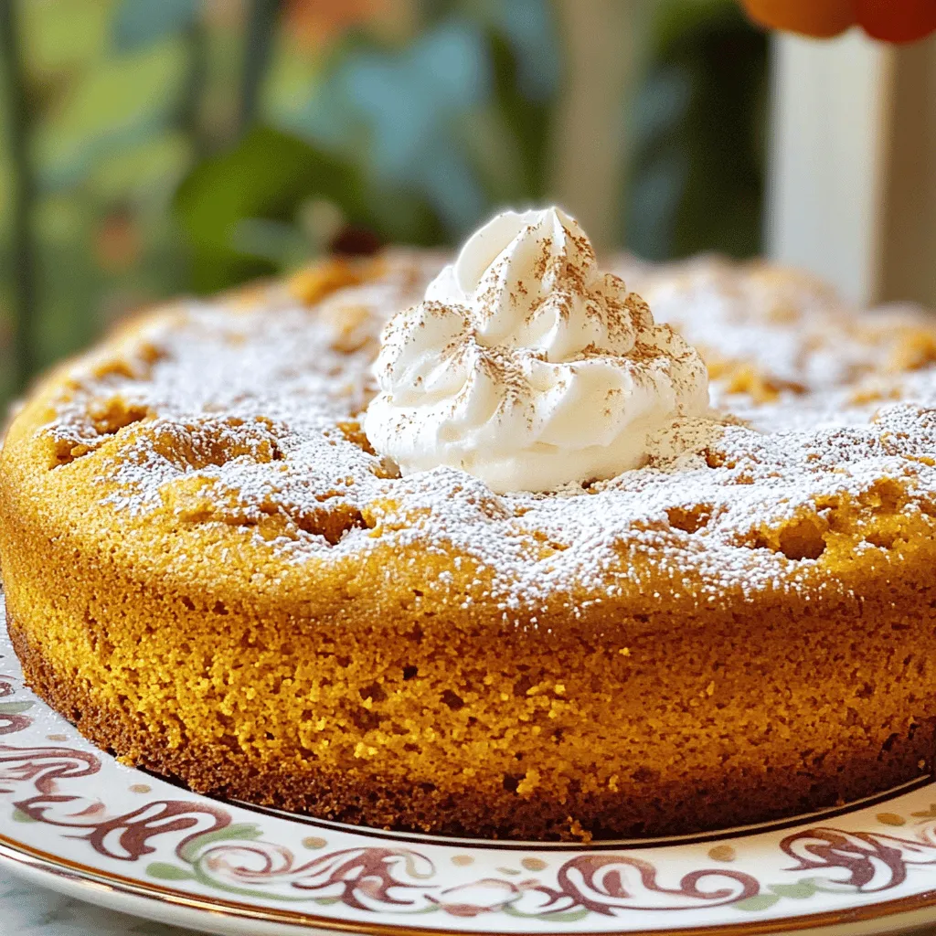 To make this easy pumpkin spice cake, gather these simple items: - 1 ½ cups all-purpose flour - 1 cup granulated sugar - ½ cup brown sugar, packed - 1 teaspoon baking powder - 1 teaspoon baking soda - 1 teaspoon ground cinnamon - ½ teaspoon ground nutmeg - ½ teaspoon ground ginger - ¼ teaspoon ground cloves - ½ teaspoon salt - 1 cup canned pumpkin puree - ½ cup vegetable oil - 2 large eggs - 1 teaspoon vanilla extract - ½ cup chopped walnuts (optional) - Powdered sugar for dusting (optional) The key flavors in this cake come from spices and pumpkin. Cinnamon brings warmth. Nutmeg adds depth. Ginger gives a little zing, while cloves add a hint of earthiness. The pumpkin puree keeps the cake moist. It also gives it a lovely color. These flavors work together to create a cozy vibe. You can make this cake even better with some add-ins. Chopped walnuts add crunch and a nutty taste. If you want a sweet touch, dust the top with powdered sugar. For a more festive look, consider adding a dollop of whipped cream or a sprinkle of cinnamon before serving. First, gather all your ingredients. This makes baking easier and more fun. Preheat your oven to 350°F (175°C). Grease and flour a 9-inch round cake pan. You can also use parchment paper to line the pan. In a large bowl, add the dry ingredients. Combine 1 ½ cups of flour, 1 cup of granulated sugar, and ½ cup of packed brown sugar. Add 1 teaspoon of baking powder and 1 teaspoon of baking soda. Don't forget 1 teaspoon of ground cinnamon, ½ teaspoon of ground nutmeg, ½ teaspoon of ground ginger, and ¼ teaspoon of ground cloves. Lastly, mix in ½ teaspoon of salt. Whisk these together well. This helps to blend all the flavors. In another bowl, mix the wet ingredients. Pour in 1 cup of canned pumpkin puree. Add ½ cup of vegetable oil, 2 large eggs, and 1 teaspoon of vanilla extract. Stir until the mixture is smooth and creamy. This step is key for a moist cake! Now, slowly pour the wet mix into the dry bowl. Stir gently until just combined. If you like, fold in ½ cup of chopped walnuts for extra crunch. Pour the batter into your prepared cake pan. Smooth the top with a spatula. Bake in the oven for 25-30 minutes. To check if it's done, insert a toothpick into the center. If it comes out clean, the cake is ready. Let it cool in the pan for about 10 minutes. Then, transfer it to a wire rack to cool completely. Dust the top with powdered sugar if you want to add a sweet touch. To make your pumpkin spice cake perfect, follow these tips: - Measure flour correctly: Spoon it into your cup and level it off. - Room temperature eggs: They blend better with other wet ingredients. - Don’t overmix: Stir until just combined. This keeps the cake light. - Use a toothpick: Insert it into the center to check for doneness. - Cool properly: Let the cake cool in the pan for 10 minutes before removing. Avoid these common errors when baking your cake: - Skipping the greasing step: Always grease your pan to prevent sticking. - Using expired baking powder: Fresh baking powder helps the cake rise. - Not checking the oven temperature: An oven thermometer can help ensure accuracy. - Ignoring the cooling time: Cutting too soon can cause the cake to crumble. You can serve your pumpkin spice cake in many fun ways: - Dust with powdered sugar: This adds a sweet touch to the cake. - Top with whipped cream: A dollop of cream gives it a rich flavor. - Sprinkle cinnamon: This extra spice makes the cake even more festive. - Serve with ice cream: Vanilla pairs well with the warm spices. {{image_2}} You can easily make this cake gluten-free. Just swap the all-purpose flour for a gluten-free blend. Look for one with a good mix of starches and grains. This will keep the cake light and fluffy. For a dairy-free option, use plant-based milk instead of eggs. This change will still give you a moist cake. If you want to spice things up, add more warm spices. Try using a bit more cinnamon, ginger, or nutmeg. You can also make a cream cheese swirl. To do this, mix 4 oz of cream cheese with 1/4 cup of sugar and 1 egg. Drop spoonfuls of this mix into the batter. Then, swirl it with a knife before baking. This adds a rich, tangy flavor. You can turn this cake into cupcakes for a fun treat. Just pour the batter into cupcake liners and bake for 18-20 minutes. They make great snacks or party treats. If you prefer a bundt cake, pour the batter into a bundt pan. Bake it for about 30-35 minutes. The shape makes it look fancy, and it’s easy to slice and serve. To keep your pumpkin spice cake fresh, store it in an airtight container. You can also cover it tightly with plastic wrap. Place it at room temperature for up to three days. For longer storage, refrigerate it. This keeps the cake moist and tasty. You can freeze the cake for later enjoyment. First, let it cool completely. Then, wrap it tightly in plastic wrap. After that, place it in a freezer-safe bag or container. The cake stays good in the freezer for up to three months. Just label it with the date. When you’re ready to enjoy your frozen cake, thaw it in the fridge overnight. If you want it warm, preheat your oven to 350°F (175°C). Place the cake on a baking sheet and warm it for about 10-15 minutes. This brings back its fresh taste and makes it soft again. Enjoy your delicious slice! Yes, you can use fresh pumpkin. First, peel and chop the pumpkin. Then, steam or roast it until soft. After that, mash it well. You need about one cup of fresh pumpkin for this recipe. The cake is done when a toothpick comes out clean. Insert the toothpick into the center of the cake. If it has wet batter on it, bake for a few more minutes. Keep checking until it’s ready. You can use applesauce or mashed bananas. One egg equals about 1/4 cup of applesauce. This swap keeps the cake moist and adds natural sweetness. You might also try flaxseed meal mixed with water as a binder. The cake lasts for about three to four days at room temperature. Keep it in an airtight container. You can also refrigerate it for a week. If you want to keep it longer, freeze it for up to three months. Yes, you can add frosting. Cream cheese frosting pairs well with pumpkin spice cake. You can also use a simple glaze made with powdered sugar and milk. Just remember, this cake is great on its own too! This article covered key steps for baking a delicious pumpkin cake. We discussed ingredients, preparation steps, and helpful tips to ensure success. You learned about alternatives, storage options, and answers to common questions. Remember to get creative with flavors and serving ideas. Baking should be fun, so don’t hesitate to experiment. Enjoy your tasty creation and share it with friends and family.