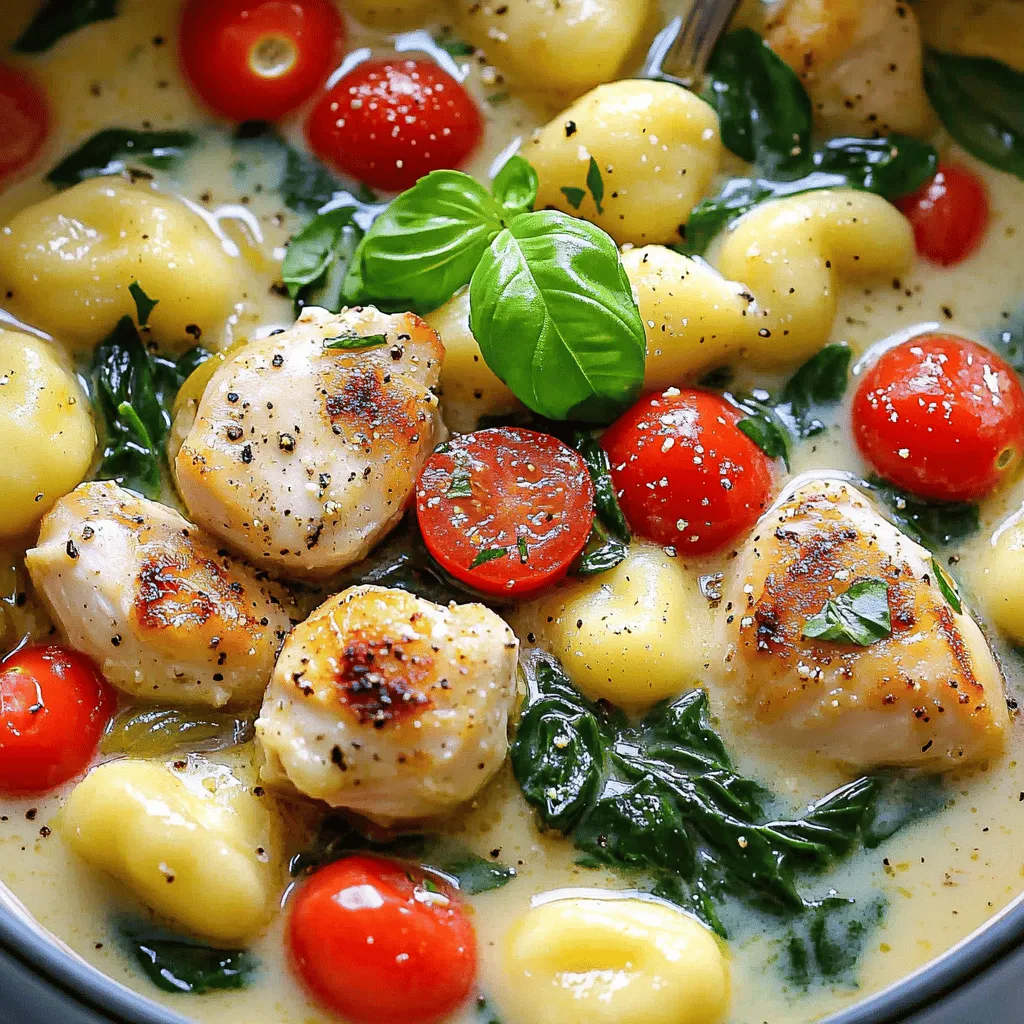 - 1 pound boneless, skinless chicken breasts, cut into bite-sized pieces - 1 pound gnocchi (store-bought or homemade) - 2 cups fresh spinach - 1 tablespoon olive oil - 1 teaspoon dried Italian herbs (oregano, thyme, basil) - Fresh basil leaves for garnish - Additional cheese, like mozzarella or more Parmesan The main ingredients make this dish hearty and filling. Chicken breasts provide protein. Gnocchi adds a soft, chewy texture. Fresh spinach gives a pop of color and nutrition. You don’t need fancy items to cook this meal. The pantry staples help bring flavors together. Olive oil adds richness. Dried Italian herbs bring warmth and depth. If you want to take it up a notch, consider the optional ingredients. Fresh basil brightens the dish and adds a nice aroma. Adding more cheese can make it even creamier and richer. Use these ingredients to create a tasty one-pot meal that is sure to impress. Start by heating 1 tablespoon of olive oil in a large pot over medium heat. Add 1 pound of boneless, skinless chicken breasts, cut into bite-sized pieces. Season the chicken with salt, pepper, and 1 teaspoon of dried Italian herbs. Cook the chicken for about 5-7 minutes. You want it to be browned and fully cooked. This adds great flavor to the dish. Once the chicken is browned, add 2 cloves of minced garlic to the pot. Sauté the garlic for about 1 minute until it smells amazing. Next, stir in 1 cup of halved cherry tomatoes. Let them cook for 2-3 minutes. You want them to soften and release their juices. Then, pour in 1 cup of chicken broth and 1 cup of heavy cream. Bring the mixture to a gentle simmer. This will create a rich and creamy base for your gnocchi. Now it’s time to add the gnocchi. Stir in 1 pound of gnocchi and cook for about 5 minutes. You want them to become tender and soak up the flavor. After that, fold in 2 cups of fresh spinach. Let it wilt into the sauce for 1-2 minutes. Finally, remove the pot from the heat and stir in 1/2 cup of grated Parmesan cheese. Mix until it melts and blends well. Adjust the seasoning with salt and pepper as needed. Your dish is now ready to serve! - Overcooking the chicken: Cook the chicken just until it’s no longer pink. This keeps it juicy. - Not seasoning properly: Taste your dish as you cook. Adjust salt and pepper as needed. - Preparing ingredients ahead: Chop your garlic, tomatoes, and spinach before you start cooking. This saves time. - Using store-bought gnocchi: Store-bought gnocchi cooks quickly. It makes this meal fast and easy. - Adding spices: Try adding crushed red pepper for heat or fresh herbs for brightness. These boost flavor. - Recommended side dishes: Pair this dish with a simple salad or crusty bread. They complement the meal well. {{image_2}} For a tasty twist, you can swap chicken for shrimp. Just cook the shrimp until they turn pink. This adds a nice seafood flavor. You can also use sausage. Slice it thin and brown it in the pot. This gives a hearty taste. If you want a vegetarian option, try using chickpeas or tofu. Both options soak up the sauce well and keep the dish filling. You can play with the greens in this dish. Instead of spinach, try kale or arugula. Both add unique flavors and textures. For cheese, Parmesan is great, but you can use mozzarella or feta. Each cheese gives a different taste. Feel free to mix and match based on what you have at home. If you want to speed things up, you can use an Instant Pot. Just set it to high pressure for about 5 minutes. This method cooks the gnocchi quickly and keeps the flavors rich. For a cozy meal, try an oven-baked version. Layer all the ingredients in a baking dish, cover with foil, and bake at 375°F for about 25 minutes. This method lets the flavors meld beautifully. To store your One Pot Tuscan Chicken Gnocchi, let it cool first. Then, place leftovers in an airtight container. This keeps it fresh and tasty. For reheating, use the stovetop or microwave. If using the stovetop, add a splash of chicken broth to keep it creamy. Heat gently, stirring occasionally to prevent sticking. In the fridge, this dish lasts about three to four days. Make sure to check for any signs of spoilage before eating. If you want to keep it longer, you can freeze it. Transfer the cooled dish to a freezer-safe container. It keeps well for up to three months in the freezer. You can make this dish ahead of time for busy nights. Prepare the chicken and sauce, then store them separately. Cook the gnocchi fresh when you’re ready to serve. This keeps the gnocchi from getting mushy. For best results, store meals in small portions. This way, you can easily grab and reheat what you need. It takes about 30 minutes to make this dish. - Prep time: 10 minutes - Cook time: 20 minutes In just half an hour, you can have a warm and tasty meal on your table. This quick time is great for busy nights. Yes, you can prepare some parts ahead of time. - Chicken: Cut it into bite-sized pieces. - Veggies: Chop garlic and halve cherry tomatoes. You can also cook the dish fully and store it in the fridge. Just reheat it when you're ready to eat. This dish pairs well with many sides. - Garlic bread: It’s great for dipping. - Side salad: A fresh salad adds crunch. - Roasted veggies: They add color and flavor. These sides complement the creamy gnocchi and make your meal even better. In this post, we explored making One Pot Tuscan Chicken Gnocchi. We covered main ingredients like chicken, gnocchi, and spinach, along with helpful tips and variations. You now have easy steps to prepare this tasty dish. Remember to avoid overcooking the chicken and try time-saving tips. With the right swaps, you can make it your own. Enjoy this dish on busy nights or impressing guests. Happy cooking!