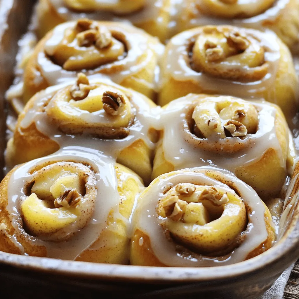 - 4 cups all-purpose flour - 1 packet (2 ¼ teaspoons) instant yeast - ½ cup milk, warmed - ¼ cup granulated sugar - ½ cup unsalted butter, softened - 2 large eggs - 1 teaspoon vanilla extract - ½ teaspoon salt To make these rolls, you need basic ingredients. First, flour forms the base of the dough. I use all-purpose flour for its great texture. Next, instant yeast helps the dough rise. The warm milk wakes up the yeast, making it active. Granulated sugar adds sweetness and helps with browning. Unsalted butter gives a rich flavor. Eggs provide structure and moisture. Vanilla extract adds a lovely taste. Finally, salt balances all the flavors. - 2 large apples, peeled, cored, and diced - 1 tablespoon lemon juice - 1 tablespoon ground cinnamon - ½ cup brown sugar - ½ cup chopped walnuts (optional) The filling makes these rolls special. I choose sweet apples like Granny Smith or Honeycrisp. Peeling and dicing the apples helps them cook well. A splash of lemon juice keeps the apples fresh and bright. Ground cinnamon gives that warm, cozy flavor. Brown sugar adds a deep sweetness. You can add chopped walnuts for a nice crunch. - 1 cup powdered sugar - 2 tablespoons milk The glaze is a sweet touch. It makes the rolls look beautiful and adds extra sweetness. You mix powdered sugar with milk to create a smooth texture. This glaze is optional, but I recommend it for a delicious finish. - In a large bowl, combine warm milk, granulated sugar, and yeast. - Let this mixture sit for about 5 minutes until it bubbles. - Next, mix softened butter, eggs, and vanilla in a separate bowl. - Once combined, add this to the yeast mixture. - Gradually mix in flour and salt until a dough forms. - Knead the dough on a floured surface for 5-7 minutes. It should feel smooth and elastic. - Place the dough in a greased bowl and cover it with a damp cloth. - Let it rise in a warm spot for 1-2 hours, until it doubles in size. - While waiting, prepare the apple filling. - Toss diced apples with lemon juice, cinnamon, and brown sugar in a bowl. - If you like, add chopped walnuts for extra crunch. - After the dough has risen, punch it down. - Roll the dough out on a floured surface into a large rectangle, about 12x18 inches. - Spread the apple mixture evenly over the dough, leaving a small edge. - Roll the dough tightly from one long side, forming a log. - Pinch the edges to seal, and cut into 12 equal rolls. - Place the rolls in a greased baking dish, cover with plastic wrap, and refrigerate overnight. - The next morning, preheat the oven to 375°F (190°C). - Remove the rolls from the fridge and let them sit for 30 minutes to warm up. - Bake the rolls for 25-30 minutes until they are golden brown. - For a sweet finish, whisk together powdered sugar and milk to make a glaze. - Drizzle this over the warm rolls before serving. - Ensuring yeast activation: Always use warm milk, not hot. It should feel like a warm bath. Mix this with the sugar and yeast. Wait about five minutes. You want it to foam up. This means the yeast is alive and ready. - Tips for smooth, elastic dough: When you mix in the flour, do it slowly. Knead the dough for about 5 to 7 minutes. It should feel soft and stretchy. If it’s too sticky, add a little more flour. This helps the dough hold its shape. - Importance of first rise duration: After kneading, place the dough in a greased bowl. Cover it with a damp cloth. Let it rise in a warm spot for 1 to 2 hours. It should double in size. This rise gives the rolls a fluffy texture. - Choosing the right apples: Use firm apples like Granny Smith or Honeycrisp. They add a nice tartness. This balances the sweetness of the brown sugar and cinnamon. - Balancing sweetness with cinnamon: When mixing apples, add lemon juice, brown sugar, and cinnamon. The lemon juice keeps apples fresh and bright. Adjust the sugar based on your taste. If you like it sweeter, add more brown sugar. - Optional nut additions for texture: If you enjoy crunch, add chopped walnuts. They add a great texture to the filling. Just sprinkle them evenly over the apple mix. - Best practices for refrigerating rolls: After cutting the rolls, place them in a greased dish. Cover them well with plastic wrap. This keeps them from drying out while resting overnight. - Timing for morning baking: The next day, take the rolls out of the fridge. Let them sit at room temperature for about 30 minutes. This helps them rise a bit more before baking. - Preventing rolls from drying out: If you’re worried about dryness, place a small cup of water in the oven while baking. This creates steam, helping the rolls stay moist and fluffy. {{image_2}} You can change up the filling in your apple cinnamon rolls. Here are some tasty ideas: - Cream cheese and caramel filling: This mix adds a creamy touch. Blend cream cheese with caramel sauce. Spread it on the dough before adding apples. - Nutty chocolate chip variation: Add chocolate chips and nuts for a rich twist. Mix them with apples for a fun surprise. - Dried fruit and nut combination: Use dried cranberries or apricots for sweetness. Mix with nuts like pecans for a unique flavor. The glaze can make your rolls even better. Try these options: - Cream cheese frosting: Whip cream cheese with powdered sugar and a bit of milk. Spread it on warm rolls for a rich finish. - Maple glaze recipe: Mix powdered sugar with pure maple syrup. This gives a sweet, earthy flavor that pairs well with apples. - Simple sugar syrup: Combine equal parts sugar and water. Heat until dissolved, then drizzle over your rolls for a shiny look. If you need to keep things healthy, here are some swaps: - Gluten-free flour alternatives: Use a gluten-free blend instead of all-purpose flour. This keeps the rolls soft and tasty. - Vegan options for ingredients: Replace eggs with flaxseed meal mixed with water. Use almond milk and coconut oil instead of dairy. - Reducing sugar content: Cut back on sugar by substituting with pureed fruit or using less brown sugar. This keeps the taste without extra sweetness. To keep your leftover rolls fresh, you have two options: room temperature or refrigeration. - Room Temperature: Store your rolls in an airtight container on the counter. They will stay good for about 2-3 days. - Refrigeration: If you want them to last longer, put them in the fridge. They will last up to a week, but they may dry out a bit. The best containers for storage are glass or plastic with tight lids. This will help keep the rolls soft and tasty. If you want to save some rolls for later, freezing is a great idea. Here’s how to do it effectively: 1. Wrap Each Roll: Wrap each roll in plastic wrap or aluminum foil. This prevents freezer burn. 2. Use a Freezer Bag: Place the wrapped rolls in a freezer-safe bag. Remove as much air as possible. To thaw and reheat, just take out a roll and let it sit at room temperature for a few hours. You can also reheat them in the oven at 350°F (175°C) for about 10-15 minutes. This will help them stay soft and warm. When stored correctly, your rolls will last a good time. In the fridge, they last about 5-7 days. In the freezer, they can last up to 3 months. Watch for signs of spoilage. If you see mold or if they smell off, it’s best to toss them. Fresh apple cinnamon rolls should taste sweet and warm, not sour or dry. Yes, you can. If you want to skip eggs, use one of these options: - 1/4 cup unsweetened applesauce - 1/4 cup yogurt - 1 tablespoon ground flaxseed mixed with 2.5 tablespoons water (let it sit for 5 mins) These substitutes will keep the dough moist and help it rise. Baking takes about 25 to 30 minutes. Look for these signs to know they are done: - Rolls should be golden brown on top - The edges should pull away slightly from the pan - A toothpick inserted in the center should come out clean Let them cool for a few minutes before serving. To reheat without drying them out, try these methods: - Microwave for 10-15 seconds for a soft texture - Wrap in foil and heat in the oven at 350°F (175°C) for about 10 minutes Both keep the rolls warm and fluffy. Yes, you can make the filling ahead. Just follow these tips: - Dice the apples and toss them with lemon juice, cinnamon, and brown sugar - Store it in the fridge for up to 2 days This will save time and keep your rolls fresh and tasty. Overnight Apple Cinnamon Rolls bring joy with simple steps and tasty ingredients. You learned how to prepare the dough, make a delicious apple filling, and bake rolls to golden perfection. Remember, you can get creative with fillings and glazes. The tips shared help ensure your rolls rise perfectly. Enjoy these treats fresh or save some for later. I hope you feel excited to make them for your next gathering.