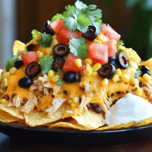 To make this dish, gather these main ingredients: - 1.5 lbs boneless, skinless chicken thighs - 1 packet taco seasoning - 1 can black beans, rinsed and drained - 1 can corn, drained - 1 cup salsa (mild or spicy to preference) - 1 ½ cups shredded cheddar cheese These ingredients form the base of our nachos. The chicken thighs cook well in the crockpot. They become tender and soak up all the flavors. The taco seasoning adds that perfect spice. For a delightful finish, consider these toppings: - 1 cup diced tomatoes - 1 cup sliced black olives - Fresh cilantro, chopped (for garnish) - Sour cream (for serving) - Jalapeño slices (optional, for serving) These toppings add freshness and color. The tomatoes and olives give a nice crunch. The cilantro adds a bright flavor that balances the dish. Serve sour cream and jalapeños on the side. This way, everyone can add their favorites. To round out your meal, offer these accompaniments: - Tortilla chips - Fresh guacamole - A side salad Tortilla chips are a must for the base of your nachos. Guacamole pairs perfectly with the taco chicken. A fresh side salad adds a nice crunch and freshness. Enjoy these with your nachos for a complete feast. For the full recipe, check the details above. Start by placing 1.5 lbs of boneless, skinless chicken thighs in your crockpot. This cut is perfect because it stays juicy. Next, sprinkle 1 packet of taco seasoning evenly over the chicken. The seasoning adds great flavor. Then, pour 1 can of rinsed black beans and 1 can of drained corn over the chicken. Finally, add 1 cup of salsa to the mix. It can be mild or spicy, based on your taste. Stir gently to combine all the ingredients. Cover the crockpot and set it to low for 6-7 hours or high for 4 hours. This slow cooking allows the chicken to become very tender. When the time is up, take the chicken out and shred it with two forks. The meat should fall apart easily. Return the shredded chicken to the crockpot and mix it well with the other ingredients. Now, preheat your oven to 400°F (200°C). Grab a large baking sheet and spread a layer of tortilla chips. Make sure to cover the sheet well. Spoon a generous amount of the taco chicken mixture over the chips. Next, sprinkle 1 ½ cups of shredded cheddar cheese on top. This is where the magic happens! Bake the nachos in the oven for about 10-15 minutes. Keep an eye on them until the cheese is melted and bubbly. Once done, remove them from the oven. Top your nachos with diced tomatoes, sliced black olives, and chopped cilantro. Serve with sour cream and jalapeño slices on the side for a kick. This step makes your nachos look great and taste even better. For the full recipe, you can refer back to the main section. For the best flavor, cook your taco chicken for 6-7 hours on low. If you need it faster, set your crockpot to high and cook for 4 hours. This way, the chicken gets tender and juicy. The more time it cooks, the better the taste. To get that perfect cheese melt, use shredded cheddar cheese. Spread it evenly over the nachos before baking. Bake them at 400°F (200°C) for about 10-15 minutes. Keep an eye on it. You want the cheese bubbly and slightly golden. This adds a lovely texture and flavor. Presentation is key! Serve your nachos on a colorful platter or right on the baking sheet. Top with fresh diced tomatoes, black olives, and lots of cilantro. Add a dollop of sour cream on each serving. For extra spice, put jalapeño slices on the side. It makes the dish pop and look inviting. You can find the full recipe above for more details. {{image_2}} You can easily make a vegetarian version of taco nachos. Instead of chicken, use hearty veggies. Try bell peppers, mushrooms, and zucchini. Toss them with taco seasoning for flavor. Replace the chicken with black beans or lentils. They add protein and taste. This way, you keep the dish filling and satisfying. If you love spice, add heat to your nachos. Use spicy salsa instead of mild. You can also add diced jalapeños to the mix. Fresh or pickled jalapeños work great. For even more heat, try adding diced serrano peppers. These spicy options will give your nachos a kick! Feel free to swap ingredients for new flavors. Instead of cheddar cheese, try pepper jack for extra spice. You can also use different beans, like pinto or kidney beans. Swap corn for roasted corn for a sweet twist. These small changes can transform your nachos into something new and exciting. If you want more ideas, check the Full Recipe for inspiration. To store leftover nachos, first, let them cool. Place the nachos in an airtight container. Cover them tightly to keep them fresh. You can store these nachos in the fridge for up to three days. If you want to keep them longer, consider freezing them. Reheat nachos in the oven for the best taste. Preheat your oven to 350°F (175°C). Spread the nachos on a baking sheet. Heat them for about 10 minutes or until the cheese melts. This way, they stay crispy and tasty. You can also use a microwave if you're short on time. Just heat them on a plate for 1-2 minutes, but they may become soggy. If you decide to freeze nachos, separate the toppings first. Freeze the taco chicken mixture in one container and chips in another. When ready to eat, thaw the chicken in the fridge overnight. Reheat the chicken and serve it on fresh chips for the best flavor. This keeps your nachos crunchy and delicious. Yes, you can use chicken breasts. They will cook well in the crockpot. Chicken breasts might be a bit drier than thighs, so add a little extra salsa. This keeps the meat juicy and tasty. To add heat, use spicy salsa. You can also add sliced jalapeños. Another option is to mix in some hot sauce. Adjust the spice level to match your taste. If you want a different flavor, try using diced tomatoes with green chilies. You can also use pico de gallo for a fresh twist. For a milder option, use a can of tomato sauce with some spices. For the full recipe, visit the recipe section above. This post covered all you need for tasty Crockpot Taco Chicken Nachos. We discussed key ingredients, step-by-step cooking, and tips for the best nacho bake. Don't forget about fun variations and easy storage methods. These nachos are simple to make and great for any meal. Try different toppings to find your favorite mix. With this recipe, you can impress friends and family. Enjoy your nachos!