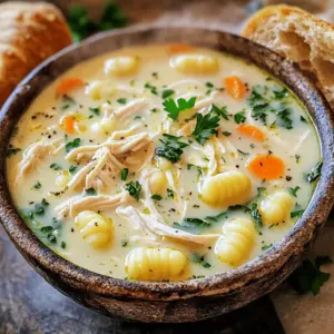 - 1 lb boneless, skinless chicken breasts - 4 cups chicken broth - 2 cups carrots, diced - 1 cup celery, diced - 1 onion, chopped - 3 cloves garlic, minced - 1 teaspoon dried thyme - 1 teaspoon dried rosemary - 1 teaspoon Italian seasoning - Salt and pepper to taste - 1 cup heavy cream (or coconut cream) - 1 package (16 oz) potato gnocchi - 2 cups fresh spinach, chopped - 2 tablespoons fresh parsley, chopped (for garnish) Gathering the right ingredients is key to making a warm and comforting soup. Start with chicken breasts. They give the soup a hearty base. Next, grab fresh carrots, celery, and onion. These veggies add sweetness and crunch. Don't forget garlic! It brings a lovely aroma and flavor. Seasoning is crucial, too. Use thyme, rosemary, and Italian herbs for depth. Salt and pepper will enhance all the flavors. For creaminess, choose heavy cream or coconut cream. This makes the soup rich and smooth. Finally, the gnocchi adds a fun twist and texture. Fresh spinach brightens the dish. It also packs in nutrients. Top it all off with parsley for a pop of color. This mix of ingredients creates a balanced and tasty soup. Each bite will warm you from the inside out. - Layering the Chicken and Vegetables Start by placing the boneless chicken breasts at the bottom of your slow cooker. This step is key. The chicken will cook evenly and soak up flavors. Next, add the diced carrots, diced celery, and chopped onion right on top of the chicken. These veggies add a nice crunch and taste. - Adding the Liquid and Seasonings Pour 4 cups of chicken broth over the layers. Make sure everything is well submerged. This broth is the heart of the soup. Then, sprinkle in the minced garlic, dried thyme, dried rosemary, Italian seasoning, salt, and pepper. Stir gently to mix. This balance of flavors is essential for a warm, comforting dish. - Slow Cooking on Low vs. High You can cook on low for 6-8 hours or high for 4 hours. If you have time, I recommend low. It makes the chicken super tender. The flavors meld beautifully when cooked slowly. If you’re short on time, the high setting works too. Just check the chicken for doneness. - Shredding the Chicken Once cooked, remove the chicken carefully. Use two forks to shred it into bite-sized pieces. This step adds texture to the soup. Return the shredded chicken back into the slow cooker. It’s now ready for the next delicious step. - Incorporating Gnocchi and Cream Stir in the potato gnocchi and 1 cup of heavy cream. This cream makes the soup rich and creamy. Let it cook on high for about 30 minutes. The gnocchi will float to the top when they’re done. That’s your sign they’re ready! - Adding Spinach In the last 10 minutes, add the chopped spinach. It wilts quickly and adds color. Stir it in until it’s just wilted. This soup is now a vibrant mix of flavors and textures, ready to warm your soul. - Ensuring Flavor Profiles: Always taste your soup before serving. If it needs more depth, add salt or herbs. Fresh parsley gives a nice finish too. - Recommended Serving Suggestions: Serve the soup in rustic bowls. A sprinkle of fresh parsley adds color. Pair it with crusty bread for dipping. - What to Do if the Soup is Too Thick: If the soup is thick, add more chicken broth. Stir well and heat it for a few minutes. - Adjusting Flavors Before Serving: Taste the soup before you serve it. If it lacks flavor, add more salt, pepper, or herbs. - Ideal Slow Cooker Size and Type: A 6-quart slow cooker works great for this soup. It gives enough space for all the ingredients. - Other Useful Cooking Tools: Have two forks ready to shred the chicken. A sturdy ladle helps serve the soup easily. {{image_2}} You can easily change the protein in this soup. Use turkey instead of chicken for a leaner option. For a plant-based choice, try tofu. The texture of tofu works well with gnocchi. You can also switch up the veggies. Add peas or corn for sweetness. You can use zucchini or bell peppers for extra color. The soup stays tasty and fun with these swaps. If you need a gluten-free option, look for gluten-free gnocchi. Many brands offer this choice now. You can also use rice noodles as a fun substitute. For a vegan version, use vegetable broth instead of chicken broth. Swap heavy cream for coconut cream or cashew cream. This keeps the soup creamy without dairy. Want some heat? Add red pepper flakes or a splash of Sriracha. This adds a nice kick to the soup. Adjust the amount to your spice level. Fresh herbs make a big difference. Toss in some fresh basil or oregano before serving. This adds bright flavors and aromas to your warm bowl of soup. How long can it last in the fridge? You can keep this soup in the fridge for about 3 to 4 days. Make sure to store it in an airtight container. This helps to keep it fresh and safe to eat. Best practices for freezing and reheating To freeze, let the soup cool first. Then, pour it into freezer-safe bags or containers. Leave some room at the top for expansion. Label the bags with the date. You can freeze it for up to 3 months. When you are ready to eat, thaw it overnight in the fridge. How to properly reheat without compromising quality To reheat the soup, pour it into a pot over low heat. Stir it often until it warms up. You can also use the microwave. Heat in short bursts and stir in between to avoid hot spots. If the soup seems thick, add a splash of chicken broth or water to thin it out before serving. The prep time for this soup is about 15 minutes. You can cook it on low for 6-8 hours or on high for 4 hours. That means the total time can be up to 7 hours. The slow cooker does most of the work, making it easy for you. Yes, you can use frozen gnocchi. Just add it in the last 30 minutes of cooking. Frozen gnocchi cooks quickly, so it will work well in the soup. If you use fresh gnocchi, add it during the last 30 minutes too. Both options will give you a tasty soup. You can definitely make this soup ahead of time. Prepare it a day before and store it in the fridge. The flavors will blend well overnight. When ready to eat, just heat it on the stove. You can also freeze it for later. Just thaw it overnight in the fridge before reheating. You've learned how to create a rich slow cooker chicken gnocchi soup. I shared key ingredients and step-by-step instructions. The tips and variations I mentioned help you adjust the flavors and stay within your diet. Lastly, you can store leftovers for later enjoyment. This soup is versatile, easy to make, and sure to please many palates. Enjoy experimenting with your own touches to make it just right for you!