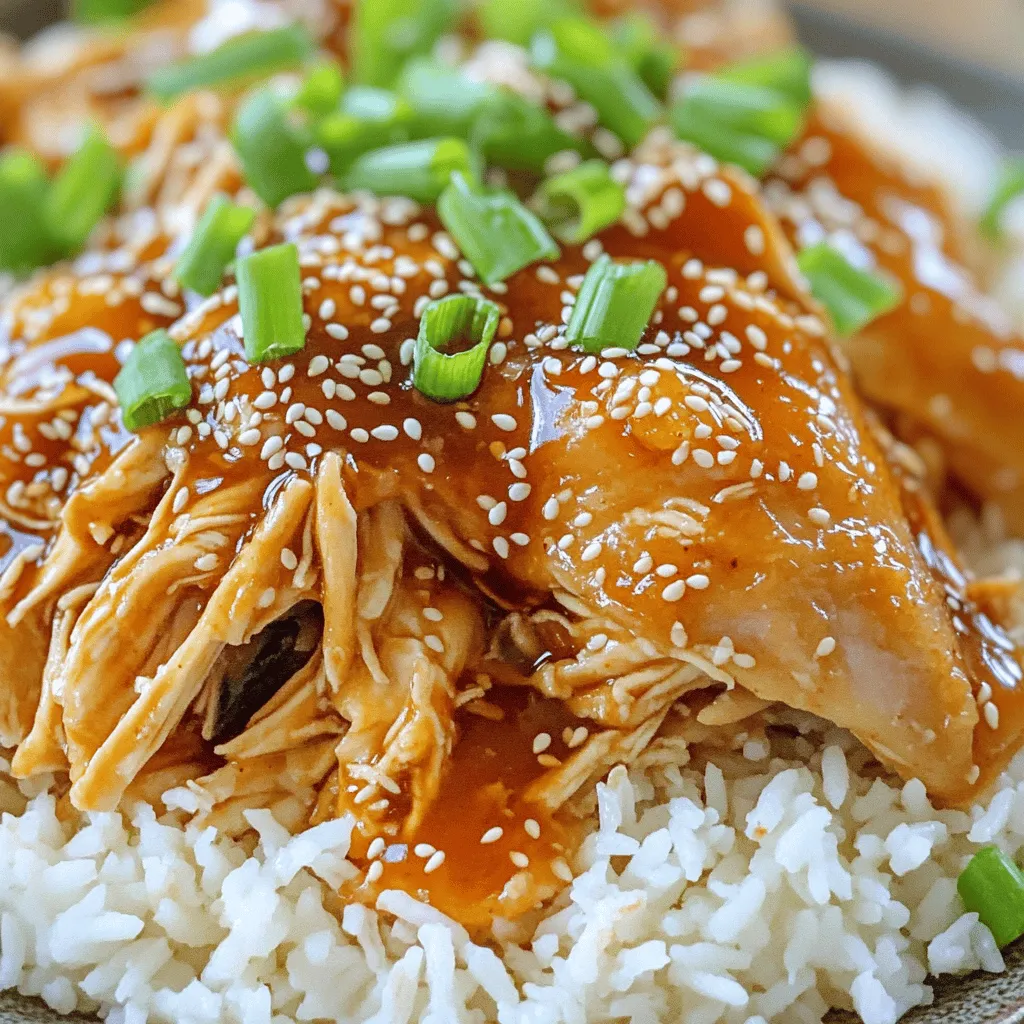 To make this dish, you will need: - 2 lbs boneless, skinless chicken thighs - 1/2 cup low-sodium soy sauce - 1/4 cup honey - 2 tablespoons gochujang (Korean red chili paste) - 3 cloves garlic, minced - 1 tablespoon fresh ginger, minced - 1 tablespoon sesame oil - 1/2 cup green onions, chopped - Salt and pepper to taste These ingredients create a tasty balance of sweet and spicy. The chicken thighs stay juicy when cooked low and slow. You can add a few garnishes for extra flavor and color: - Chopped green onions - Sesame seeds These toppings make your dish look pretty and add a nice crunch. Serve this Korean chicken with: - Steamed rice - Lettuce wraps These sides complement the dish well. They soak up the sauce and add freshness to your meal. Enjoy the mix of flavors and textures! To start, grab a bowl. Mix 1/2 cup of low-sodium soy sauce, 1/4 cup of honey, 2 tablespoons of gochujang, 3 minced garlic cloves, and 1 tablespoon of minced ginger. Add 1 tablespoon of sesame oil for that nutty flavor. Stir it all together until you see a smooth mixture. This sauce is the heart of your dish. Next, sprinkle salt and pepper on both sides of your 2 pounds of boneless chicken thighs. Place the seasoned chicken in the slow cooker. Pour the sweet and spicy sauce over the chicken. Make sure all the pieces are well coated. This step ensures that every bite is packed with flavor. Now, it’s time to cook. You can set your slow cooker to low for 6 to 7 hours or high for 3 to 4 hours. Both options work well. Just choose what fits your schedule. Your chicken will be ready when it’s tender and easy to shred. Enjoy the smell that fills your kitchen while it cooks! To make your dish just right, focus on the sauce. The mix of soy sauce, honey, and gochujang is key. Start with half a cup of soy sauce to keep it salty but not too salty. Add a quarter cup of honey for sweetness. If you want more heat, try adding an extra teaspoon of gochujang. Taste the sauce before cooking. Adjust it to fit your taste. This way, you get the perfect balance. Choose your slow cooker settings based on your schedule. If you have time, cook on low heat for six to seven hours. This makes the chicken very tender. If you are short on time, use high heat for three to four hours. Both ways work well, but low heat gives better flavor. Make sure to cover the slow cooker tightly. This keeps the heat in and helps the chicken cook evenly. Shredding chicken can be a breeze with the right tools. After cooking, let the chicken cool for a few minutes. Use two forks to shred it. Hold one fork in each hand. Pull the chicken apart gently. If you want it even easier, try using a stand mixer. Place the chicken in the bowl and mix on low speed for a minute. This saves time and gives you perfectly shredded chicken. {{image_2}} You can swap chicken thighs for other meats. Try using chicken breasts for a leaner dish. Pork is another great option. Cut pork shoulder into chunks and use it like chicken. Beef is also delicious. You can use stewing beef, which will get tender and flavorful. For a vegetarian or vegan twist, use tofu or tempeh. Press the tofu to remove excess water. Then cut it into cubes. Marinate the tofu in the sauce for extra flavor. You could also use jackfruit. This fruit has a texture similar to shredded meat. Cook it in the sauce until it soaks up the flavors. To change the heat level, you can adjust the gochujang. For less heat, use less gochujang. You can also add a bit of brown sugar to balance it out. If you want more heat, add a pinch of red pepper flakes or more gochujang. Taste the sauce before adding more spice. This way, you can find the right heat for you. To keep your sweet and spicy Korean chicken fresh, place it in an airtight container. Ensure the chicken is cool before sealing it. Store it in the fridge for up to three days. If you want to keep it longer, freezing is a great option. When you're ready to enjoy your leftovers, reheat them gently. You can use a microwave or a saucepan. If using a microwave, heat in short bursts, stirring in between. For the stovetop, warm on low heat until hot. This keeps the chicken tender and flavorful. Freezing is a smart way to save your sweet and spicy Korean chicken for later. Portion it into freezer-safe bags or containers. Label each bag with the date. It can stay in the freezer for up to three months. When you're ready to eat, thaw it overnight in the fridge before reheating. Yes, you can use chicken breasts. Chicken breasts are leaner than thighs. They may dry out more, so check them closely. I recommend cooking them on low for about 5-6 hours. This helps keep them moist. If you do not have gochujang, try sriracha or chili paste. You can mix these with some sugar. This mix can mimic the sweet and spicy taste. Remember, it may not be as rich in flavor, but it will still work well! The chicken is done when it is tender and shreds easily. You can check the internal temperature, which should reach 165°F. If you can pull it apart with a fork, it is ready. Always make sure it cooks well for safety. Yes, you can prepare this dish ahead of time. You can store the sauce and chicken in the fridge for up to two days. Just reheat it in your slow cooker before serving. This makes meal prep easy and saves time! This blog post covers how to make Slow Cooker Sweet and Spicy Korean Chicken. We talked about the main ingredients and optional toppings. I shared tips for preparing the sauce, cooking times, and tricks for shredding chicken. You can also explore variations for protein and spice levels. Lastly, I provided storage tips and answered common questions. Enjoy this dish as a tasty meal that’s easy to make. Try it out and make it your own!