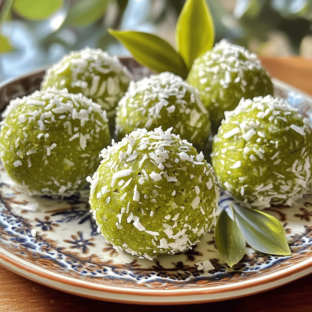 To make Matcha Coconut No Bake Energy Bites, you need: - 1 cup rolled oats - 1/2 cup almond butter (or any nut butter) - 1/4 cup honey or maple syrup - 1/4 cup shredded unsweetened coconut - 1 tablespoon matcha green tea powder - 1/4 cup mini chocolate chips (optional) - Pinch of salt - 1/4 teaspoon vanilla extract If you have nut allergies, use sunflower seed butter or pumpkin seed butter. They both work great! For sweeteners, maple syrup is a good option if you want it vegan. You can also use agave syrup for a different taste. If you want to cut sugar, try mashed bananas or dates. They add sweetness and moisture. - Rolled oats: They are rich in fiber. This helps with digestion and keeps you full. - Almond butter: This nut butter gives healthy fats and protein. It helps your body build muscle. - Honey or maple syrup: These natural sweeteners provide quick energy. They also have antioxidants. - Shredded coconut: This adds healthy fats and fiber. It can help with heart health. - Matcha green tea powder: Matcha boosts metabolism and gives you a calm alertness. It's also full of antioxidants. - Mini chocolate chips: They add flavor and can lift your mood. Use dark chocolate for added health benefits. - Salt: A small pinch can enhance flavors. It also helps balance hydration in your body. - Vanilla extract: This adds a warm flavor that makes everything taste better. It can also aid digestion. First, take a large bowl. Add 1 cup of rolled oats. Then, mix in 1/2 cup of almond butter. You can use any nut butter you like. Next, pour in 1/4 cup of honey or maple syrup. This adds sweetness. Toss in 1/4 cup of shredded coconut for texture. Now, add 1 tablespoon of matcha green tea powder. This gives a nice green color and flavor. Don’t forget a pinch of salt to enhance the taste. Finally, add 1/4 teaspoon of vanilla extract for a nice aroma. Mix all these ingredients well. You want a sticky mixture. Once the mixture is ready, wash your hands. Grab about a tablespoon of the mix. Roll it into a ball about 1 inch in diameter. Keep your hands slightly damp to help with rolling. Place the formed balls on a baking sheet. Make sure to line it with parchment paper. This will prevent sticking. Continue rolling until all the mixture is shaped into bites. You should end up with about 12 energy bites. After shaping the bites, it's time to chill them. Place the baking sheet in the fridge. Let the energy bites chill for at least 30 minutes. This helps them firm up nicely. Once set, transfer the bites to an airtight container. You can store them in the refrigerator. They should last up to 2 weeks. Enjoy these tasty bites whenever you need a quick snack! To get the best texture, balance is key. You want your bites to be chewy but firm. If they feel too dry, add more almond butter. If too wet, mix in a bit more oats. This helps hold everything together. You can boost the flavor easily. Try adding a dash of cinnamon or nutmeg. You can also fold in dried fruits like cranberries or apricots for a sweet twist. If you love chocolate, mini chocolate chips add a fun touch. One big mistake is not chilling long enough. Let the bites sit for at least 30 minutes. This helps them firm up nicely. Another error is not mixing well. Make sure everything is combined before rolling into balls. Lastly, don’t skip the pinch of salt; it enhances all the flavors. {{image_2}} You can make these energy bites vegan easily! Simply swap the honey for maple syrup. This sweetener is perfect for plant-based diets. All other ingredients are already vegan-friendly. Enjoy the same great taste without any animal products! Want to change things up? You can add many mix-ins to these bites. Try dried fruits like cranberries or apricots for sweetness. You can also use seeds like chia or flax for extra crunch. If you love chocolate, add more mini chocolate chips or even cacao nibs. Each mix-in gives a new twist to the flavor! If you have nut allergies, no worries! You can use sunflower seed butter instead of almond butter. This option keeps the bites creamy and tasty. Always check labels to ensure no hidden nuts are in your ingredients. Enjoy these bites safely without nuts! Store your Matcha Coconut No Bake Energy Bites in an airtight container. This keeps them fresh. I recommend placing a piece of parchment paper between layers if you stack them. It prevents them from sticking together. These bites stay good in the fridge for up to two weeks. If you want them to last longer, freezing is a great option. To freeze, place the energy bites on a baking sheet. Make sure they're not touching each other. Freeze them for about an hour until firm. Once frozen, transfer them to a freezer-safe bag. They can last up to three months in the freezer. When you want one, just take it out and let it thaw a few minutes at room temperature. Check for any off smells or changes in color. If the bites feel sticky or have an unusual texture, it’s best to toss them. If you see any mold, do not eat them. Always trust your senses. Keeping your energy bites stored well helps you enjoy them longer! These energy bites last for up to two weeks in the fridge. Store them in an airtight container. Keeping them chilled helps maintain their freshness and flavor. Yes, you can make them gluten-free. Just use certified gluten-free oats. This way, you avoid any gluten cross-contamination while still enjoying a tasty treat. Matcha offers many health benefits. It is rich in antioxidants, which help fight free radicals. Matcha can boost energy and enhance focus. It also supports metabolism and promotes relaxation. Absolutely! These energy bites are great for kids. They are packed with nutrients and offer a tasty snack. Just keep an eye on any nut allergies when serving to children. Yes, you can use any nut butter you like. Peanut butter, cashew butter, or sunflower seed butter all work well. Just remember that each nut butter has its own unique flavor. Choose one your family enjoys! These energy bites are easy to make and full of flavor. We covered the best ingredients, substitutes, and health benefits. I shared clear steps for preparation, forming, and storing your bites. Plus, I highlighted tips for texture and flavor. You can easily create variations for different diets or preferences. Remember to store them properly to keep them fresh. With these tools, you can enjoy tasty and healthy snacks anytime. I hope you try making them soon!