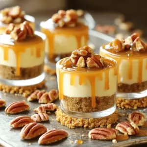 - Graham cracker crust: - 1 cup crushed graham crackers - 4 tablespoons unsalted butter - Cheesecake filling: - 16 oz cream cheese - 1 cup powdered sugar - 1 teaspoon vanilla extract - Whipped cream: - 1 cup heavy whipping cream - Toppings: - 1 cup caramel sauce - 1 cup toasted pecans - Pinch of sea salt When making No-Bake Caramel Pecan Cheesecake Cups, you need simple yet tasty ingredients. The graham cracker crust gives a sweet crunch. You mix crushed graham crackers with melted butter. This adds richness and helps form the base. For the cheesecake filling, soften cream cheese first. This helps it blend easily. Then, add powdered sugar and vanilla for sweetness. You want a smooth, creamy texture. Don’t forget the whipped cream! Whip heavy cream until it forms soft peaks. Gently fold it into the cream cheese mixture. This makes your filling light and fluffy. Lastly, the toppings bring it all together. Use caramel sauce for sweetness and toasted pecans for crunch. A pinch of sea salt enhances the flavors. Each layer adds a delightful twist to your dessert. - Start by mixing 1 cup of crushed graham crackers with 4 tablespoons of melted unsalted butter. - Stir until the crumbs are well coated with the butter. - Next, press this mixture into the bottoms of your serving cups. Make sure it’s compact. - Place the cups in the refrigerator to set while you make the filling. - In a large bowl, beat 16 ounces of softened cream cheese until it’s smooth. - Gradually add 1 cup of powdered sugar and 1 teaspoon of vanilla extract. Mix until creamy. - In another bowl, whip 1 cup of heavy cream until soft peaks form. - Gently fold the whipped cream into the cream cheese mixture until it’s fluffy and smooth. - Now, add half of 1 cup of caramel sauce and a pinch of sea salt into the filling. - Fold this into the mixture until it’s mixed well. - Spoon the cheesecake filling over the chilled crust in the cups, smoothing the tops. - Drizzle with more caramel sauce and sprinkle with 1 cup of chopped toasted pecans. - Finally, refrigerate the cheesecake cups for at least 4 hours or until they are set. To make your cheesecake smooth, start with softened cream cheese. Take it out of the fridge an hour ahead. This helps it blend easily. When you whip the cream, stop when you see soft peaks. This keeps it light and fluffy. Now, fold the whipped cream gently into the cream cheese mix. Use a spatula and go slowly. This keeps the air in and makes your cheesecake light. Serve these cheesecake cups on a lovely platter. Choose a bright, colorful one to make the dessert pop. Drizzle extra caramel sauce on top for flair. You can create a swirl to make it look fancy. Sprinkle chopped pecans over the top. This adds texture and makes it appealing. Place some extra pecans around the cups for a nice touch. Chill your cheesecake cups for at least four hours. This helps the flavors blend well. It also firms up the texture. For the best taste, serve them cold. If you wait too long, they may lose their nice shape. Always check before serving. {{image_2}} You can have fun with toppings. Try adding a chocolate drizzle on top. It adds a rich taste. You can also use different nuts. Walnuts or almonds make great substitutes for pecans. Each nut brings a new flavor. So, feel free to get creative! If you need gluten-free options, use gluten-free graham crackers for the crust. This change keeps the treat tasty for everyone. For a dairy-free version, swap cream cheese for a dairy-free alternative. There are many brands that taste great. These swaps help you enjoy the cheesecake cups while meeting dietary needs. You can easily adjust the recipe for gatherings. For larger groups, just double the ingredients. This way, you have enough for everyone. If you want single servings, use smaller cups or jars. This makes serving simple and fun. Everyone loves their own little cheesecake cup! To keep your No-Bake Caramel Pecan Cheesecake Cups fresh, store them in the fridge. Use an airtight container to prevent drying or absorbing odors. They stay good for up to five days. If you have extra cups, you can also cover them with plastic wrap. This keeps them fresh and delicious. If you want to freeze leftover cheesecake cups, follow these steps: First, let the cups set in the fridge for at least four hours. Then, wrap each cup tightly in plastic wrap. Place them in a freezer-safe container or bag. They can stay in the freezer for up to three months. When you are ready to eat them, take the cups out of the freezer. Place them in the fridge to thaw overnight. This method helps maintain their creamy texture and flavor. Enjoy your delightful treat again! Yes, you can make these cheesecake cups a day in advance. Prepare the cups and let them chill in the fridge for up to 24 hours before serving. This helps the flavors blend perfectly. Just remember to add the extra caramel and pecans right before you serve them. This keeps everything fresh and tasty. If you don’t have heavy cream, use half-and-half or whole milk. However, the texture will be lighter. You can also use coconut cream for a dairy-free option. Just chill a can of coconut milk, scoop out the cream, and whip it. This gives a nice flavor and keeps it creamy. You can skip the pecans if you want. However, this will change the flavor and texture. Pecans add a rich, nutty taste and a nice crunch. If you don’t like nuts, consider adding chocolate chips or crushed cookies instead. This way, you can still enjoy a fun bite! These cheesecake cups are easy to make and delicious. We covered the simple ingredients and steps. Remember to chill them well for best flavor. Try different toppings or adjust for dietary needs to suit your taste. Store extras smartly to keep them fresh. Enjoy making this treat for any gathering or just for fun. With these tips, you can impress everyone!