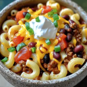 - 1 pound ground beef or turkey - 1 can (15 oz) kidney beans, rinsed and drained - 1 can (15 oz) black beans, rinsed and drained - 1 can (14.5 oz) diced tomatoes with green chilies - 1 can (6 oz) tomato paste - 2 cups beef or vegetable broth - 1 cup elbow macaroni - 1 tablespoon chili powder - 1 teaspoon cumin - 1 teaspoon paprika - 1 teaspoon garlic powder - 1 teaspoon onion powder - Salt and pepper to taste - 1 cup shredded cheddar cheese For this dish, I use ground beef or turkey as the base. They add great flavor and protein. The kidney and black beans give it a hearty feel. Diced tomatoes with green chilies add a nice kick. Tomato paste and broth create a rich sauce. Elbow macaroni makes it a true comfort food. Spices like chili powder, cumin, and paprika bring warmth. Garlic and onion powders add depth. I always finish it with cheddar cheese for creaminess. - Bell peppers, chopped - Corn, frozen or canned - Jalapeños, diced - Zucchini, chopped - Different beans, like pinto or navy Feel free to mix in bell peppers or corn for extra veggies. Diced jalapeños can spice things up. Zucchini is a great way to add more fiber. You can also swap beans for your favorites. These options let you tailor this dish to your taste. - 1/2 cup sour cream - Green onions, sliced - Avocado, diced - Fresh cilantro, chopped - Tortilla chips, crushed Toppings make every bowl special. A dollop of sour cream cools the heat. Sliced green onions add crunch. Diced avocado brings creaminess. Fresh cilantro gives a burst of freshness. Crushed tortilla chips offer a fun crunch. These garnishes let you enjoy this dish in new ways! First, you need to brown the ground meat. I like using beef or turkey. Heat a skillet over medium heat. Add the meat and season it with salt and pepper. Stir it often until it turns brown. This step adds a rich flavor. Once browned, drain any extra fat. Then, add the meat to the slow cooker. Next, it's time to mix all the ingredients. In the slow cooker, add the kidney beans and black beans. Then, add the diced tomatoes and tomato paste. Pour in the broth for a nice base. Now, add the elbow macaroni. Sprinkle in the chili powder, cumin, paprika, garlic powder, and onion powder. Mix everything well to combine. This ensures every bite is packed with flavor. Now, cover the slow cooker. For cooking times, you can choose low or high heat. If you set it to low, cook for 6 to 8 hours. If you use high heat, cook for 3 to 4 hours. The macaroni needs to be tender. Check it around the end of the cooking time. About 15 minutes before serving, add the shredded cheddar cheese. Stir it into the chili mac until it melts. This gives it a creamy texture. Taste the chili mac and adjust the seasonings if needed. To serve, scoop some into bowls. Top with a dollop of sour cream and green onions for a fresh touch. Enjoy the cozy flavors! To keep your macaroni from getting mushy, add it later in the cooking. I suggest adding it about 30 minutes before the end of the cooking time. This way, it cooks just right. If you add it too soon, it will turn soft and fall apart. Use the elbow macaroni as it holds the chili well. Seasoning is key for flavor. Start with the basics: chili powder, cumin, paprika, garlic powder, and onion powder. Taste your chili before serving. You can adjust salt and pepper as needed. If you want a bit more heat, add some cayenne pepper or hot sauce. Just a pinch can make a big difference. You can boost the flavor by adding some extras. Try adding corn for sweetness or bell peppers for crunch. Fresh herbs like cilantro or parsley can brighten the dish. A splash of lime juice adds a nice zing. You can even mix in some cooked bacon for a smoky touch. Experiment with what you love! {{image_2}} You can make a tasty vegetarian or vegan chili mac. First, swap ground meat for lentils or mushrooms. They give a nice texture. Use vegetable broth instead of beef broth. For cheese, try vegan cheese or skip it altogether. Add more beans, like pinto or chickpeas, for protein. This version stays hearty and full of flavor. Cheese changes the taste of chili mac. Cheddar gives a classic, sharp flavor. Monterey Jack melts well and adds creaminess. Pepper jack adds a spicy kick. You can mix cheeses for more depth. Just remember to add cheese near the end of cooking. This helps it melt perfectly and blend into the dish. Do you like heat? Adjust the spice level in your chili mac. For a milder dish, use less chili powder and skip spicy peppers. For a kick, add jalapeños or a dash of hot sauce. You can also top with spicy salsa. This way, each bowl can be just right for you and your family. After you enjoy your Slow Cooker Loaded Chili Mac, store leftovers in an airtight container. Let the chili cool down first. Then, place it in the fridge. It will stay fresh for about 3 to 4 days. If you want to keep it longer, consider freezing it. To reheat, use a pot on the stove or a microwave. If using the stove, add a splash of broth to keep it moist. Stir often until it heats through. If using a microwave, heat in short bursts, stirring in between. This keeps the flavor and texture just right. To freeze your chili mac, use freezer-safe containers. Make sure to leave some space at the top for expansion. It’s best to use it within 3 months for the best taste. When ready to eat, thaw it in the fridge overnight before reheating. Enjoy your cozy meal anytime! Yes, you can use various meats in this recipe. Ground turkey or chicken works well. If you want a meatless option, try lentils or mushrooms. Each choice brings a unique flavor. Just make sure to adjust cooking times if needed. Ground turkey may cook faster than beef. You can store this chili mac in the fridge for up to five days. Keep it in an airtight container. For longer storage, freeze it in a freezer-safe container. It will last up to three months in the freezer. Thaw it in the fridge before reheating. Absolutely! You can make this dish in an Instant Pot. First, use the sauté setting to brown the meat. Then add the other ingredients. Cook on high pressure for about 10 minutes, then do a quick release. This method saves time while keeping the flavors rich. Chili mac goes great with many sides. Try a simple green salad for freshness. Cornbread is another favorite choice. You can also serve it with tortilla chips for crunch. If you want something creamy, add a side of guacamole or sour cream. This blog post covered everything you need for slow cooker loaded chili mac. We discussed key ingredients, preparation steps, and tips for best results. You learned how to customize this dish and store leftovers well. Finally, we answered common questions to guide you. Slow cooker loaded chili mac is tasty and easy. It’s perfect for sharing. Enjoy making this recipe your own!