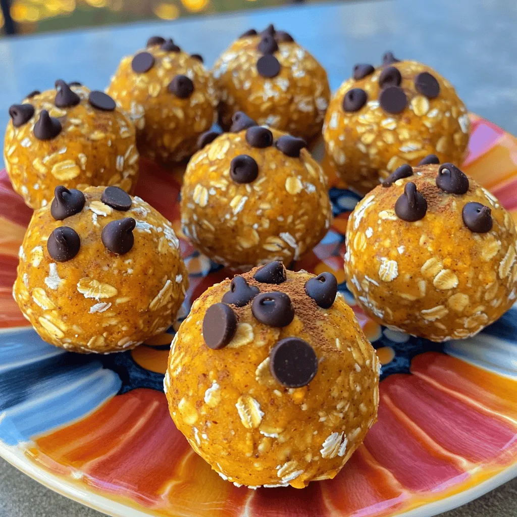 To make Pumpkin Pie Oatmeal Energy Balls, you will need the following simple ingredients: - 1 cup rolled oats - 1/2 cup canned pumpkin puree - 1/2 cup almond butter (or peanut butter) - 1/4 cup honey or maple syrup - 1 teaspoon vanilla extract - 1 teaspoon pumpkin pie spice - 1/4 cup ground flaxseed - 1/4 cup mini chocolate chips (optional) - Pinch of salt - 1/4 cup chopped pecans or walnuts (optional) Each ingredient plays a key role. The rolled oats are the base and give these energy balls their chewy texture. Canned pumpkin puree adds moisture and a rich, fall flavor. Almond butter or peanut butter keeps them creamy and adds healthy fats. Honey or maple syrup serves as a natural sweetener. Vanilla extract enhances the flavor, creating a comforting aroma. Pumpkin pie spice, which includes cinnamon, nutmeg, and ginger, brings warmth. Ground flaxseed boosts nutrition with fiber and omega-3s. For a fun twist, add mini chocolate chips. They give a burst of sweetness. Chopped pecans or walnuts add crunch and extra nutrients. If you want a nut-free version, just skip the nut butter and nuts. These ingredients come together to create a tasty snack that is perfect for any time of day. First, grab a large mixing bowl. Add 1 cup of rolled oats, 1/2 cup of canned pumpkin puree, and 1/2 cup of almond butter. If you prefer peanut butter, that works too! Next, pour in 1/4 cup of honey or maple syrup and 1 teaspoon of vanilla extract. Mix everything together until it looks smooth. Now, it's time to add flavor! Sprinkle in 1 teaspoon of pumpkin pie spice, 1/4 cup of ground flaxseed, and a pinch of salt. If you want some extra fun, toss in 1/4 cup of mini chocolate chips or 1/4 cup of chopped pecans or walnuts. Stir the mixture until it blends well. Once your mixture is ready, use your hands to form small balls. Aim for about 1 inch in size. Place each ball on a baking sheet lined with parchment paper. After forming your energy balls, it's time to chill them. Put the baking sheet in the fridge for about 30 minutes. This helps them firm up nicely. After chilling, your energy balls will be ready to enjoy! Mixing is key for great flavor in your energy balls. Start with a big bowl. Add rolled oats, pumpkin puree, almond butter, honey, and vanilla extract. Stir until you see no dry oats. This ensures every bite is tasty. Next, add pumpkin pie spice and ground flaxseed. If you want, include chocolate chips or nuts. Keep mixing until everything is well combined. A good mix means better flavor! How you serve these energy balls can make them more fun. Place them on a bright plate to catch eyes. You can also put them in a cute box or jar. This makes a great gift, too! For a festive touch, sprinkle some extra pumpkin pie spice on top. It looks great and makes them smell wonderful! Do you like your treats sweeter? You can easily change how sweet your energy balls are. Start with the amount of honey or maple syrup in the recipe. If you want more sweetness, just add a bit more. Taste the mixture before you form the balls. This way, you can get it just right for your taste buds! {{image_2}} You can easily adjust this recipe to fit your needs. For nut-free options, use sun butter instead of almond or peanut butter. This swap keeps the creamy texture while ensuring safety for those with nut allergies. If you want a vegan version, replace honey with maple syrup. Both sun butter and maple syrup add a nice flavor without any animal products. Want to make your energy balls more exciting? Try adding different spices or flavored extracts. A dash of ginger will give a warm kick. You can also add a splash of almond or vanilla extract for extra depth. These small changes can really boost the flavor and make each bite special. Did you know you can use oats in different forms? Quick oats work just as well as rolled oats. They help the energy balls hold together nicely. If you prefer a chewier texture, stick with rolled oats. This choice will give your energy balls a heartier feel. To keep your Pumpkin Pie Oatmeal Energy Balls fresh, store them in an airtight container. This method helps prevent air from making them dry. You can also use a glass jar with a tight lid. Place parchment paper between layers if you stack them. This keeps them from sticking together. These energy balls last about one week in the refrigerator. After that, they may start to lose their flavor and texture. Always check for any off smells or changes in appearance before eating. If they look or smell funny, it's best to toss them out. If you want to store your energy balls for a longer time, freezing is a great option. Place them in a single layer on a baking sheet first. Freeze for about an hour until firm. Then, transfer them to a freezer-safe bag or container. They can last up to three months in the freezer. To enjoy them, just thaw in the fridge for a few hours before eating. To make pumpkin pie oatmeal energy balls healthier, you can swap some ingredients. Use less honey or maple syrup. Instead, try mashed banana or unsweetened applesauce for sweetness. You can also add chia seeds for extra fiber and protein. If you want to cut calories, use a light nut butter. These small changes keep the taste while boosting nutrition. Yes, you can make these energy balls nut-free. Substitute almond butter with sun butter or soy nut butter. Both options provide a similar creamy texture and flavor. You can still enjoy the pumpkin flavor without nuts. Make sure the ingredients you choose are nut-free to avoid cross-contamination. You can add many toppings to your energy balls for extra flavor and crunch. Try rolling them in shredded coconut or crushed cereal. You can also use seeds like pumpkin or sunflower seeds. For a sweet touch, drizzle melted dark chocolate on top. Get creative and mix in your favorite toppings to make them unique! The pumpkin pie energy balls are easy to make and packed with flavor. We covered the main ingredients, simple steps, and useful tips. You can adjust sweetness and swap ingredients as needed. Remember to store them properly to keep them fresh. These energy balls are a tasty, healthy snack. Try these ideas and make them your own! Enjoy creating your version of this fun recipe.
