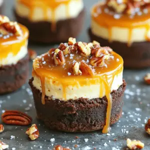 - 1/2 cup unsalted butter (melted) - 1 cup granulated sugar - 2 large eggs - 1 teaspoon vanilla extract - 1/3 cup unsweetened cocoa powder - 1/2 cup all-purpose flour - 1/4 teaspoon salt - 1/4 teaspoon baking powder - 8 oz cream cheese (softened) - 1/2 cup granulated sugar - 1 large egg - 1 teaspoon vanilla extract - 1/2 cup caramel sauce - 1/2 cup pecans (chopped) - Sea salt (optional for sprinkling) Each ingredient plays a key role in making these delicious caramel pecan cheesecake brownie cups. The brownie layer starts with melted butter and sugar for a rich base. Eggs and vanilla add moistness and flavor. Cocoa powder brings the chocolatey goodness, while flour helps bind it all together. The salt and baking powder elevate the taste and texture. For the cheesecake layer, softened cream cheese gives a creamy texture. Sugar and egg sweeten and set the cheesecake, while vanilla adds that lovely aroma. Finally, the topping brings everything together. Caramel sauce drizzles on top for sweetness. Chopped pecans add crunch and nutty flavor. A dash of sea salt gives a perfect contrast. This blend of ingredients makes every bite a delightful treat. Enjoy the rich flavors and textures these cups provide! - Preheat oven to 350°F (175°C). - Line muffin tin with cupcake liners. - In a bowl, combine melted butter and sugar. Mix well. - Add eggs and vanilla extract. Stir until smooth. - In another bowl, whisk cocoa powder, flour, salt, and baking powder. Gradually mix this into the wet mixture. Be careful not to overmix. - Spoon about 1 tablespoon of brownie batter into each muffin liner. Fill them one-third full. - In a mixing bowl, beat softened cream cheese and sugar until smooth. - Add egg and vanilla extract. Mix until well combined. - Spoon about 1 tablespoon of cheesecake mixture on top of the brownie batter in each muffin cup. - Top with a small dollop of the remaining brownie batter. - Bake for 20-25 minutes. A toothpick should come out clean. - Let them cool in the pan for 10 minutes. Then, move them to a wire rack to cool completely. - Once cooled, drizzle caramel sauce over each cup. - Sprinkle chopped pecans on top and add a pinch of sea salt if you like. - Always use room temperature ingredients. This makes mixing easier and smoother. - Do not overmix your brownie batter. This keeps your brownies soft and chewy. - These cups are best when served chilled or at room temperature. - Pair them with coffee or a scoop of vanilla ice cream for extra joy. - Consider adding chocolate chips or extra pecans in the layers for a tasty twist. - Use homemade caramel sauce to boost the flavor and richness of your cups. {{image_2}} You can change up the nuts in these cups. Swap pecans for walnuts or almonds. Each nut brings its own taste. Try flavored cream cheese for fun twists. Cinnamon or pumpkin spice adds a nice touch. Your cheesecake layer can surprise your taste buds. If you want a gluten-free treat, use almond flour instead of regular flour. This simple swap keeps the taste great. For a vegan version, pick plant-based cream cheese. You still get that creamy texture without dairy. These options help everyone enjoy these brownie cups. You can serve these brownie cups in fun ways. Create a layered parfait with whipped cream and fruit. It looks beautiful and tastes amazing. Or, bake one larger brownie cake instead of cups. Slice it up for a crowd-pleasing dessert. Each style makes your treat special and unique. You can store leftover caramel pecan cheesecake brownie cups easily. Put them in an airtight container. They will stay fresh in your fridge for up to a week. This way, you can enjoy them later without losing any taste! If you want to keep them longer, freezing works great. First, lay the brownie cups in a single layer on a baking sheet. Make sure they do not touch each other. Once they freeze solid, transfer them to a freezer-safe container. They can last for about three months in the freezer. When you're ready to eat them, take them out of the freezer. Thaw the brownie cups in the refrigerator overnight. This method keeps their texture nice. If you want them warm, reheat in the microwave for a few seconds. This makes the caramel gooey and delightful again. Enjoy! Look for a clean toothpick test in the brownie layer. Stick a toothpick into the center of the brownie cup. If it comes out clean, they are done. This means the brownie layer is cooked right. If there’s wet batter, bake them a bit longer. Checking this step is key for perfect texture. Yes, you can substitute with your favorite nuts. Walnuts or almonds work great too. Just chop them up as you would pecans. This lets you customize the flavor. Each nut brings its unique taste. It’s a fun way to experiment! Add chocolate chips to the brownie batter or use a chocolate ganache topping. Mixing in chocolate chips gives bites of melted chocolate. For ganache, melt chocolate with cream and pour it over the cooled cups. This creates a rich, chocolatey layer. Your guests will love the extra chocolate flavor! Absolutely, they are easy to serve and always a hit! Each cup is a perfect single serving. You don’t need plates or forks. They look great on a dessert table, too. Just set them out, and watch everyone smile! These brownie cups combine rich brownie, creamy cheesecake, and sweet caramel pecans. You learned how to prepare each layer and add tips for the perfect bake. You can even mix things up with flavor variations and dietary tweaks. Remember, these treats store well and are great for sharing. Enjoy making your own delicious dessert cups. They are sure to impress your family and friends!