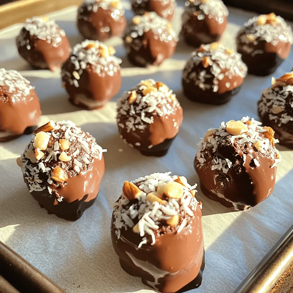 To make these delicious no-bake brownie bites, you'll need: - 1 cup raw walnuts - 1 cup pitted Medjool dates - 1/2 cup unsweetened cocoa powder - 1/4 cup almond butter - 1 teaspoon vanilla extract - 1/4 teaspoon sea salt - 1/2 cup chocolate chips (dairy-free if desired) - Optional toppings: shredded coconut, chopped nuts, or sprinkles These ingredients work together to create a rich, chocolatey treat. Raw walnuts give a nice crunch and healthy fats. Medjool dates add sweetness and stickiness. Unsweetened cocoa powder provides a deep chocolate taste without extra sugar. Almond butter makes the bites creamy. Vanilla extract adds a warm note, while sea salt balances the flavors. The chocolate chips give bursts of sweetness in each bite. You can customize the toppings to fit your mood or preference. This recipe is simple yet packs a punch of flavor. 1. Process walnuts and dates First, add 1 cup of raw walnuts and 1 cup of pitted Medjool dates into a food processor. Pulse until it looks like coarse meal. You should be able to press it together easily. 2. Mix cocoa powder, almond butter, vanilla, and salt Next, add in 1/2 cup of unsweetened cocoa powder, 1/4 cup of almond butter, 1 teaspoon of vanilla extract, and 1/4 teaspoon of sea salt. Blend this mixture until it is smooth. Scrape down the sides as needed to mix well. 3. Incorporate chocolate chips Now, stir in 1/2 cup of chocolate chips. Mix until the chips are evenly spread throughout the dough. You can use dairy-free chocolate chips if you prefer. 4. Forming the brownie bites Take small amounts of the mixture and roll them into balls. Each ball should be about 1 inch in size. Use your hands to shape them well. 5. Refrigeration process Place the brownie bites on a baking sheet lined with parchment paper. Pop them in the fridge for at least 30 minutes. This helps them firm up and makes them easier to eat. These no bake brownie bites are simple to make and are full of flavor. Enjoy your healthy dessert! To create the best no-bake brownie bites, you need the right consistency. Start by processing the walnuts and dates well. The mix should feel sticky and hold together when pressed. If your mix is too dry, add a splash of almond butter. If it’s too wet, add a bit more cocoa powder. To avoid a sticky mixture, keep your hands damp while rolling. This helps the mixture stay together without sticking to your fingers. If the bites stick to your hands, it’s a sign to adjust the mix. When rolling the bites, aim for even sizes. Use a scoop or your hands to form 1-inch balls. This helps every brownie bite cook at the same rate. Place them on parchment paper as you form them to keep things tidy. For a fun twist, try different flavors in your brownie bites. You can add a pinch of cinnamon or a drop of peppermint extract. This gives a refreshing taste that makes your bites pop. Consider additional mix-ins too. Chopped nuts, dried fruits, or seeds can add texture and flavor. You can swap almond butter with peanut butter for a nutty kick. For toppings, think outside the box. Shredded coconut or chopped nuts add crunch. Sprinkles can make them festive and fun. Get creative and let your taste guide you! {{image_2}} You can easily adjust this recipe to fit your needs. Here are some ideas: - Gluten-free options: The main ingredients are already gluten-free. Just ensure your chocolate chips are also gluten-free. - Vegan alternatives: This recipe is vegan if you use dairy-free chocolate chips. All other ingredients are plant-based. - Nut-free suggestions: Swap walnuts for sunflower seeds or pumpkin seeds. Use seed butter instead of almond butter. Enhancing the flavor of your brownie bites can be fun. Here are some ways to do it: - Adding spices or extracts: Add a pinch of cinnamon or nutmeg for warmth. A drop of almond extract can give a nice twist, too. - Combining with other ingredients: Mix in some dried fruit like raisins or cranberries. You can also try adding a scoop of protein powder. To keep your no-bake brownie bites fresh, store them in an airtight container. This helps lock in moisture and flavor. If you have a lot, consider layering them with parchment paper to avoid sticking. For short-term storage, place the container in the fridge. The brownie bites will stay fresh for about one week. If you want to keep them longer, freeze them! To freeze, use a freezer-safe container. You can also wrap individual bites in plastic wrap. This way, you can enjoy a bite anytime without thawing the whole batch. I suggest using glass containers or BPA-free plastic ones. These containers are safe and keep your brownie bites from absorbing odors. Make sure to choose a size that fits your batch. If you want to grab a bite on the go, use small snack bags. These are perfect for portion control and easy to pack. In the fridge, your brownie bites last up to one week. If frozen, they can last up to three months. Just remember to thaw them in the fridge for a few hours before eating. This keeps them from getting too soft. By following these tips, you can enjoy your no-bake brownie bites fresh and tasty for a long time! How long do no bake brownie bites last? No bake brownie bites last about one week in the fridge. Store them in an airtight container. If you freeze them, they can last up to three months. Thaw them in the fridge before eating. Can I substitute other nuts? Yes, you can use different nuts. Pecans or cashews work well too. Just keep the same amount, one cup. This will change the flavor slightly but will still taste great. What can I use instead of almond butter? You can use peanut butter or sunflower seed butter. Both options provide a nice flavor. Just make sure the nut or seed butter is smooth for the best results. Are there any alternatives for Medjool dates? Yes, you can use other dried fruits. Dried apricots or figs are good choices. They add natural sweetness and help bind the bites together. You now know how to make no-bake brownie bites using simple ingredients like walnuts and Medjool dates. We covered steps for preparation, tips to perfect the texture, and dietary variations. Store them correctly to enjoy longer. With some creativity, you can add unique flavors and toppings. No-bake brownie bites are easy, fun, and healthy. So, gather your ingredients and try making them yourself. Enjoy the process and the delicious result!