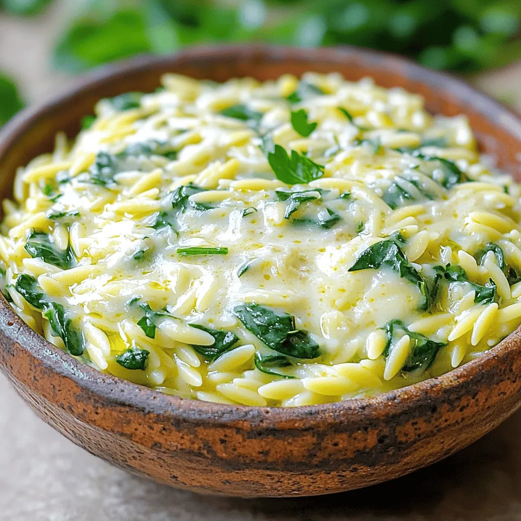 To make Creamy Garlic Parmesan Orzo, gather these simple ingredients: - 1 cup orzo pasta - 4 cups vegetable broth - 1 tablespoon olive oil - 3 cloves garlic, minced - 1 cup heavy cream - 1 cup grated Parmesan cheese - ½ teaspoon black pepper - ½ teaspoon salt - 1 cup fresh spinach, roughly chopped - ¼ teaspoon red pepper flakes (optional) - Fresh parsley, chopped (for garnish) You can easily adapt this recipe. If you need a gluten-free option, use gluten-free orzo. For a lighter dish, swap heavy cream with half-and-half. If you're lactose intolerant, try a dairy-free cream and nutritional yeast instead of Parmesan. Be careful with allergens. The main allergens here are dairy and gluten. Always check labels for hidden allergens. I recommend using Barilla or Ronzoni for orzo pasta. For vegetable broth, Swanson makes a great option. For cheese, Grana Padano works well if Parmesan is not available. When it comes to heavy cream, look for brands like Horizon or Organic Valley for the best quality. To start, grab a medium saucepan. Pour in 4 cups of vegetable broth. Bring it to a gentle boil. Next, add 1 cup of orzo pasta. Cook the orzo according to the package instructions. This usually takes about 8 to 10 minutes. Be sure to stir it occasionally. This helps to prevent the pasta from sticking. Once it's cooked al dente, remove it from heat and drain any excess broth. While the orzo cooks, take a large skillet. Heat 1 tablespoon of olive oil over medium heat. Add in 3 cloves of minced garlic. Sauté the garlic for about 2 to 3 minutes. You want it fragrant but not burnt. After that, reduce the heat to low. Pour in 1 cup of heavy cream. Let it simmer for a couple of minutes. This will help it thicken a bit. Gradually stir in 1 cup of grated Parmesan cheese. Keep stirring until the cheese melts. The sauce should now be creamy and smooth. Once the orzo is ready, add it to the skillet with the sauce. Mix everything together well. Now, season it with ½ teaspoon of black pepper and ½ teaspoon of salt. If you like a little heat, add ¼ teaspoon of red pepper flakes. Toss in 1 cup of roughly chopped fresh spinach. Cook for an additional 2 minutes. This will wilt the spinach nicely. Taste your dish and adjust the seasoning if needed. Remove it from heat and let it rest for a minute before serving. To make your orzo creamy, use heavy cream. It adds richness and smoothness. When the cream heats up, it thickens. Stir it slowly to help it mix well with cheese. You can also add a little pasta water. This water has starch that helps bind the sauce. This way, your dish stays rich and creamy. For extra flavor, consider using fresh herbs. Basil and thyme work well with garlic and cheese. You can also add lemon juice for a bright taste. If you like spice, more red pepper flakes can boost the heat. Taste your dish as you cook. This way, you can adjust the flavors to your liking. Stir the orzo while it cooks. This keeps it from sticking together. When making the sauce, keep the heat low to avoid burning the garlic. Burnt garlic can ruin the dish. Always taste your food before serving. Adjust salt and pepper as needed for the best flavor. Lastly, let the dish rest before serving. This helps the flavors meld together nicely. {{image_2}} You can make this dish even better by adding proteins. Grilled chicken works great. Just cut it into bite-sized pieces and mix it in at the end. Shrimp is another tasty choice. Cook it in the skillet before adding the sauce. This step keeps the shrimp juicy and full of flavor. Feel free to use cooked sausage or diced ham for a heartier meal. Each protein adds a new layer of taste. If you want a vegetarian dish, simply skip the meat. You can still enjoy creamy orzo by adding more veggies. Peas, mushrooms, or bell peppers give color and crunch. For a vegan version, use plant-based cream and cheese. Almond or cashew cream can replace heavy cream. Nutritional yeast adds a cheesy flavor without dairy. You can enjoy a rich and creamy orzo without any animal products. Cheese is the star of this dish, but you can switch it up. If you want a sharper taste, try aged cheddar or Gruyère. For a tangy twist, goat cheese brings a unique flavor. You can even go for mozzarella for a stretchier cheese experience. Mixing cheeses can also add depth to your dish. Just remember to use grated cheese for easy melting and a smooth sauce. Adjust the cheese to fit your taste! Let your Creamy Garlic Parmesan Orzo cool for about 30 minutes before storing. This step helps keep the texture nice. Once cooled, transfer the orzo to an airtight container. Always label the container with the date. Store it in the fridge for up to four days. To reheat, place the orzo in a saucepan over low heat. Add a splash of vegetable broth or cream to keep it creamy. Stir often until heated through. You can also microwave it in a bowl. Cover it with a damp paper towel and heat for 1-2 minutes. Stir halfway to ensure even heating. You can freeze Creamy Garlic Parmesan Orzo for up to three months. Place the cooled orzo in a freezer-safe container. Make sure to leave some space at the top for expansion. To thaw, place it in the fridge overnight. Reheat as mentioned above for the best texture. To make Creamy Garlic Parmesan Orzo, follow these steps: 1. Cook the Orzo: Boil 4 cups of vegetable broth in a medium saucepan. Add 1 cup of orzo pasta. Cook for 8-10 minutes until al dente. Stir occasionally to stop it from sticking. 2. Prepare the Sauce: In a large skillet, heat 1 tablespoon of olive oil over medium heat. Add 3 minced garlic cloves. Sauté for 2-3 minutes until fragrant. 3. Mix in Cream: Lower the heat and stir in 1 cup of heavy cream. Let it simmer for a few minutes until it thickens a bit. 4. Add Cheese: Gradually add 1 cup of grated Parmesan cheese. Stir until it melts and you have a creamy sauce. 5. Combine: Add the cooked orzo to the skillet. Mix well to coat the pasta in sauce. 6. Season: Add ½ teaspoon of black pepper, ½ teaspoon of salt, and optional red pepper flakes. Stir in 1 cup of chopped spinach and cook for 2 more minutes until wilted. 7. Serve: Taste and adjust seasoning. Allow it to rest, then serve. This dish is creamy, cheesy, and packed with flavor. Yes, you can use whole wheat orzo. Whole wheat orzo has more fiber and nutrients. The cooking time may vary slightly, so check it often. The flavor will be nuttier compared to white orzo. It still pairs well with the creamy garlic Parmesan sauce. Creamy Garlic Parmesan Orzo pairs well with many dishes. Here are some ideas: - Grilled Chicken: The protein balances the creaminess. - Roasted Vegetables: Adds color and nutrition. - Garlic Bread: Perfect for soaking up sauce. - Salad: A fresh side salad adds crunch and lightness. Feel free to mix and match your favorites! This blog post covered how to make creamy garlic parmesan orzo. We discussed key ingredients, step-by-step cooking, and useful tips. You learned how to enhance flavor and make the dish your own with different proteins or cheeses. Storage tips ensure your leftovers stay fresh and tasty. In the end, this recipe is versatile and simple. Enjoy experimenting with flavors and make this dish your favorite. Happy cooking!