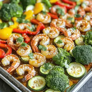 To make honey garlic shrimp and veggies, gather these items: - 1 lb (450g) large shrimp, peeled and deveined - 2 tablespoons honey - 3 tablespoons soy sauce (low sodium) - 3 cloves garlic, minced - 1 teaspoon fresh ginger, grated - 1 red bell pepper, chopped - 1 yellow bell pepper, chopped - 1 zucchini, sliced - 1 cup broccoli florets - 2 tablespoons olive oil - Salt and pepper to taste - 1 tablespoon sesame seeds (for garnish) - Fresh cilantro or parsley for garnish You can swap ingredients if needed. If you don’t have large shrimp, use medium shrimp instead. For a vegan option, try tofu or tempeh in place of shrimp. If you’re out of honey, agave syrup works well. Tamari is a good gluten-free alternative to soy sauce. You can use any veggies you like, such as carrots or snap peas. When buying shrimp, look for a firm texture and a fresh smell. Avoid shrimp that feel slimy or have a strong odor. Check the color; they should be translucent and shiny. For vegetables, choose bright and vibrant colors. Look for firm peppers and crisp broccoli florets. If the veggies are wilting or have brown spots, they are not fresh. Always buy from a trusted source to ensure quality. First, preheat your oven to 400°F (200°C). This step is key for even cooking. A hot oven helps the shrimp cook fast and keeps the veggies crisp. In a mixing bowl, mix together 2 tablespoons of honey, 3 tablespoons of low-sodium soy sauce, 3 minced garlic cloves, and 1 teaspoon of grated ginger. Add 1 pound of peeled and deveined shrimp to the bowl. Toss the shrimp well to coat them in the marinade. Let them sit for about 15 minutes. This step adds great flavor to the shrimp. While the shrimp marinates, grab a large sheet pan. Chop 1 red bell pepper and 1 yellow bell pepper. Slice 1 zucchini and prepare 1 cup of broccoli florets. Spread these veggies on the sheet pan. Drizzle 2 tablespoons of olive oil over them. Add salt and pepper to taste. Toss the veggies to mix and lay them out in an even layer. This helps them roast nicely. Once the shrimp is done marinating, lay the shrimp evenly over the veggies on the sheet pan. Pour any leftover marinade over the top. Place the sheet pan in the preheated oven. Roast for 15-20 minutes. The shrimp should turn opaque, and the veggies should be tender-crisp. Keep an eye on them to avoid overcooking. After roasting, take the sheet pan out of the oven. Sprinkle 1 tablespoon of sesame seeds on top. Add fresh cilantro or parsley for a pop of color. Serve hot, either on the sheet pan or on plates. This dish looks great and tastes even better! To avoid overcooking shrimp, pay close attention to cooking time. Shrimp cook fast, usually in 15-20 minutes at 400°F. Once they turn opaque and curl, they're done. If you leave them too long, they become rubbery. Keep an eye on them as they roast. You want tender shrimp, not tough ones. Sheet pan cooking is simple and fun. Start by preheating your oven to 400°F. This high heat helps the shrimp and veggies cook evenly. Arrange your veggies in a single layer. This allows them to roast properly and not steam. Don't overcrowd the pan. If needed, use two pans to keep things spaced out. To boost the flavor, try adding more garlic or ginger. A splash of lemon juice adds brightness too. You can also sprinkle some red pepper flakes for heat. If you love herbs, fresh cilantro or parsley makes a great finish. Experiment with different seasonings to make this dish your own! {{image_2}} You can swap in any veggies you love. Try carrots, snap peas, or asparagus. These add color and crunch. Use what’s fresh and in season. Just keep the cooking time in mind. Harder veggies should cook longer. Softer ones need less time. This way, every bite stays tasty and bright. If you want a twist, use chicken or tofu. Chicken thighs work well and stay juicy. Cut them into bite-sized pieces for fast cooking. Tofu adds a nice texture. Press it to remove extra moisture before cooking. Each protein will soak up that tasty honey garlic sauce. Want some heat? Add red pepper flakes or sriracha. Mix this in with your sauce. Start small, then taste as you go. You can also use spicy chili sauce as a base. This gives your dish a nice kick. Adjust the spice level to suit your taste. It’s fun to explore different flavors! After enjoying your honey garlic shrimp and veggies, let leftovers cool first. Once cool, place them in a clean, airtight container. Make sure to seal it tightly to keep the flavors fresh. Store it in the fridge for up to three days. This helps maintain the taste and texture of the dish. When you’re ready to enjoy leftovers, reheat them gently. The best way is to use the oven. Preheat your oven to 350°F (175°C). Spread the shrimp and veggies on a baking sheet. Heat for about 10-15 minutes or until warmed through. This method keeps the shrimp tender and the veggies crisp. You can also use the microwave. Just cover your dish with a lid or a damp paper towel to avoid dryness. Heat in short bursts, checking often. If you want to save leftovers for later, freezing is a great option. First, let the dish cool completely. Then, place it in a freezer-safe container. Make sure to remove as much air as possible. Label the container with the date. You can freeze it for up to three months. To reheat, simply thaw in the fridge overnight. Then, follow the reheating tips above to warm it up. Yes, you can use frozen shrimp. Just thaw them first. Place the shrimp in a bowl of cold water for about 15 minutes. This helps them thaw quickly and safely. After thawing, pat them dry with paper towels. This step is key to a good sear and flavor. This dish pairs well with rice or quinoa. Both options soak up the tasty sauce. You can also serve it with a side salad for a fresh crunch. Noodles also work nicely if you want something different. Feel free to experiment based on what you like. To make this dish gluten-free, swap the soy sauce for a gluten-free version. Look for brands that offer tamari or coconut aminos. Both choices taste great and work well in this recipe. Always check labels to ensure they fit your dietary needs. Enjoy the same sweet and savory flavors without worry! In this blog post, we covered the key steps to make a delicious honey garlic shrimp and veggies. I shared tips on picking fresh shrimp and veggies, along with ingredient swaps if needed. You learned how to roast everything perfectly to avoid overcooking. Remember, you can customize this dish with different proteins or veggies. This recipe is simple, tasty, and perfect for busy nights. Enjoy your meal and feel free to experiment next time!