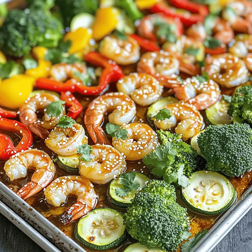 To make honey garlic shrimp and veggies, gather these items: - 1 lb (450g) large shrimp, peeled and deveined - 2 tablespoons honey - 3 tablespoons soy sauce (low sodium) - 3 cloves garlic, minced - 1 teaspoon fresh ginger, grated - 1 red bell pepper, chopped - 1 yellow bell pepper, chopped - 1 zucchini, sliced - 1 cup broccoli florets - 2 tablespoons olive oil - Salt and pepper to taste - 1 tablespoon sesame seeds (for garnish) - Fresh cilantro or parsley for garnish You can swap ingredients if needed. If you don’t have large shrimp, use medium shrimp instead. For a vegan option, try tofu or tempeh in place of shrimp. If you’re out of honey, agave syrup works well. Tamari is a good gluten-free alternative to soy sauce. You can use any veggies you like, such as carrots or snap peas. When buying shrimp, look for a firm texture and a fresh smell. Avoid shrimp that feel slimy or have a strong odor. Check the color; they should be translucent and shiny. For vegetables, choose bright and vibrant colors. Look for firm peppers and crisp broccoli florets. If the veggies are wilting or have brown spots, they are not fresh. Always buy from a trusted source to ensure quality. First, preheat your oven to 400°F (200°C). This step is key for even cooking. A hot oven helps the shrimp cook fast and keeps the veggies crisp. In a mixing bowl, mix together 2 tablespoons of honey, 3 tablespoons of low-sodium soy sauce, 3 minced garlic cloves, and 1 teaspoon of grated ginger. Add 1 pound of peeled and deveined shrimp to the bowl. Toss the shrimp well to coat them in the marinade. Let them sit for about 15 minutes. This step adds great flavor to the shrimp. While the shrimp marinates, grab a large sheet pan. Chop 1 red bell pepper and 1 yellow bell pepper. Slice 1 zucchini and prepare 1 cup of broccoli florets. Spread these veggies on the sheet pan. Drizzle 2 tablespoons of olive oil over them. Add salt and pepper to taste. Toss the veggies to mix and lay them out in an even layer. This helps them roast nicely. Once the shrimp is done marinating, lay the shrimp evenly over the veggies on the sheet pan. Pour any leftover marinade over the top. Place the sheet pan in the preheated oven. Roast for 15-20 minutes. The shrimp should turn opaque, and the veggies should be tender-crisp. Keep an eye on them to avoid overcooking. After roasting, take the sheet pan out of the oven. Sprinkle 1 tablespoon of sesame seeds on top. Add fresh cilantro or parsley for a pop of color. Serve hot, either on the sheet pan or on plates. This dish looks great and tastes even better! To avoid overcooking shrimp, pay close attention to cooking time. Shrimp cook fast, usually in 15-20 minutes at 400°F. Once they turn opaque and curl, they're done. If you leave them too long, they become rubbery. Keep an eye on them as they roast. You want tender shrimp, not tough ones. Sheet pan cooking is simple and fun. Start by preheating your oven to 400°F. This high heat helps the shrimp and veggies cook evenly. Arrange your veggies in a single layer. This allows them to roast properly and not steam. Don't overcrowd the pan. If needed, use two pans to keep things spaced out. To boost the flavor, try adding more garlic or ginger. A splash of lemon juice adds brightness too. You can also sprinkle some red pepper flakes for heat. If you love herbs, fresh cilantro or parsley makes a great finish. Experiment with different seasonings to make this dish your own! {{image_2}} You can swap in any veggies you love. Try carrots, snap peas, or asparagus. These add color and crunch. Use what’s fresh and in season. Just keep the cooking time in mind. Harder veggies should cook longer. Softer ones need less time. This way, every bite stays tasty and bright. If you want a twist, use chicken or tofu. Chicken thighs work well and stay juicy. Cut them into bite-sized pieces for fast cooking. Tofu adds a nice texture. Press it to remove extra moisture before cooking. Each protein will soak up that tasty honey garlic sauce. Want some heat? Add red pepper flakes or sriracha. Mix this in with your sauce. Start small, then taste as you go. You can also use spicy chili sauce as a base. This gives your dish a nice kick. Adjust the spice level to suit your taste. It’s fun to explore different flavors! After enjoying your honey garlic shrimp and veggies, let leftovers cool first. Once cool, place them in a clean, airtight container. Make sure to seal it tightly to keep the flavors fresh. Store it in the fridge for up to three days. This helps maintain the taste and texture of the dish. When you’re ready to enjoy leftovers, reheat them gently. The best way is to use the oven. Preheat your oven to 350°F (175°C). Spread the shrimp and veggies on a baking sheet. Heat for about 10-15 minutes or until warmed through. This method keeps the shrimp tender and the veggies crisp. You can also use the microwave. Just cover your dish with a lid or a damp paper towel to avoid dryness. Heat in short bursts, checking often. If you want to save leftovers for later, freezing is a great option. First, let the dish cool completely. Then, place it in a freezer-safe container. Make sure to remove as much air as possible. Label the container with the date. You can freeze it for up to three months. To reheat, simply thaw in the fridge overnight. Then, follow the reheating tips above to warm it up. Yes, you can use frozen shrimp. Just thaw them first. Place the shrimp in a bowl of cold water for about 15 minutes. This helps them thaw quickly and safely. After thawing, pat them dry with paper towels. This step is key to a good sear and flavor. This dish pairs well with rice or quinoa. Both options soak up the tasty sauce. You can also serve it with a side salad for a fresh crunch. Noodles also work nicely if you want something different. Feel free to experiment based on what you like. To make this dish gluten-free, swap the soy sauce for a gluten-free version. Look for brands that offer tamari or coconut aminos. Both choices taste great and work well in this recipe. Always check labels to ensure they fit your dietary needs. Enjoy the same sweet and savory flavors without worry! In this blog post, we covered the key steps to make a delicious honey garlic shrimp and veggies. I shared tips on picking fresh shrimp and veggies, along with ingredient swaps if needed. You learned how to roast everything perfectly to avoid overcooking. Remember, you can customize this dish with different proteins or veggies. This recipe is simple, tasty, and perfect for busy nights. Enjoy your meal and feel free to experiment next time!