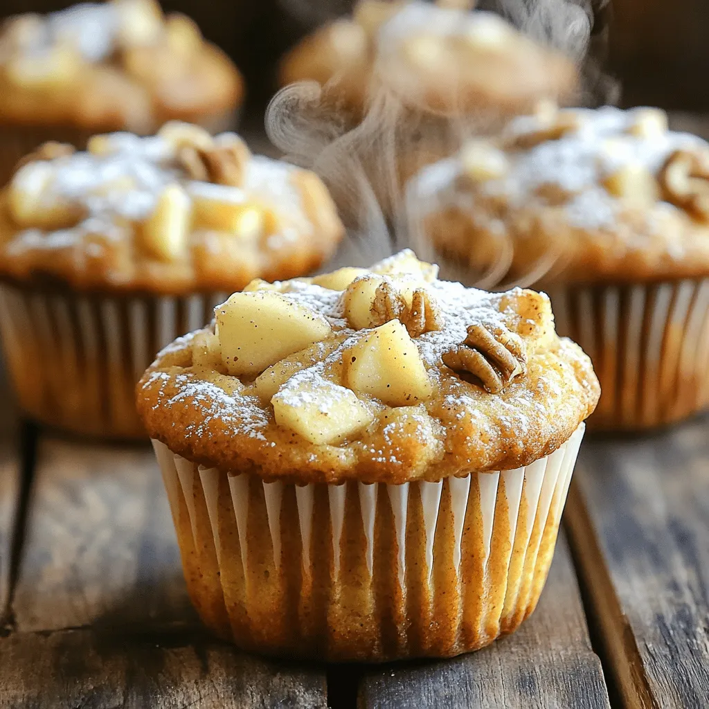 The ingredients for Apple Cinnamon Greek Yogurt Muffins are simple and healthy. Here’s what you need: - 1 ½ cups whole wheat flour - 1 teaspoon baking powder - ½ teaspoon baking soda - ½ teaspoon salt - 1 teaspoon ground cinnamon - 2 large eggs - ¾ cup Greek yogurt (plain) - ½ cup honey or maple syrup - 1 teaspoon vanilla extract - 1 apple, peeled and diced (e.g., Granny Smith or Honeycrisp) - ½ cup chopped walnuts (optional) These ingredients work together to make your muffins fluffy and tasty. Whole wheat flour adds fiber, while Greek yogurt keeps them moist. The apples bring sweetness and a juicy bite. You can add walnuts for extra crunch if you like. Choosing between honey or maple syrup lets you customize the flavor too. This recipe is all about balance and wholesome ingredients. 1. Preheating the oven: Start by preheating your oven to 350°F (175°C). This step is important. It ensures that your muffins bake evenly. 2. Mixing dry ingredients: In a large bowl, whisk together the whole wheat flour, baking powder, baking soda, salt, and ground cinnamon. Make sure they blend well. This mix gives your muffins a nice rise and flavor. 3. Combining wet ingredients: In another bowl, beat the two large eggs. Then add the Greek yogurt, honey (or maple syrup), and vanilla extract. Mix until it's smooth. This mixture adds moisture and sweetness to your muffins. 1. Incorporating dry with wet ingredients: Slowly fold the dry mix into the wet mix. Do this gently. You want it just combined. Overmixing can make your muffins tough. 2. Adding apples and walnuts: Now, fold in the diced apple. If you like, add the chopped walnuts too. They add crunch and flavor. Make sure the apples and nuts are spread evenly in the batter. 3. Filling the muffin tin and baking time: Spoon the batter into your prepared muffin tin. Fill each liner about ¾ full. Bake for 18-20 minutes. Check for doneness by inserting a toothpick. It should come out clean. 1. Cooling the muffins: Let the muffins cool in the tin for about 5 minutes. Then, transfer them to a wire rack. This step helps them cool completely and keeps them from getting soggy. 2. Presentation tips for serving: For a nice touch, dust the muffins lightly with powdered sugar. You can also serve them warm with a dollop of Greek yogurt on the side. This makes them look fancy and adds creaminess. Mixing your batter just right is key. Overmixing makes muffins tough. You want a light touch. Mix until the dry and wet are just combined. It’s okay if it looks a bit lumpy. To check if your muffins are done, use a toothpick. Insert it into the middle of a muffin. If it comes out clean, they're ready. If not, bake a few more minutes. Want to change the texture? Try different flours. Almond flour adds moisture. Oat flour gives a hearty feel. Each flour changes the muffins a bit, so experiment! For sweeteners, honey is great. Maple syrup is also tasty. You can use brown sugar if you prefer. Each option brings its flavor to the muffins. Add spices for more flavor. Nutmeg pairs well with cinnamon. A pinch of ginger adds a nice kick. You can also mix in other fruits. Blueberries or diced pears work well. Just make sure to keep the amount similar to apples. This keeps your batter balanced and delicious. {{image_2}} You can make these muffins even better for you. Start by reducing the sugar. Try cutting the honey or maple syrup by a third. You can also substitute with applesauce for natural sweetness. This keeps your muffins moist and tasty. Using low-fat Greek yogurt is another smart choice. It lowers the fat but keeps that creamy texture. It adds protein too, making these muffins a great snack. Want to switch things up? Add raisins or dried cranberries for a fruity twist. They add a nice chew and extra flavor. You might also mix in other spices, like nutmeg. Nutmeg pairs well with cinnamon and brings a warm taste. If you need a gluten-free option, you can use gluten-free flour blends. Look for blends that have a mix of rice flour and almond flour. These work well in muffins and keep them soft. Make sure to adjust your baking time. Gluten-free flours can need a bit longer to bake. Keep an eye on your muffins and test them with a toothpick. This way, they will come out perfect every time. You can store your apple cinnamon Greek yogurt muffins at room temperature. Keep them in a cool spot, away from sunlight. Use an airtight container to keep them fresh. If you prefer, you can refrigerate them. This will extend their shelf life. Just note that cold muffins may lose some moisture. To freeze your muffins, let them cool completely. Wrap each muffin tightly in plastic wrap. Place the wrapped muffins in a freezer-safe bag. This keeps them fresh and avoids freezer burn. They can stay in the freezer for up to three months. When ready to eat, thaw them in the fridge overnight or at room temperature for a few hours. You can reheat your muffins in several ways. The oven method works best. Preheat your oven to 350°F (175°C). Place the muffins on a baking sheet for about 5-10 minutes. You can also use a microwave. Heat one muffin for 15-20 seconds. To keep them moist, add a small cup of water in the microwave. This helps prevent dryness. Enjoy your warm muffins! Can I make these muffins ahead of time? Yes, you can make these muffins ahead of time. They stay good for about three days at room temperature. Just store them in an airtight container to keep them fresh. How long do these muffins stay fresh? These muffins stay fresh for about three days at room temperature. If you want to keep them longer, store them in the fridge for up to a week. What are the health benefits of Greek yogurt in muffins? Greek yogurt adds protein, which helps keep you full. It also provides calcium, which is good for bones. Plus, it adds moisture to the muffins without extra fat. How many calories are in one muffin? Each muffin has about 150 calories. This can vary based on the sweetener and any added nuts. Can I make these muffins vegan? Yes, you can make these muffins vegan. Use flax eggs instead of regular eggs. Swap Greek yogurt for a plant-based yogurt. Choose maple syrup as your sweetener for a vegan option. What types of apples work best for this recipe? Granny Smith and Honeycrisp apples work best. They add a nice tartness and sweetness, making the muffins taste great. You can use any apple you like, but these two give the best flavor. In this post, we explored a tasty muffin recipe that includes whole wheat flour, Greek yogurt, and apples. I shared step-by-step instructions to help you bake them perfectly, along with useful tips and tricks. You can even adapt the recipe for gluten-free options or healthier choices. Remember, these muffins are versatile and easy to store. Enjoy your baking journey and create muffins your family will love! Happy baking!