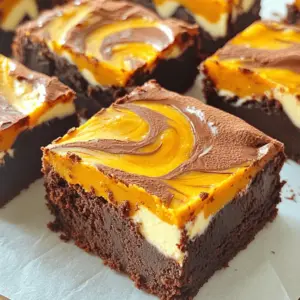- 1 cup all-purpose flour - 1 cup granulated sugar - 1/3 cup unsweetened cocoa powder - 1 teaspoon baking powder - 1/2 teaspoon salt - 1/2 cup unsalted butter, melted - 2 large eggs - 1 teaspoon vanilla extract - 1 cup canned pumpkin puree - 1 teaspoon pumpkin pie spice - 8 oz cream cheese, softened - 1/4 cup powdered sugar - 1 egg yolk To make these pumpkin cream cheese brownies, gather these ingredients. You will need flour and sugar for the base. Cocoa powder adds rich flavor. Baking powder and salt help the brownies rise. Melted butter gives a moist texture. Eggs and vanilla extract bind everything together. The star of these brownies is canned pumpkin puree. It adds moisture and flavor. Pumpkin pie spice brings warmth and depth. For the cream cheese layer, use softened cream cheese, powdered sugar, and an egg yolk. This mix creates a delicious contrast of flavors. You will love the creamy topping with the rich brownie base. These ingredients make a perfect treat for any occasion. - Preheat oven to 350°F (175°C). - Grease and line an 8x8 inch baking pan with parchment paper. Start by preheating your oven. This ensures even baking. While the oven heats, prepare your pan. Greasing the pan helps the brownies come out easily. Lining it with parchment paper adds an extra layer of ease. - Combine flour, granulated sugar, cocoa powder, baking powder, and salt. In a large bowl, mix the dry ingredients. Start with the all-purpose flour. Add the granulated sugar, cocoa powder, baking powder, and salt. Whisk them together until they blend well. This step is key for even flavor and texture. - Whisk together melted butter, eggs, and vanilla extract. - Fold in pumpkin puree and pumpkin pie spice. Next, grab another bowl. Whisk the melted butter, eggs, and vanilla extract together. This mixture adds richness. Now, pour this into the dry mix. Stir gently until just combined. Then, fold in the pumpkin puree and pumpkin pie spice. The batter will be thick and fragrant with fall flavors. - Beat softened cream cheese, powdered sugar, and egg yolk. In a separate bowl, beat the softened cream cheese. Add powdered sugar and the egg yolk. Mix until smooth. This layer adds a creamy contrast to the rich brownie base. - Pour layers of batter and cream cheese mixture. - Bake and check doneness. Now it’s time to layer! Pour half of the pumpkin brownie batter into the pan. Spread it evenly. Then, add dollops of the cream cheese mixture. Use a knife to gently swirl it for a marbled look. Pour the rest of the brownie batter on top. Spread it out evenly. Bake in your preheated oven for 30-35 minutes. Check doneness by inserting a toothpick in the center. It should come out clean with a few moist crumbs. Once done, let the brownies cool in the pan for 15 minutes. Lift them out using the parchment paper and cool completely before slicing. - Ensuring proper oven temperature: Always preheat your oven to 350°F. This step is key. An oven thermometer helps check the heat. Too hot or too cold can ruin your brownies. - Importance of measuring ingredients accurately: Use measuring cups and spoons for accuracy. Too much flour or sugar can change the texture. I recommend leveling off dry ingredients with a knife for precision. - Overmixing the batter: Mix just until combined. Overmixing can make your brownies tough. Stir gently to keep them soft and chewy. - Not cooling adequately before slicing: Patience is important. Let the brownies cool in the pan for 15 minutes. Then cool them on a wire rack fully. Cutting too soon makes a mess. - Ideas for garnishing or plating: Consider dusting powdered sugar on top. A drizzle of chocolate or caramel sauce adds flair. Fresh whipped cream pairs nicely too. - Pairing with beverages: These brownies go well with coffee or chai tea. A glass of milk is a classic choice. For something festive, try pumpkin spice latte. {{image_2}} You can make these brownies even better. Try adding nuts or chocolate chips for extra crunch. Walnuts or pecans work well. They add a nice nutty taste. You can also sprinkle in some chocolate chips for a sweet touch. If you want a twist, change the spices. Cinnamon or nutmeg can enhance the flavor. You can even try cardamom for a unique taste. These changes add depth to your brownies. For gluten-free brownies, use almond or coconut flour. These flours give a great texture. You can also find gluten-free blends to use. Just check the labels. If you want vegan brownies, swap eggs for flax eggs. Mix one tablespoon of flaxseed meal with three tablespoons of water. Let it sit until thick. Use a vegan cream cheese for the layer, and you’re set! Using fresh pumpkin gives a vibrant flavor. You can roast and puree your own pumpkins. This step adds a special touch. However, canned pumpkin is perfectly fine for ease. For the holidays, add festive toppings. Drizzle caramel or sprinkle crushed candy canes on top. These ideas make your brownies stand out on any dessert table. Store your pumpkin cream cheese brownies in an airtight container. Keep them in the fridge for best results. The cool temperature helps keep the cream cheese layer fresh. Place parchment paper between layers to avoid sticking. If you want to keep them longer, freezing is a great option. Wrap each brownie individually in plastic wrap. Then, place them in a freezer bag. This way, they stay fresh and tasty. These brownies last about 5 days in the fridge. After that, they may lose flavor and texture. If you freeze them, they can last up to three months. Look for signs of spoilage like an off smell or changes in color. If you see any mold, it’s best to toss them. Always check before enjoying your treats! Yes, you can use fresh pumpkin. Just cook and puree it until smooth. Fresh pumpkin gives a nice flavor. However, canned pumpkin is more convenient and consistent. To check doneness, insert a toothpick in the center. If it comes out clean or with a few moist crumbs, they are ready. A wet batter means they need more time. Absolutely! You can bake these brownies a day in advance. Just store them in an airtight container at room temperature. They will stay fresh and tasty. To cut neat squares, let the brownies cool completely. Use a sharp knife and wipe it clean between cuts. This gives you clean edges and a beautiful look. You can substitute cream cheese with Greek yogurt or mascarpone for a different taste. These options will change the texture slightly but still taste great. These brownies combine rich cocoa with creamy pumpkin for a delicious treat. I covered the key ingredients, steps for mixing, and baking tips to help you succeed. Remember to avoid common mistakes, like overmixing, to ensure your brownies turn out great. You can also adapt this recipe with different flavors or dietary needs. Store leftovers properly to keep them fresh. Enjoy experimenting and sharing these tasty brownies. Happy baking!