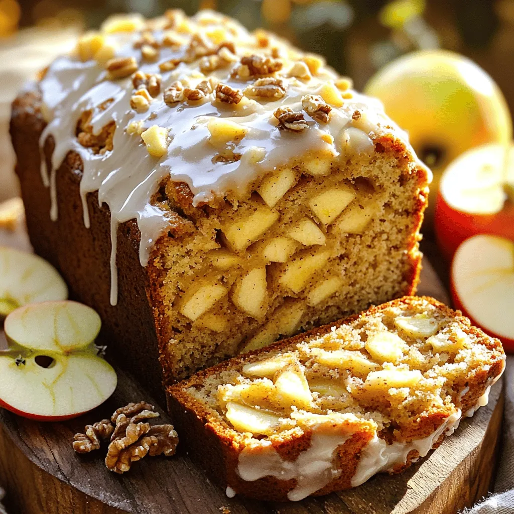 To make this tasty bread, you need a few key items: - 2 cups all-purpose flour - 1 tablespoon baking powder - 1/2 teaspoon salt - 1 teaspoon ground cinnamon - 1/4 teaspoon nutmeg - 1/2 cup granulated sugar - 1/2 cup unsalted butter, melted - 2 large eggs - 1 teaspoon vanilla extract - 1 cup diced apples (peeled and cored) These ingredients come together to create a soft, flavorful bread with a sweet glaze. You can add a few optional items for extra taste: - 1/2 cup chopped walnuts These walnuts add a nice crunch and a nutty flavor. You can skip them if you prefer a smoother texture. If you want to make some swaps, here are my top tips: - Use whole wheat flour for a healthier option. - Substitute apples with pears or peaches for a fun twist. - Swap walnuts with pecans or leave them out if you have nut allergies. These changes can help you personalize the recipe to your liking. Enjoy making your own version of glazed apple fritter bread! First, gather all your ingredients. You’ll need: - 2 cups all-purpose flour - 1 tablespoon baking powder - 1/2 teaspoon salt - 1 teaspoon ground cinnamon - 1/4 teaspoon nutmeg - 1/2 cup granulated sugar - 1/2 cup unsalted butter, melted - 2 large eggs - 1 teaspoon vanilla extract - 1 cup diced apples (peeled and cored) - 1/2 cup chopped walnuts (optional) - 1/2 cup powdered sugar (for glaze) - 2 tablespoons milk (for glaze) Make sure your apples are diced small. This helps them blend well in the bread. Preheat your oven to 350°F (175°C). Grease a 9x5 inch loaf pan so your bread won’t stick. In a medium bowl, mix the dry ingredients. Combine the flour, baking powder, salt, cinnamon, and nutmeg. Whisk them together well. In a large bowl, mix the sugar and melted butter until smooth. Add the eggs, one at a time. Mix after each egg. Then, stir in the vanilla extract. Now, add the dry mix to the wet mix. Stir gently until just combined. Don’t overmix! This keeps your bread light and fluffy. Fold in the diced apples and walnuts if you’re using them. Make sure they are evenly spread in the batter. Pour your batter into the prepared loaf pan. Smooth the top with a spatula. Place it in the oven and bake for 50-60 minutes. To check if it’s done, insert a toothpick into the center. It should come out clean when the bread is ready. Let the bread cool in the pan for 10 minutes. Then, transfer it to a wire rack to cool completely. While the bread cools, you can make the glaze. In a small bowl, whisk the powdered sugar and milk together until smooth. Once the bread has cooled, drizzle the glaze over the top. Let it soak in for extra flavor. This sweet topping really makes your apple fritter bread shine! For a soft and fluffy bread, use room temperature eggs. This helps the batter mix well. Don’t over-mix after adding the dry ingredients. Mix just until combined. Over-mixing can lead to a dense loaf. Also, ensure your butter is melted but not too hot. Hot butter can cook the eggs. One common mistake is not preheating the oven. Always preheat to the right temperature. Another error is using old baking powder. Check the expiration date to ensure it’s fresh. If the batter seems too thick, add a tablespoon of milk. This helps the bread rise better. Lastly, don’t skip the glaze—it adds a pleasant sweetness. To boost the flavor, try adding a teaspoon of lemon zest. It brightens the bread and pairs well with apples. You can also swap walnuts for pecans or almonds. These nuts give a different crunch. For a spicier twist, add a pinch of ginger or cardamom. These spices add warmth and depth. {{image_2}} You can make this bread gluten-free. Use 2 cups of gluten-free flour instead of all-purpose flour. This swap works well in most recipes. Check if the flour blend contains xanthan gum. If not, add 1 teaspoon to help bind the bread. Follow the same steps as in the original recipe. You'll still enjoy those tasty apple bites. For a vegan version, replace the eggs with flax eggs. To make one flax egg, mix 1 tablespoon of flaxseed meal with 2.5 tablespoons of water. Let it sit for 5 minutes until it thickens. Use plant-based butter instead of regular butter. Choose a non-dairy milk like almond or oat milk for the glaze. These changes keep the flavor rich while making it vegan-friendly. You can switch up the spices or fruits to match the season. In fall, add a pinch of allspice or cardamom for warmth. In summer, try mixing in fresh berries like blueberries or raspberries. They add a fresh twist to the classic taste. Feel free to experiment with flavors that you love. The key is to enjoy the process and create something special. To keep your glazed apple fritter bread fresh, follow these simple steps: - Cool completely: First, let the bread cool on a wire rack. This step prevents moisture build-up. - Wrap securely: Use plastic wrap or aluminum foil to wrap the bread tightly. This keeps air out and moisture in. - Store in a cool place: Place the wrapped bread in a cool, dry spot. A kitchen counter is perfect for short-term storage. This method helps maintain the bread's flavor and texture for up to three days. Freezing is a great way to save extra slices for later. Here’s how to do it: - Slice before freezing: Cut the bread into slices. This makes it easy to thaw only what you need. - Wrap each slice: Wrap each slice in plastic wrap. You can also use freezer bags for extra protection. - Use airtight containers: Place the wrapped slices in an airtight container or a freezer bag. This keeps them fresh and prevents freezer burn. When stored this way, the bread can last up to three months in the freezer. When you’re ready to enjoy your glazed apple fritter bread, reheating it properly is key. Here are my tips: - Oven method: Preheat your oven to 350°F (175°C). Place the slices on a baking sheet and warm them for about 10 minutes. This helps restore the bread's soft texture. - Microwave method: For a quick option, use the microwave. Heat each slice for about 15 seconds. Keep an eye on it to avoid making it too hot. These methods will help you enjoy your bread just like the day you made it! Glazed Apple Fritter Bread can last for about five days when stored properly. Keep it in an airtight container at room temperature. If you want it to last longer, you can freeze it. Wrap the bread tightly in plastic wrap and then in foil. It will stay fresh for up to three months in the freezer. Yes, you can use other fruits! Pears, peaches, or even berries work well. Just remember to chop them into small pieces. Adjust the spices slightly for different flavors. Make sure the fruit is ripe to get the best taste. You can serve this bread with maple syrup for dipping. A dollop of whipped cream or a scoop of vanilla ice cream also pairs nicely. For added crunch, sprinkle some chopped nuts on top. Fresh fruit on the side can brighten up your plate too. In this post, we explored how to make delicious glazed apple fritter bread. We covered essential and optional ingredients, along with substitutions. The step-by-step guide helped you mix, bake, and glaze for the perfect treat. Remember tips to achieve great texture and avoid common mistakes. We even shared variations for gluten-free, vegan, and seasonal options. Proper storage and reheating methods keep your bread fresh. Embrace this recipe to enjoy a delightful treat any time.