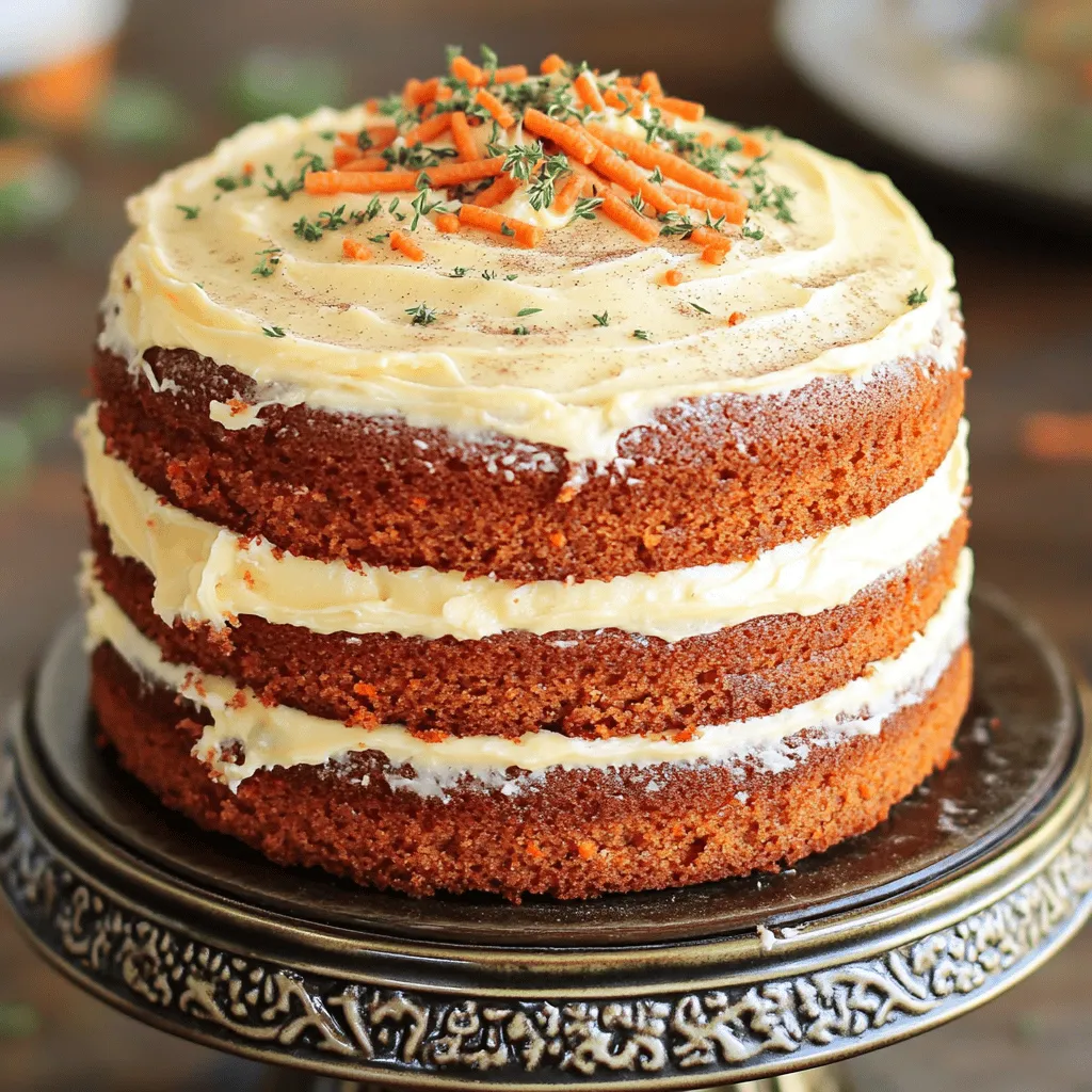 - 2 cups all-purpose flour - 2 cups granulated sugar - 1 teaspoon baking powder - 1 teaspoon baking soda - 1/2 teaspoon salt - 1 teaspoon ground cinnamon - 1/2 teaspoon ground nutmeg To start, we need our dry ingredients. All-purpose flour gives the cake body. Granulated sugar adds sweetness. The baking powder and soda help it rise. Salt enhances flavor, while cinnamon and nutmeg add warmth. - 4 large eggs - 1 cup vegetable oil - 2 cups finely grated carrots (about 4 medium carrots) - 1 cup crushed pineapple, drained Next, we gather our wet ingredients. Eggs bind the mixture. Vegetable oil keeps the cake moist. Grated carrots bring texture and sweetness. Crushed pineapple adds a juicy twist. - 1/2 cup chopped walnuts or pecans - 1/2 cup raisins For extra crunch and flavor, consider add-ins. Chopped walnuts or pecans add nutty richness. Raisins bring a chewy sweetness. Feel free to mix and match! - 8 oz cream cheese, softened - 1/2 cup unsalted butter, softened - 4 cups powdered sugar - 1 teaspoon vanilla extract For the frosting, we need cream cheese and butter. They create a rich, smooth base. Powdered sugar sweetens and thickens it. Vanilla extract adds a lovely aroma. This frosting makes the cake feel special! 1. Preheating the oven: Start by preheating your oven to 350°F (175°C). This step is key for even baking. 2. Greasing and flouring cake pans: Next, take two 9-inch round cake pans. Grease them well with butter or oil. Then, dust them with flour. This prevents the cake from sticking. 1. Combining dry ingredients: In a large bowl, mix 2 cups of all-purpose flour, 2 cups of granulated sugar, 1 teaspoon of baking powder, 1 teaspoon of baking soda, 1/2 teaspoon of salt, 1 teaspoon of ground cinnamon, and 1/2 teaspoon of ground nutmeg. Stir well to blend. 2. Mixing wet ingredients: In another bowl, crack 4 large eggs. Beat them until smooth. Then, add 1 cup of vegetable oil and mix until combined. 1. Folding in additional ingredients: Slowly pour the wet mix into the dry mix. Stir gently until just combined. Add 2 cups of finely grated carrots, 1 cup of crushed pineapple, and optional 1/2 cup of chopped walnuts or pecans and 1/2 cup of raisins. Fold these in carefully. 2. Baking time and techniques: Divide the batter evenly between the pans. Bake for 25-30 minutes. Check with a toothpick in the center. It should come out clean. 1. Making the cream cheese frosting: While the cakes cool, beat 8 oz of softened cream cheese and 1/2 cup of softened unsalted butter in a bowl until smooth. Gradually add 4 cups of powdered sugar and 1 teaspoon of vanilla extract. Mix until fluffy. 2. Layering and icing the cake: Once the cakes cool completely, place one layer on a plate. Spread a generous amount of frosting on top. Add the second layer and frost the top and sides. For fun, you can add extra nuts or a sprinkle of cinnamon. To get that perfect bakery-style texture, mix your batter gently. Overmixing makes the cake tough. Combine the dry and wet ingredients until just mixed. You want some lumps for a tender cake. When cooling, let the cakes rest in the pans for 10 minutes. This helps them firm up. Then, transfer them to a wire rack to cool completely. This step is key for perfect layering. For a smooth frosting finish, make sure your cream cheese and butter are soft. Beat them well before adding sugar. This way, you avoid lumps. Spread a thin layer first. This is called a crumb coat. Let it set before adding a thicker layer. You can spice up your presentation! Consider adding nuts or edible flowers on top. A sprinkle of cinnamon also adds flair. This makes your cake look as good as it tastes. Be careful with your ingredient measurements. Too much flour leads to a dry cake. Use a kitchen scale for accuracy if you can. Watch the baking time closely. Every oven is different. Start checking your cake at 25 minutes. Use a toothpick to test for doneness. If it comes out clean, your cake is ready! {{image_2}} You can make this carrot cake a bit healthier. Try using whole wheat flour instead of all-purpose flour. Whole wheat flour adds fiber and nutrients. You can also lower the sugar. Use half the amount or try a sugar substitute. This change keeps the cake sweet without extra sugar. Want to change the flavor? Add spices like ginger or cloves for a warm taste. You can also mix in vanilla or almond extract. For crunch and texture, use different nuts. Pecans or hazelnuts work great. You can throw in dried fruits too. Try coconut or chopped apples for a fruity twist. If you need a gluten-free option, use gluten-free flour blends. These blends mimic regular flour well. For a vegan cake, replace eggs with flax eggs or applesauce. Use a vegan butter for the frosting. This way, everyone can enjoy your delicious carrot cake! To keep your carrot cake fresh for a few days, store it at room temperature. Place the cake in a cool, dry spot. Cover it with a cake dome or wrap it in plastic wrap. This keeps moisture in and prevents it from drying out. If you want to store it longer, refrigerate the cake. Make sure to wrap it tightly in plastic wrap. This helps maintain its flavor and texture while keeping it safe from other odors in the fridge. For long-term storage, freezing is your best bet. Wrap each cake layer in plastic wrap. Then, place them in a freezer-safe bag. This prevents freezer burn. You can also freeze the cream cheese frosting in an airtight container. To thaw the cake, take it out of the freezer. Leave it in the fridge overnight. If you need it faster, let it sit at room temperature for a couple of hours. This will help the cake regain its moisture and texture. Your carrot cake can last about 3-4 days at room temperature. In the fridge, it can last up to a week. For frozen cake, it stays good for about 3 months. To keep it fresh, always check for signs of spoilage. If you see mold or smell something off, it’s best to toss it. Enjoy your delicious cake while it’s still at its best! To check if your carrot cake is done, use the toothpick test. Insert a toothpick into the center of the cake. If it comes out clean, your cake is ready. If there is batter on the toothpick, bake it a bit longer. You can also look for visual cues. The edges of the cake should be slightly pulled away from the pan. The top should be golden brown and spring back when gently pressed. Yes, you can make this cake ahead of time. Bake the cake and let it cool completely. Wrap each layer tightly in plastic wrap. This way, it stays fresh in the fridge for up to two days. If you want to bake it several days ahead, freeze the layers. They stay good for up to three months. Just thaw them in the fridge overnight before frosting. If you don't have cream cheese, you can use mascarpone cheese. It has a similar texture and taste. You can also use Greek yogurt mixed with a little butter for a lighter option. For the cake itself, if you want a dairy-free option, use non-dairy yogurt or silken tofu blended until smooth. Each option will give you a different flavor but will still be delicious! This blog post covered essential ingredients for carrot cake, detailed steps for baking, tips for texture and frosting, variations for better health, storage advice, and common FAQs. You now have a clear path to creating a delicious and moist carrot cake that everyone will love. Remember, the key lies in balancing flavors and avoiding common mistakes. Enjoy the process, and let your creativity shine. Your perfect carrot cake awaits!