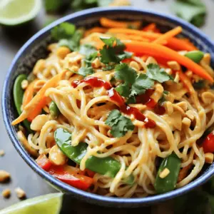 To make your Spicy Thai Peanut Noodles One Pot, you will need the following ingredients: - 8 oz rice noodles - 2 tablespoons sesame oil - 1 red bell pepper, sliced - 1 carrot, julienned - 3 green onions, chopped - 1 cup snap peas - 1 cup coconut milk - 1/2 cup natural peanut butter - 3 tablespoons soy sauce - 2 tablespoons sriracha sauce (adjust for spice level) - 1 tablespoon lime juice - 1 teaspoon grated ginger - 1 clove garlic, minced - Chopped cilantro, for garnish - Chopped peanuts, for garnish - Lime wedges, for serving These ingredients make a rich and creamy dish that packs a punch. The peanut butter gives it a nice nutty flavor, while the sriracha adds heat. The veggies provide crunch and color. For customization, you can add protein like chicken or tofu. If you want more veggies, toss in broccoli or zucchini. You can also swap rice noodles for whole grain or gluten-free options if needed. This recipe is flexible, so feel free to get creative! To start, cook the rice noodles. Follow the package instructions, but remove them from heat a minute early. This is key. They will continue to soften while you cook the rest. Drain the noodles and set them aside. This step ensures they don’t get mushy later. Next, grab a large pot or deep skillet. Heat the sesame oil over medium heat. Add the sliced red bell pepper, julienned carrot, chopped green onions, and snap peas. Sauté these veggies for about 3-4 minutes. You want them to be tender-crisp. Make sure to stir them often. This keeps them from burning. Now, let’s whip up the sauce. In a bowl, combine the coconut milk, peanut butter, soy sauce, sriracha, lime juice, grated ginger, and minced garlic. Whisk these ingredients together until smooth. The right proportions matter here. This balance creates the perfect flavor for your noodles. Pour the sauce into your pot with the sautéed veggies. Stir well to coat all the vegetables. Then, add the drained noodles. Toss everything together to mix well. Cook on low heat for 2-3 minutes. This helps the flavors meld and ensures the noodles are hot. Finally, it’s time to serve! Remove the pot from heat and dish out the noodles into bowls. For a beautiful presentation, sprinkle chopped cilantro and crushed peanuts on top. Serve with lime wedges on the side. A fresh squeeze of lime right before eating adds zest. Enjoy your colorful and tasty meal! To make your Spicy Thai Peanut Noodles just right, start with sriracha. You can add more or less to fit your taste. If you like it hot, go for three tablespoons. If you want it milder, stick with one. Taste the sauce as you mix, and adjust if needed. Common mistakes can happen, too. Avoid overcooking the rice noodles. They should be firm when you drain them. They will finish cooking in the sauce. Also, do not skip on the lime juice. It adds a bright flavor to the dish. You will need a few basic tools for this recipe: - Large pot or deep skillet - Whisk for mixing the sauce - Cutting board and knife for chopping - Measuring cups and spoons - Tongs or a spatula for mixing I recommend using a non-stick skillet. It makes cooking and cleanup easy. A good whisk helps blend the sauce smoothly. Pair your noodles with fresh veggies or a light salad. Cucumber salad goes well. It adds crunch and freshness. You can also serve the noodles with lime wedges. A squeeze of lime brightens the flavors. For drinks, iced tea or coconut water works great. They complement the dish without overpowering it. Try a light beer if you enjoy alcohol. It balances the spice nicely. {{image_2}} You can boost your Spicy Thai Peanut Noodles with protein. Chicken, tofu, or shrimp work great. - Chicken: Cut the chicken into bite-sized pieces. Sauté it with the veggies. Cook until it is no longer pink. - Tofu: Use firm tofu. Press it to remove water. Cube it and add it to the pot after sautéing the veggies. - Shrimp: Peel and devein shrimp. Add them in the last few minutes of cooking. They cook fast, so watch closely. Adjust cooking times based on the protein you choose. Make sure everything is cooked through and safe to eat. To make this dish plant-based, swap out the proteins. Here are some ideas: - Replace chicken with tofu or tempeh for protein. - Use coconut milk for creaminess without dairy. - Ensure your soy sauce is vegan; some brands add fish sauce. You can also add more veggies, like bell peppers or broccoli. This adds nutrition and flavor. If you need a gluten-free meal, it’s easy to adjust. Here’s how: - Noodles: Use rice noodles or gluten-free pasta. They work well in this recipe. - Sauce: Ensure your soy sauce is gluten-free. Look for tamari as a great option. Check all labels for hidden gluten. Enjoy your meal without worries! To keep your spicy Thai peanut noodles fresh, you should store them in the fridge. Place the noodles in an airtight container. This helps keep moisture in and prevents them from drying out. Make sure to eat leftovers within three days for the best taste. When it's time to enjoy leftovers, you want to keep the noodles tasty. One good method is to use a microwave. Heat in short bursts of 30 seconds. Stir between each burst to help them heat evenly. If you’re worried about sogginess, add a splash of water before reheating. This keeps the noodles moist but not watery. You can freeze this dish, but it’s best to do it before adding garnishes. Use a freezer-safe container for storing. When ready to eat, let the noodles thaw in the fridge overnight. To reheat, warm them slowly on the stove with a bit of water. This method helps keep the texture nice and firm. If you have nut allergies, you can use sunflower seed butter. It gives a similar texture without the nuts. Another option is tahini, made from sesame seeds. For a nut-free choice, try using soy nut butter. It works well in this recipe while keeping it safe for everyone. The spice level depends on the amount of sriracha you add. This dish can be mild or hot. If you prefer less heat, use less sriracha. You can also balance the spice with more coconut milk or peanut butter. For those who love heat, add extra sriracha or red pepper flakes. Yes, you can use other noodles! Rice noodles are great, but you can swap them for soba or udon noodles. If using spaghetti or linguine, cook them according to package instructions. Adjust cooking time as needed to ensure they blend well with the sauce. You now know how to make Spicy Thai Peanut Noodles from start to finish. We covered the essential ingredients and step-by-step cooking techniques. Remember to time your noodles and veggies right for perfect texture. Feel free to customize with proteins, adjust spice levels, or try gluten-free options. Store leftovers properly and enjoy later. This dish is versatile and can be tweaked to suit your taste. With practice, you'll master this simple yet delicious meal. Enjoy your cooking journey!