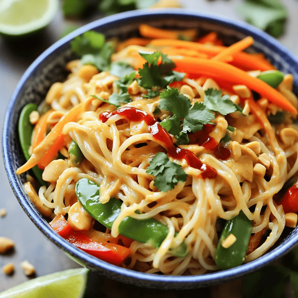 To make your Spicy Thai Peanut Noodles One Pot, you will need the following ingredients: - 8 oz rice noodles - 2 tablespoons sesame oil - 1 red bell pepper, sliced - 1 carrot, julienned - 3 green onions, chopped - 1 cup snap peas - 1 cup coconut milk - 1/2 cup natural peanut butter - 3 tablespoons soy sauce - 2 tablespoons sriracha sauce (adjust for spice level) - 1 tablespoon lime juice - 1 teaspoon grated ginger - 1 clove garlic, minced - Chopped cilantro, for garnish - Chopped peanuts, for garnish - Lime wedges, for serving These ingredients make a rich and creamy dish that packs a punch. The peanut butter gives it a nice nutty flavor, while the sriracha adds heat. The veggies provide crunch and color. For customization, you can add protein like chicken or tofu. If you want more veggies, toss in broccoli or zucchini. You can also swap rice noodles for whole grain or gluten-free options if needed. This recipe is flexible, so feel free to get creative! To start, cook the rice noodles. Follow the package instructions, but remove them from heat a minute early. This is key. They will continue to soften while you cook the rest. Drain the noodles and set them aside. This step ensures they don’t get mushy later. Next, grab a large pot or deep skillet. Heat the sesame oil over medium heat. Add the sliced red bell pepper, julienned carrot, chopped green onions, and snap peas. Sauté these veggies for about 3-4 minutes. You want them to be tender-crisp. Make sure to stir them often. This keeps them from burning. Now, let’s whip up the sauce. In a bowl, combine the coconut milk, peanut butter, soy sauce, sriracha, lime juice, grated ginger, and minced garlic. Whisk these ingredients together until smooth. The right proportions matter here. This balance creates the perfect flavor for your noodles. Pour the sauce into your pot with the sautéed veggies. Stir well to coat all the vegetables. Then, add the drained noodles. Toss everything together to mix well. Cook on low heat for 2-3 minutes. This helps the flavors meld and ensures the noodles are hot. Finally, it’s time to serve! Remove the pot from heat and dish out the noodles into bowls. For a beautiful presentation, sprinkle chopped cilantro and crushed peanuts on top. Serve with lime wedges on the side. A fresh squeeze of lime right before eating adds zest. Enjoy your colorful and tasty meal! To make your Spicy Thai Peanut Noodles just right, start with sriracha. You can add more or less to fit your taste. If you like it hot, go for three tablespoons. If you want it milder, stick with one. Taste the sauce as you mix, and adjust if needed. Common mistakes can happen, too. Avoid overcooking the rice noodles. They should be firm when you drain them. They will finish cooking in the sauce. Also, do not skip on the lime juice. It adds a bright flavor to the dish. You will need a few basic tools for this recipe: - Large pot or deep skillet - Whisk for mixing the sauce - Cutting board and knife for chopping - Measuring cups and spoons - Tongs or a spatula for mixing I recommend using a non-stick skillet. It makes cooking and cleanup easy. A good whisk helps blend the sauce smoothly. Pair your noodles with fresh veggies or a light salad. Cucumber salad goes well. It adds crunch and freshness. You can also serve the noodles with lime wedges. A squeeze of lime brightens the flavors. For drinks, iced tea or coconut water works great. They complement the dish without overpowering it. Try a light beer if you enjoy alcohol. It balances the spice nicely. {{image_2}} You can boost your Spicy Thai Peanut Noodles with protein. Chicken, tofu, or shrimp work great. - Chicken: Cut the chicken into bite-sized pieces. Sauté it with the veggies. Cook until it is no longer pink. - Tofu: Use firm tofu. Press it to remove water. Cube it and add it to the pot after sautéing the veggies. - Shrimp: Peel and devein shrimp. Add them in the last few minutes of cooking. They cook fast, so watch closely. Adjust cooking times based on the protein you choose. Make sure everything is cooked through and safe to eat. To make this dish plant-based, swap out the proteins. Here are some ideas: - Replace chicken with tofu or tempeh for protein. - Use coconut milk for creaminess without dairy. - Ensure your soy sauce is vegan; some brands add fish sauce. You can also add more veggies, like bell peppers or broccoli. This adds nutrition and flavor. If you need a gluten-free meal, it’s easy to adjust. Here’s how: - Noodles: Use rice noodles or gluten-free pasta. They work well in this recipe. - Sauce: Ensure your soy sauce is gluten-free. Look for tamari as a great option. Check all labels for hidden gluten. Enjoy your meal without worries! To keep your spicy Thai peanut noodles fresh, you should store them in the fridge. Place the noodles in an airtight container. This helps keep moisture in and prevents them from drying out. Make sure to eat leftovers within three days for the best taste. When it's time to enjoy leftovers, you want to keep the noodles tasty. One good method is to use a microwave. Heat in short bursts of 30 seconds. Stir between each burst to help them heat evenly. If you’re worried about sogginess, add a splash of water before reheating. This keeps the noodles moist but not watery. You can freeze this dish, but it’s best to do it before adding garnishes. Use a freezer-safe container for storing. When ready to eat, let the noodles thaw in the fridge overnight. To reheat, warm them slowly on the stove with a bit of water. This method helps keep the texture nice and firm. If you have nut allergies, you can use sunflower seed butter. It gives a similar texture without the nuts. Another option is tahini, made from sesame seeds. For a nut-free choice, try using soy nut butter. It works well in this recipe while keeping it safe for everyone. The spice level depends on the amount of sriracha you add. This dish can be mild or hot. If you prefer less heat, use less sriracha. You can also balance the spice with more coconut milk or peanut butter. For those who love heat, add extra sriracha or red pepper flakes. Yes, you can use other noodles! Rice noodles are great, but you can swap them for soba or udon noodles. If using spaghetti or linguine, cook them according to package instructions. Adjust cooking time as needed to ensure they blend well with the sauce. You now know how to make Spicy Thai Peanut Noodles from start to finish. We covered the essential ingredients and step-by-step cooking techniques. Remember to time your noodles and veggies right for perfect texture. Feel free to customize with proteins, adjust spice levels, or try gluten-free options. Store leftovers properly and enjoy later. This dish is versatile and can be tweaked to suit your taste. With practice, you'll master this simple yet delicious meal. Enjoy your cooking journey!