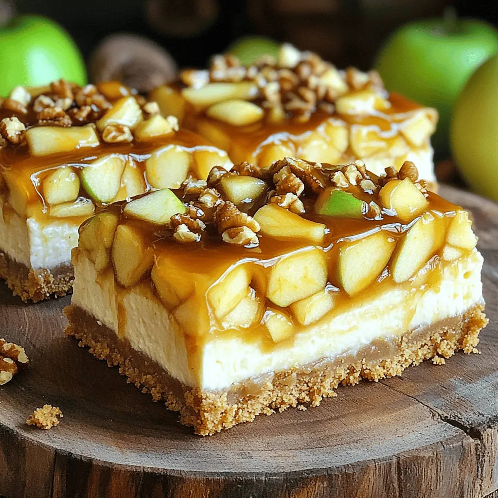 To make Caramel Apple Cheesecake Bars, gather these items: - 1 ½ cups graham cracker crumbs - ½ cup unsalted butter, melted - 2 tablespoons brown sugar - 1 teaspoon ground cinnamon - 16 oz cream cheese, softened - ½ cup granulated sugar - 1 teaspoon vanilla extract - 2 large eggs - 2 cups apples, peeled, cored, and diced (about 2 medium apples) - ½ teaspoon ground nutmeg - 1 cup caramel sauce (store-bought or homemade) - ½ cup chopped nuts (such as walnuts or pecans, optional) Nuts can add great crunch and flavor. You can use: - Walnuts - Pecans - Almonds - Hazelnuts If you prefer no nuts, simply leave them out. You can adjust ingredients based on your taste or what you have at home. Here are some ideas: - Use graham cracker crumbs made from gluten-free crackers. - Swap cream cheese for mascarpone for a lighter texture. - Replace granulated sugar with coconut sugar for a richer flavor. - Try using any apple type, like Granny Smith or Honeycrisp, for different tastes. These swaps can change the bars' flavor but still keep them delicious. To start, preheat your oven to 350°F (175°C). Grab a 9x13 inch baking pan and line it with parchment paper. Leave some overhang; this helps later when you lift out the bars. In a bowl, mix together 1 ½ cups of graham cracker crumbs, ½ cup of melted unsalted butter, 2 tablespoons of brown sugar, and 1 teaspoon of ground cinnamon. Stir until the crumbs look like wet sand. Next, press this mixture evenly into the bottom of your pan to form a crust. Bake it for 10 minutes and let it cool while you make the filling. Now, it’s time to create the creamy filling. In a large bowl, beat 16 ounces of softened cream cheese with ½ cup of granulated sugar until smooth. Add 1 teaspoon of vanilla extract and mix it in. Next, add 2 large eggs one at a time. Mix well after each addition, but don’t overmix. Gently fold in 2 cups of diced apples, ½ teaspoon of ground nutmeg, and ½ cup of chopped nuts if you choose to use them. This mix will bring in all those lovely flavors. Pour the cheesecake mixture over the cooled crust. Spread it evenly. Drizzle half of the 1 cup of caramel sauce over the top and use a knife to swirl it for a pretty marbled look. Bake in your preheated oven for 25-30 minutes. The edges should be set, but the center will still jiggle a bit. After baking, let the bars cool completely in the pan. Refrigerate them for at least 4 hours, or overnight if you can wait. Once chilled, lift them out using the parchment paper. Cut into bars and drizzle with the remaining caramel sauce before serving. Enjoy your sweet treat! To get a creamy cheesecake, use softened cream cheese. Cold cream cheese will clump. Beat it with sugar until smooth. Mix in eggs slowly, one at a time. Overmixing adds air and makes it puffy. You want a creamy, dense texture. Don’t skip the cooling step. Let your crust cool before adding the filling. If you don’t, it can get soggy. Avoid overmixing the batter. This can create cracks as it bakes. Always check that the edges are set but the center jiggles slightly. When you add the caramel, drizzle it evenly. Use a knife to swirl gently. Too much mixing will blend it in, losing that beautiful marbled look. A light hand gives you the best swirls. Drizzle extra caramel on top after cutting for more flavor. {{image_2}} You can enhance your Caramel Apple Cheesecake Bars with extra spices. Consider adding a pinch of ginger for warmth. A bit of allspice can bring a cozy, autumn taste. Or, try some vanilla bean paste for a richer flavor. Just remember, a little goes a long way! These spices can make your bars even more special. While apples are the star here, other fruits work well too. Pears provide a sweet, juicy twist. You can also use peaches for a summer flavor. Berries, like raspberries or blueberries, add a fun tartness. Just make sure to adjust the sugar if you pick sweeter fruits. This way, you keep the balance right. You can make these bars gluten-free with simple swaps. Use gluten-free graham crackers for the crust. For a vegan version, replace cream cheese with a vegan alternative. Use flax eggs instead of regular eggs. You can also find dairy-free caramel sauce. These changes let everyone enjoy this tasty treat without missing out! To keep your caramel apple cheesecake bars fresh, store them in the fridge. Place them in an airtight container. This keeps them moist and flavorful. If you cut them into bars, separate layers with parchment paper. This prevents sticking. Always cover the container tightly to avoid any odors from your fridge. You can freeze these cheesecake bars for later. First, let them cool completely. Then, wrap each bar in plastic wrap. Place wrapped bars in a freezer-safe bag or container. They can last up to three months in the freezer. When ready to eat, thaw them in the fridge overnight before serving. These bars are great for up to five days in the fridge. They taste best when chilled. I recommend serving them with a drizzle of caramel sauce. Add a sprinkle of nuts for crunch. You can also add thin apple slices for a nice touch. Enjoy these delicious bars as a dessert or a sweet snack! Yes, you can use different types of apples. I love using Granny Smith for a tart flavor. Honeycrisp works great too, as they add a nice sweetness. Mix and match your favorites for unique tastes. Check for a slight jiggle in the center. The edges should look set and firm. If the center jiggles too much, bake a few more minutes. Remember, they will firm up while cooling. These bars shine on their own, but you can enhance them with a scoop of vanilla ice cream. A dollop of whipped cream adds a nice touch as well. Serve with extra caramel sauce for a sweet treat. Chill the bars for at least four hours. For the best flavor and texture, I recommend chilling overnight. This helps the flavors meld and makes them easier to cut. Enjoy your delicious creation! This guide covered ingredients, steps, tips, and variations for Caramel Apple Cheesecake Bars. You learned how to prepare the crust, make the filling, and avoid common mistakes. Remember, a great cheesecake needs the right texture and proper storage. Experiment with flavors to find what you love. Feel free to try different apples or spices. With these tips, you can create delicious bars. You'll impress your friends and family with your skills. Enjoy your sweet creations!