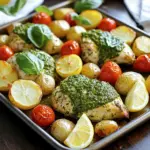 - 4 boneless, skinless chicken breasts - 1 cup basil pesto (store-bought or homemade) - 1 lb baby potatoes, halved - 2 tablespoons olive oil - 1 teaspoon garlic powder - 1 teaspoon paprika - Salt and pepper, to taste - 1 cup cherry tomatoes, halved - Fresh basil leaves, for garnish - Lemon wedges, for serving To make this dish shine, I focus on fresh and simple ingredients. You can use boneless chicken breasts for quick cooking. The basil pesto adds a strong, herby flavor. I love baby potatoes because they cook fast and taste great. For the extra ingredients, olive oil helps everything roast well. Garlic powder gives a nice kick, while paprika adds color. Don't forget the salt and pepper; they enhance all the flavors. Cherry tomatoes bring sweetness and brightness to the dish. I like to garnish with fresh basil and serve lemon wedges. They add a fresh touch to every bite. With these ingredients, you create a tasty and colorful meal. It’s easy to prepare and perfect for any day of the week. - Preheat oven to 400°F (200°C). - Line a large sheet pan with parchment paper for easy cleanup. - Combine baby potatoes with 2 tablespoons olive oil, 1 teaspoon garlic powder, 1 teaspoon paprika, salt, and pepper. - Toss to coat and spread on one side of the sheet pan. - Mix 1 cup basil pesto with a pinch of salt and pepper. - Coat each chicken breast evenly with the pesto. - Roast potatoes for 15 minutes. - Combine potatoes and chicken on the same sheet pan. - Scatter 1 cup halved cherry tomatoes and drizzle with remaining pesto. - Roast for an additional 25-30 minutes until fully cooked. This dish is simple yet packed with flavor. The aroma of roasted potatoes and pesto chicken fills the kitchen. Enjoying this meal is a delight that you can share with family and friends. - Always check that chicken reaches an internal temperature of 165°F (75°C). This keeps it safe to eat. - For crispy potatoes, don’t overcrowd the pan. Give them space to roast well. - Serve directly from the sheet pan for a rustic look. It adds charm to your meal. - Garnish with fresh basil and lemon wedges for a pop of color. This makes the dish inviting. - Experiment with different pesto flavors, like sun-dried tomato pesto. It adds a twist to the dish. - Add other vegetables, such as bell peppers or zucchini, for extra color and taste. They roast well and mix nicely. {{image_2}} You can easily switch the chicken for shrimp or firm tofu. This change gives you a nice vegetarian option. Shrimp cooks quickly and adds a sweet taste. Firm tofu gives you a great texture and absorbs flavors well. If you prefer chicken, try using chicken thighs. They provide more flavor and juiciness than breasts. For a twist, use sweet potatoes or baby carrots instead of regular potatoes. Sweet potatoes add a hint of sweetness and vibrant color. Baby carrots roast well and stay crunchy. You can also mix different types of potatoes. This creates a colorful dish and adds interest to your meal. Boost the flavor by adding Italian seasoning to the pesto. This blend offers more depth and warmth. You can also mix in fresh herbs like thyme or rosemary along with basil. These herbs enhance the aroma and taste. They bring a fresh and lively feel to your dish. Store leftovers in an airtight container for up to 3 days. Make sure the food cools down first. This keeps your dish fresh and tasty. When you're ready to eat, just take it out and enjoy! Freeze individual portions for up to 2 months. This helps you save time on busy days. To reheat, make sure to warm it thoroughly before consuming. This keeps the chicken juicy and the potatoes tasty. Reheat in the oven for the best texture. This method keeps the chicken moist and the potatoes crispy. Set your oven to 350°F (175°C) and heat for about 15 minutes. Microwave is a quick option, but it may make the potatoes softer. If you choose this method, heat in short bursts to avoid overcooking. Yes, homemade basil pesto can enhance flavor and freshness. Making pesto is easy and quick. You need fresh basil, pine nuts, garlic, olive oil, and cheese. Blend these items until smooth. This method adds a personal touch to your dish. Chicken should reach an internal temperature of 165°F (75°C) for safe consumption. Use a meat thermometer to check. This ensures the chicken is fully cooked and safe to eat. Undercooked chicken can cause illness, so always check the temperature. Fresh potatoes are recommended for best texture, but frozen can be used if necessary. Frozen potatoes save time but may not crisp as well. If using frozen, adjust cooking time. Ensure they are fully thawed before cooking for better results. Add crushed red pepper flakes or spicy pesto to increase the heat. You can also use pepper jack cheese or diced jalapeños. Adjust the spice level to fit your taste. This makes the dish exciting and flavorful! This dish combines simple ingredients for a tasty meal. You prepare chicken with pesto, roast it with potatoes and tomatoes, then serve it all together. Remember to check that your chicken reaches 165°F for safety. Feel free to swap ingredients and add your favorite flavors. Storing leftovers is easy, and reheating ensures you enjoy them later. With these tips and variations, you can make this recipe your own. Enjoy your cooking adventure!