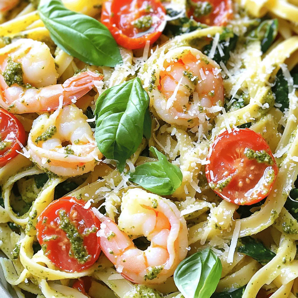 - 12 oz linguine or spaghetti - 1 lb shrimp, peeled and deveined - 1 cup heavy cream - 1/2 cup basil pesto (store-bought or homemade) - 1 cup cherry tomatoes, halved - 1 cup spinach leaves - 1/2 cup grated Parmesan cheese - 2 tablespoons olive oil - 3 cloves garlic, minced - Salt and pepper to taste - Fresh basil leaves for garnish Gather your ingredients before you start. This makes cooking easy and fun. First, choose your pasta. Linguine or spaghetti works great. Next, grab the shrimp. Peeled and deveined shrimp cooks quickly. For creaminess, use heavy cream. The basil pesto adds a lot of flavor. You can buy it or make your own. Cherry tomatoes add sweetness and color. Spinach adds nice greens, and Parmesan finishes the dish. Don't forget olive oil and garlic. They add a nice base flavor. Finally, have salt and pepper ready to season. Fresh basil leaves are great for garnish. This dish is simple and full of flavor! - Heat 2 tablespoons of olive oil in a large pot over medium heat. - Add 3 cloves of minced garlic and sauté for about 1 minute. - Now, add 1 pound of peeled and deveined shrimp. Season with salt and pepper. - Cook the shrimp for about 2-3 minutes until they turn pink. - Once cooked, set the shrimp aside on a plate. - In the same pot, add 12 ounces of linguine or spaghetti. - Pour in enough water to cover the pasta, about 4-5 cups. - Bring the water to a boil and cook the pasta until al dente, as per package instructions. - Reduce the heat to low after the pasta is cooked. - Drain excess water but leave about 1/2 cup in the pot. - Stir in 1 cup of heavy cream and 1/2 cup of basil pesto. Mix well. - Add 1 cup of halved cherry tomatoes and 1 cup of spinach leaves. Stir until the spinach wilts. - Return the shrimp to the pot and add 1/2 cup of grated Parmesan cheese. - Mix everything until the shrimp are heated through and the sauce is creamy. - Taste and adjust seasoning with salt and pepper if needed. - Let it sit for a few minutes to thicken before serving. Use homemade pesto if you want fresh flavors. Store-bought pesto saves time and works well too. Adjust the creaminess of your sauce by adding more or less heavy cream. If you like it rich, add more cream. For a lighter sauce, use less. To ensure shrimp are perfectly cooked, watch the color change. Cook them until they turn pink and opaque. This usually takes about 2-3 minutes. Avoid overcooking shrimp, as they become tough and rubbery. Remove them from the heat as soon as they are done. For some heat, add red pepper flakes to the sauce. This adds a nice kick to the dish. Also, try adding lemon juice or zest for brightness. The citrus flavor pairs well with the creamy pesto and shrimp. This little twist can take your meal to the next level! {{image_2}} You can easily swap shrimp for chicken or tofu. If you choose chicken, cut it into bite-sized pieces. Cook it in the pot just like the shrimp until it is golden brown. For tofu, use firm or extra-firm tofu. Press it to remove excess water, then cube it. Sauté it until crispy. Both options keep the dish tasty and satisfying. Adding vegetables is another great way to make it vegetarian. Try bell peppers, zucchini, or mushrooms. These veggies add color and nutrition. Simply sauté them with garlic before adding the pasta. If you want a healthier twist, use whole wheat or gluten-free pasta. Whole wheat pasta adds fiber, while gluten-free pasta is great for those with gluten issues. Both options work well with the creamy sauce. You can also play with different pasta shapes. Farfalle, penne, or even fusilli can add fun and texture. Just remember to adjust the cooking time based on the shape you choose. Feeling adventurous? Try making a sun-dried tomato sauce instead of pesto. Blend sun-dried tomatoes with cream for a rich flavor. You can also mix in some garlic and herbs for added zest. Alfredo sauce is another tasty option. Use butter, cream, and Parmesan cheese instead of pesto. This will give you a creamy, cheesy sauce that pairs nicely with shrimp. Don't forget to experiment with herbs too! Fresh thyme or oregano can add a unique flavor to your dish. You can even mix in some spinach or kale for extra greens. To keep your One-Pot Creamy Pesto Shrimp Pasta fresh, store it in an airtight container. Refrigerate it within two hours of cooking. This helps keep it safe and tasty. For best results, consume leftovers within three days. If you want to save some for later, you can freeze portions. Place the pasta in freezer-safe bags or containers. Make sure to leave some space for expansion. You can freeze it for up to three months. When reheating, I recommend using the stovetop. This method warms the pasta evenly without drying it out. Add a splash of water or cream to keep it moist. Heat it on low, stirring often until warmed through. You can also use the microwave. Just cover the dish and heat in short bursts. Stir in between to ensure even heating. In the fridge, your One-Pot Creamy Pesto Shrimp Pasta lasts about three days. If you notice any unusual smell or color change, it's best to throw it away. If the pasta has a slimy texture, do not eat it. Always trust your senses! Yes, you can prep this dish ahead. Cook the pasta and shrimp earlier. Store them in separate containers. Keep the sauce in another container. Combine everything when you're ready to eat. This will help keep the pasta from getting mushy. Heat gently on the stove to warm it up. Absolutely! You can use half-and-half for a lighter option. Coconut cream also works well for a dairy-free choice. Both will give a nice creaminess. You might need to adjust the seasonings a bit. Consider serving a side salad with mixed greens. Garlic bread is a great addition too! Roasted vegetables add color and flavor. For a fresh touch, try some sliced cucumbers or cherry tomatoes on the side. These pair nicely with the creamy pasta. In this blog post, we explored a delightful One-Pot Creamy Pesto Shrimp Pasta recipe. We covered the essential ingredients, step-by-step cooking instructions, and kitchen tools needed for success. You learned tips for perfecting your pesto and variations to keep it fresh. Remember, you can customize this dish with other proteins and pasta types. Enjoy the rich flavors, and don’t worry about leftovers—they store well. Dive into this tasty dish and impress your friends and family. Cooking should be fun and easy, so enjoy every bite!